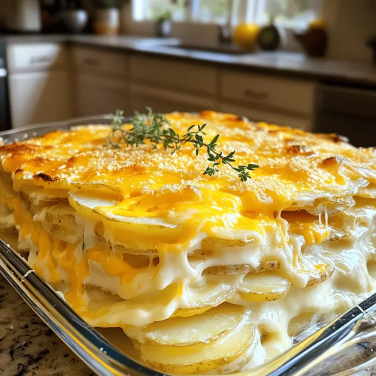 - 4 large russet potatoes, thinly sliced - 2 cups sharp cheddar cheese, grated - 1 cup heavy cream - 1 cup milk - 1 medium onion, finely chopped - 3 cloves garlic, minced - 2 tablespoons unsalted butter - 2 teaspoons fresh thyme leaves (or 1 teaspoon dried thyme) - Salt and pepper to taste - 1/4 teaspoon cayenne pepper (optional for a kick) - 1/4 cup Parmesan cheese, grated (for topping) You can swap heavy cream for half-and-half or whole milk for a lighter dish. If you want to change the cheese, try gouda or mozzarella for a different taste. For a low-carb option, use cauliflower instead of potatoes. This keeps the dish creamy and flavorful. You can mix and match these ideas to make your own special version. First, preheat your oven to 375°F (190°C). Grease a 9x13 inch baking dish with a bit of butter. This helps the potatoes not stick. Next, chop one medium onion and mince three cloves of garlic. In a medium saucepan, melt two tablespoons of unsalted butter over medium heat. Add the onion and garlic, and sauté for about five minutes. You want the onion to look clear, not brown. Then, stir in one cup of heavy cream, one cup of milk, and two teaspoons of fresh thyme leaves. Season with salt, pepper, and a pinch of cayenne for some heat. Heat this mix until it just starts to simmer, then take it off the heat. Now it's time to layer the potatoes. Take four large russet potatoes and slice them thinly. Place half of the potato slices evenly in the bottom of the greased dish. Then, sprinkle half of the grated sharp cheddar cheese over the potatoes. Pour half of the cream mixture over this layer. Make sure it covers the potatoes. Repeat these layers with the remaining potatoes, cheese, and cream. This layering technique makes each bite creamy and cheesy. Cover the baking dish with aluminum foil. Bake it in the preheated oven for 45 minutes. This helps cook the potatoes and keep them tender. After 45 minutes, carefully take off the foil. Sprinkle a quarter cup of grated Parmesan cheese on top. Bake it uncovered for another 15 to 20 minutes. The top should turn golden and bubbly. Once it’s done, let the casserole cool for about 10 minutes before you serve it. This will help the layers set and makes it easier to cut. Enjoy your cheesy scalloped potatoes! For more details, check the Full Recipe. Layering plays a big role in the creaminess of your dish. Start with a layer of potatoes, then cheese, and cream. This method helps each layer soak up flavors. Make sure to let the layers sit for a few minutes. This soaking time allows the flavors to meld. For the best texture, use russet potatoes. They are starchy and create a smooth finish. To achieve that perfect golden topping, broil the cheese at the end of baking. This step gives you a nice, crispy texture. Keep an eye on it to avoid burning. You can also add breadcrumbs on top before broiling. Breadcrumbs add a delightful crunch to each bite. Mix them with a little melted butter for extra flavor. Cheesy scalloped potatoes pair well with many dishes. They are great with roasted meats or a fresh salad. You can also serve them with grilled vegetables for a colorful plate. For added flair, sprinkle fresh herbs on top before serving. Chopped parsley or thyme enhances the dish’s look and aroma. For the complete recipe, check the [Full Recipe]. {{image_2}} You can change the flavor of your Cheesy Scalloped Potatoes by mixing different cheeses. Try mixing sharp cheddar with gouda for a creamy, rich taste. Mozzarella brings a nice stretch and mild flavor. If you want something bold, use blue cheese. It adds a unique tang that surprises your taste buds. You can make Cheesy Scalloped Potatoes even better by adding vegetables. Spinach or broccoli works well for added nutrition. Diced ham or crispy bacon gives a savory touch that many love. These additions create a heartier dish while keeping it fun and tasty. Herbs can really boost the flavor of your dish. Fresh thyme adds a nice earthy taste, while rosemary gives a touch of sweetness. If you like heat, consider cayenne pepper. Just a pinch can give your dish a spicy kick without overpowering the cheese. Enjoy exploring these variations to find your favorite mix! To keep your cheesy scalloped potatoes fresh, let them cool first. Once they are cool, transfer the leftovers to an airtight container. This helps to lock in flavor and moisture. Store them in the fridge for up to four days. Do not forget to label the container with the date! When you want to enjoy the leftovers, use the oven for the best results. Preheat your oven to 350°F (175°C). Place the potatoes in an oven-safe dish. Cover them with foil to keep them moist. Heat for about 20-25 minutes, or until warmed through. If you want to keep that creamy texture, add a splash of milk or cream before reheating. You can freeze cheesy scalloped potatoes too! To freeze, let them cool completely first. Then, cut them into portions and wrap each piece tightly in plastic wrap. Place the wrapped portions in a freezer-safe bag. They can last up to three months in the freezer. When you’re ready to enjoy them, thaw them overnight in the fridge. Reheat in the oven following the instructions above for a delicious meal. For the full recipe, check out the earlier section! Yes, you can prepare Cheesy Scalloped Potatoes in advance. This dish tastes even better after resting. To make ahead, follow these tips: - Prepare the layers as directed. - Cover the dish tightly with foil. - Store it in the fridge for up to 24 hours. - When ready, bake it straight from the fridge. - Just add an extra 10-15 minutes to the baking time. Russet potatoes are the best choice for scalloped potatoes. They have a high starch content, which adds a creamy texture. Here are a few other good options: - Yukon Gold potatoes for a buttery flavor. - Red potatoes for a firmer bite. - Fingerling potatoes for a unique shape. Choose the type you like best for a tasty result. Yes, you can easily make Cheesy Scalloped Potatoes gluten-free. Here are some alternatives: - Use gluten-free flour to thicken the cream sauce if needed. - Check the cheese labels to ensure they are gluten-free. - Always select gluten-free broth if you’re adding any. With these adjustments, everyone can enjoy this dish! For the complete recipe, see the Full Recipe section. Cheesy scalloped potatoes are a delicious and versatile dish. We explored ingredients, prep steps, and tips for the best result. You can adapt this recipe by trying different cheeses or adding vegetables. Remember to store leftovers properly to enjoy later. With the right techniques and simple tweaks, your cheesy scalloped potatoes will impress everyone. Now, gather your ingredients and start cooking! Enjoy every creamy bite.