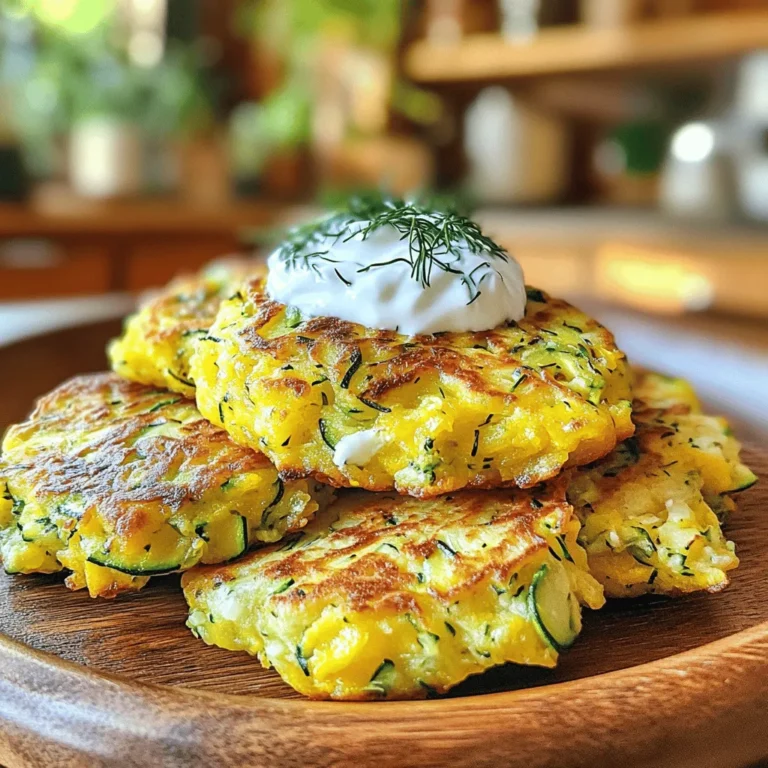 To make your zucchini and squash fritters, you will need the following ingredients: - 2 medium zucchinis, grated - 2 medium yellow squashes, grated - 1/2 cup all-purpose flour - 1/4 cup cornmeal - 1/4 cup grated Parmesan cheese - 2 large eggs - 2 green onions, finely chopped - 1 clove garlic, minced - 1 teaspoon baking powder - 1/2 teaspoon cumin powder - Salt and pepper to taste - Olive oil for frying - Optional: Fresh herbs like dill or parsley, for added flavor These ingredients come together to create a tasty dish. The zucchinis and squashes add moisture and flavor. The flour and cornmeal help bind everything, while the cheese adds a nice, salty kick. Eggs work to hold the fritters together. Green onions and garlic bring freshness and depth. Cumin adds warmth, and seasoning is key for taste. Don't forget the olive oil for frying, which gives the fritters their golden, crispy finish. For the full recipe, check out the details on how to perfectly mix and cook these delicious fritters. First, start by grating the zucchinis and yellow squashes. I find using a box grater works best. Grate them until you have a good pile. Next, place the grated veggies in a clean kitchen towel or cheesecloth. This step is key! Squeeze out the extra moisture. Too much water will make your fritters soggy. You want them nice and crispy. Now, grab a large mixing bowl. Combine the grated zucchini and squash with the flour, cornmeal, Parmesan cheese, chopped green onions, minced garlic, baking powder, cumin, salt, and pepper. Mix these dry ingredients well. In a separate bowl, beat the eggs. Then, add the eggs to the veggie mixture. Stir everything together. The mix should feel thick but easy to scoop. Heat a non-stick skillet over medium heat. Add a tablespoon of olive oil. Wait until the oil is hot. Take a spoonful of the fritter mix and drop it into the skillet. Flatten it slightly with a spatula. Cook each fritter for about 3-4 minutes on each side. Look for a golden brown color. If needed, add more oil while cooking. Once done, transfer the fritters to a paper towel-lined plate. This helps soak up any extra oil. Enjoy them warm with a dollop of Greek yogurt or sour cream. You can even sprinkle some fresh herbs on top for extra flavor. For the full recipe, check out the details above. To make crispy fritters, start by removing moisture. Grated zucchini and squash hold a lot of water. After grating, place them in a clean towel. Squeeze them tightly to get rid of excess liquid. This step is key to achieving that perfect crunch. Next, pay attention to cooking heat. If the skillet is too hot, the outside may burn while the inside stays raw. If it's too cool, the fritters will soak up oil and become soggy. A medium heat is best. Adjust as you cook, flipping the fritters when they turn golden brown. To elevate the taste, add herbs and spices. Dill and parsley work well with zucchini and squash. You can also try oregano or thyme for a different twist. For a kick, a pinch of red pepper flakes adds heat. Mix these into your batter before cooking. Dipping sauces can elevate your dish. Greek yogurt or sour cream pairs nicely with these fritters. You can add lemon juice or garlic to the yogurt for extra flavor. A simple homemade ranch dressing is also a great choice. When serving these fritters, think about accompaniments. A fresh salad with lemon vinaigrette complements the fritters well. You might also serve them with grilled vegetables for a colorful plate. For presentation, stack the fritters on a plate. Garnish with fresh herbs for a pop of color. Drizzle some sauce on top or serve it on the side for dipping. These small touches make your dish look as good as it tastes. For more details, check out the Full Recipe. {{image_2}} You can make easy swaps in this fritter recipe. If you want a gluten-free option, use almond flour or chickpea flour instead of all-purpose flour. Both work well and keep the fritters tasty. For a cheesy twist, try using feta or goat cheese instead of Parmesan. You can also mix in other veggies like grated carrots or bell peppers. This adds color and flavor to your fritters. Want to spice things up? Add chili flakes to your batter for a little kick. This gives the fritters a warm, zesty taste. You can also create Mediterranean flavors by adding olives or sun-dried tomatoes. Fresh herbs like basil or oregano can make your fritters even more fragrant and delicious. Kids love fun shapes! Make mini fritters for a perfect bite-sized snack. They are easier for little hands to hold. You can sneak in extra vegetables like finely chopped spinach or grated sweet potato. This not only boosts nutrition but also adds a fun twist to the classic recipe. To keep your zucchini and squash fritters fresh, store them in the fridge. Place the fritters in an airtight container. This helps to lock in flavor and moisture. They last about 3 to 4 days in the fridge. If you want to save them longer, freezing is a great option. To freeze, let the fritters cool completely. Then place them in a single layer on a baking sheet. Freeze them for about an hour. Once frozen, transfer them to a freezer bag. This method helps prevent them from sticking together. They can last up to 3 months in the freezer. When you're ready to enjoy your fritters again, reheating them right is key to keeping them crispy. The best way is to use an oven or air fryer. Preheat your oven to 375°F (190°C). Spread the fritters on a baking sheet in a single layer. Heat them for about 10 to 15 minutes. If using an air fryer, set it to 350°F (175°C) and cook for about 5 to 8 minutes. Avoid microwaving, as it can make the fritters soggy. Check them a few minutes before the time is up to ensure they are warm and crisp. Enjoy your delicious leftovers! To make zucchini and squash fritters, follow these steps: 1. Grate the Vegetables: Start with two medium zucchinis and two medium yellow squashes. Grate them using a box grater. 2. Remove Excess Moisture: Place the grated veggies in a clean kitchen towel. Squeeze out the water until they are dry. 3. Mix Ingredients: In a large bowl, mix the grated vegetables with 1/2 cup flour, 1/4 cup cornmeal, and 1/4 cup grated Parmesan cheese. Add 2 chopped green onions, 1 minced garlic clove, 1 teaspoon baking powder, 1/2 teaspoon cumin, and salt and pepper to taste. 4. Add Eggs: Beat 2 large eggs in a separate bowl, then mix them into the veggie mixture until well combined. 5. Heat and Cook: Heat olive oil in a skillet. Spoon the mixture into the hot oil, flattening each fritter slightly. Cook for 3-4 minutes on each side until golden brown. 6. Serve: Place the fritters on a paper towel to drain excess oil. Enjoy them warm. These steps create tasty fritters, perfect for any meal. Yes, you can make these fritters ahead of time. Here are some tips: - Prep Ahead: You can grate the zucchini and squash a few hours early. Just squeeze out the moisture and store them in the fridge. - Cook and Store: After cooking, let the fritters cool completely. Then, place them in an airtight container. - Refrigerate: Keep them in the fridge for up to three days. - Freeze for Later: You can also freeze the fritters. Use parchment paper between layers to prevent sticking. They’ll last for about three months in the freezer. Zucchini and squash fritters go well with many sides and dips. Here are some ideas: - Dips: Serve with Greek yogurt or sour cream for a creamy touch. You can also use tzatziki for a fresh taste. - Salads: Pair with a light salad, like a simple green salad or a cucumber salad. - Sauces: A drizzle of balsamic glaze or a squeeze of lemon adds brightness to the dish. - Vegetables: Enjoy with roasted or grilled vegetables for a healthy meal. These options will enhance your fritters and make your meal even more enjoyable! We explored how to make tasty zucchini and squash fritters. You learned about the key ingredients and step-by-step cooking instructions. I shared tips for achieving crispiness and ideas for serving. You also saw variations to keep meals exciting and how to store leftovers. In summary, these fritters are simple, fun, and flexible. You can customize them to fit your taste. With practice, they'll become a family favorite. Enjoy making this dish and sharing it with others!