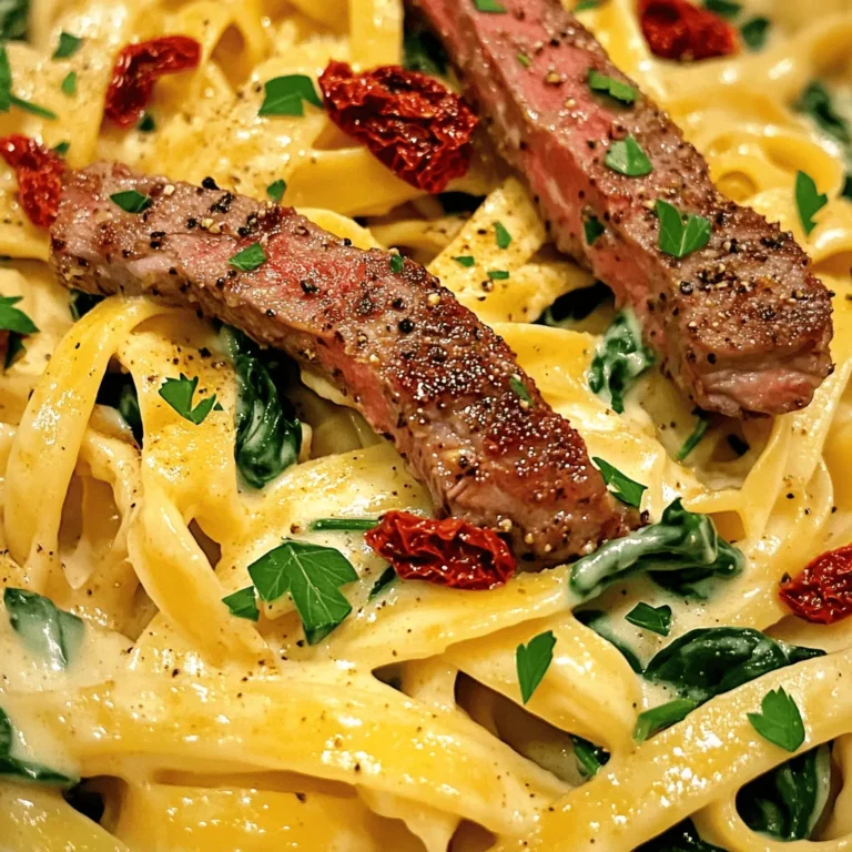 To make this dish, you need some key ingredients. Here’s what you will use: - 8 oz fettuccine pasta - 1 lb sirloin steak, sliced into strips - 2 tablespoons Cajun seasoning - 2 tablespoons olive oil - 1 cup heavy cream - 1 cup grated Parmesan cheese - 2 cloves garlic, minced - 1/2 cup sun-dried tomatoes, chopped - 1 cup spinach leaves - Salt and pepper to taste - Chopped parsley for garnish These ingredients create a rich, creamy sauce with a bold Cajun kick. The sirloin steak gives a hearty bite, while the fettuccine serves as a perfect base. You can enhance your dish with optional garnishes and seasonings. Some great choices are: - Freshly cracked black pepper - Red pepper flakes for extra heat - Extra Parmesan cheese for a cheesy touch - Lemon zest for brightness These additions can elevate the flavor profile. You can mix and match based on your taste. While fettuccine is the classic choice, you can also switch things up. Here are some pasta types that work well: - Penne - Linguine - Tagliatelle These options offer different textures and pair wonderfully with the creamy sauce. You can choose based on what you have on hand or what you prefer. For the full recipe, check the details above! First, boil a large pot of salted water. Add 8 oz of fettuccine pasta to the pot. Cook it according to the package instructions. You want it to be al dente. This means it should be firm but not hard. Once cooked, drain the pasta and set it aside. Remember to save 1/2 cup of the pasta water for later. While the pasta cooks, grab 1 lb of sirloin steak. Slice it into thin strips. Place the strips in a bowl and add 2 tablespoons of Cajun seasoning. Mix well to coat the steak evenly. This is where the flavor starts to shine! In a large skillet, heat 2 tablespoons of olive oil over medium-high heat. Once hot, add the seasoned steak. Sear it for about 3-4 minutes until it gets a nice brown color. Remove the steak from the skillet and set it aside. In the same skillet, lower the heat to medium and add 2 cloves of minced garlic. Sauté it for about a minute until you smell its aroma. Then, whisk in 1 cup of heavy cream. Let it simmer for 2-3 minutes until it thickens slightly. Now, stir in 1 cup of grated Parmesan cheese until it melts. If the sauce is too thick, add some reserved pasta water until it reaches your desired creaminess. Next, add 1/2 cup of chopped sun-dried tomatoes and 1 cup of spinach leaves to the skillet. Stir until the spinach wilts. Then, return the cooked steak to the skillet and mix everything well. Finally, add the cooked fettuccine to the skillet. Toss all the ingredients together until they are well combined. Season with salt and pepper to taste. Serve your creamy Cajun steak Alfredo and enjoy this flavorful dinner delight! You can find the Full Recipe for more details. To cook the best steak, I recommend starting with good quality meat. Sirloin works great for this dish. Slice it thinly for even cooking. Always let the steak marinate with Cajun seasoning. This adds a burst of flavor. When cooking, heat your skillet until hot. Sear the steak quickly for a nice crust. This keeps the juices inside. Avoid moving the steak too much in the pan. Let it brown evenly on each side. For a rich and creamy sauce, use heavy cream. Heat it gently in the skillet after cooking the steak. Add minced garlic for aroma and flavor. Whisk in the Parmesan cheese slowly. This ensures it melts smoothly. If the sauce gets too thick, add some reserved pasta water. This helps reach the right texture. Remember to taste and adjust the seasoning as needed. When serving, plate the dish hot and fresh. Garnish with chopped parsley for color. This adds a nice touch to the dish. Pair it with a simple side salad or garlic bread. A crisp white wine, like Sauvignon Blanc, works well too. You can also serve this dish with a light vegetable side. Roasted asparagus or green beans make great options. For extra spice, sprinkle some red pepper flakes on top. For the full recipe, check out the full recipe section. {{image_2}} You can swap steak for other proteins to mix things up. Chicken works great. Just cut chicken breasts into strips and season as you would the steak. Sear them in the skillet until golden. Shrimp is another tasty choice. Use peeled and deveined shrimp, cooking them for just a few minutes until they turn pink. Both options keep the creamy flavor while adding variety. If you want a meatless meal, go for a vegetarian version. Replace the steak with hearty vegetables. Try using mushrooms, zucchini, or bell peppers. Sauté them until tender and add them to the sauce. You can also use chickpeas for protein. They add a nice texture and flavor while keeping it filling and satisfying. While fettuccine is classic for this dish, you can get creative with pasta. Penne or rigatoni are great choices. Their shapes hold the sauce well, making every bite flavorful. For a lighter option, try zucchini noodles or spaghetti squash. They will keep the dish fresh and add a unique twist. You can find the full recipe in the section above to guide you through these variations. To keep your creamy Cajun steak Alfredo fresh, store leftovers in an airtight container. Allow the dish to cool before sealing. It stays good in the fridge for up to three days. Make sure to label your container with the date. This helps you keep track of freshness. When you're ready to enjoy your leftovers, reheat them in a skillet over medium heat. Add a splash of water or cream to keep the sauce creamy. Stir occasionally until heated through. You can also use a microwave. Just heat in short bursts, stirring in between to avoid hot spots. You can freeze creamy Cajun steak Alfredo, but the texture may change. To freeze, place the cooled dish in a freezer-safe container. It can last for up to three months. When ready to eat, thaw in the fridge overnight. Reheat gently on the stove or in the microwave, adding a little cream if needed. Enjoy your delicious meal later! For the complete recipe, check out the Full Recipe link. To adjust the spice level, you can change the Cajun seasoning. Use less for a milder taste. If you love heat, add more seasoning. You can also include a dash of hot sauce for added spice. Taste as you go to find the right balance for you. Yes! You can use other cheeses like mozzarella or gouda. Each cheese gives a unique flavor and texture. Just make sure to use a cheese that melts well. Combining different cheeses can create an exciting taste. Some great side dishes include garlic bread, a fresh salad, or roasted veggies. Garlic bread adds crunch and flavor. A salad brings a fresh contrast to the creamy dish. Roasted veggies add color and extra nutrients to your meal. To make this dish gluten-free, swap regular pasta for gluten-free fettuccine. Many brands offer excellent gluten-free options. Always check the labels to ensure no gluten is in the sauce or other ingredients. This way, everyone can enjoy this creamy Cajun steak Alfredo! Creamy Cajun Steak Alfredo combines rich flavors and simple steps. You learned about key ingredients, cooking techniques, and storage tips. Remember, you can customize it with various proteins and pasta types. This dish is versatile and perfect for any meal. With the right touches, you’ll impress family and friends. Enjoy creating your own tasty version of this classic recipe. Happy cooking!