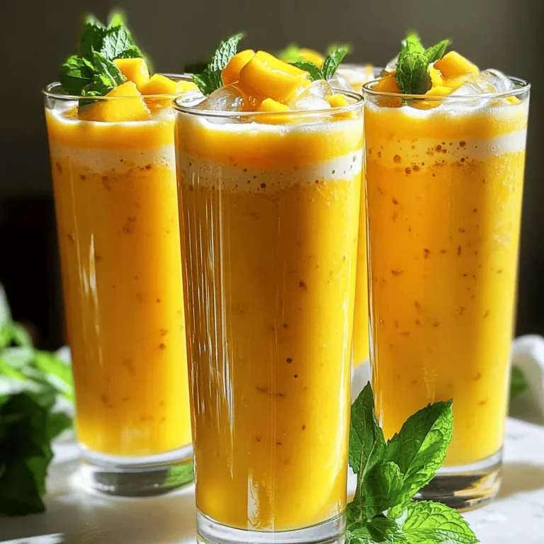 - 1 ripe mango, peeled and diced - 1 cup coconut yogurt (or regular yogurt if preferred) - 1 cup coconut water - Ice cubes (optional) - 2 tablespoons honey or maple syrup (adjust for sweetness) - 1/2 teaspoon ground cardamom - A pinch of salt Mango Coconut Lassi is a simple and tasty drink. You only need fresh ingredients and a few easy steps. The main star is the ripe mango. Pick one that feels soft but not mushy. This ensures your lassi has a sweet and rich flavor. Coconut yogurt adds creaminess. If you cannot find it, regular yogurt works too. It still gives you a nice texture. Next, we have the liquid components. Coconut water adds a light sweetness and hydration. You can add ice cubes if you want a cold drink. For sweeteners, honey or maple syrup works great. Taste it after blending. Adjust as needed to match your sweetness level. Ground cardamom gives a warm spice note. It pairs well with mango. Finally, a pinch of salt enhances all the flavors. With the right ingredients, you create a refreshing treat. For the full recipe, check out the instructions. Enjoy the creamy goodness of Mango Coconut Lassi! Start by gathering your ingredients. In a blender, combine the diced mango, coconut yogurt, coconut water, honey, ground cardamom, and a pinch of salt. Make sure you measure everything accurately for the best flavor. If you want it sweeter, you can always add more honey or maple syrup later. Now, blend the mixture on high speed until it is smooth and creamy. This should take about 30 seconds. If you like your drink cold, toss in a few ice cubes. Blend again until the ice is fully mixed in. This will give your lassi a nice chill. Once blended, pour the lassi into tall glasses. Take a moment to enjoy the color; it should be a lovely golden hue. For a nice touch, garnish each glass with fresh mint leaves. This adds a burst of color and a hint of freshness to your drink. Enjoy your Mango Coconut Lassi as a refreshing treat! For complete details, check the Full Recipe. To make a great mango coconut lassi, start with the right mango. Choose a ripe mango that feels soft when you press it gently. Look for a mango with a sweet smell. The color can vary, but it should have a nice yellow or orange hue. If you can’t find ripe mangoes, frozen mangoes are a good option. They are often picked at peak ripeness and frozen right away, keeping their sweet flavor. Next, think about yogurt. Coconut yogurt gives a creamy, tropical taste. It pairs well with mango. If you prefer regular yogurt, that works too! For a dairy-free option, look for non-dairy yogurts made from almonds, soy, or cashews. These can add nice flavors and textures to your lassi too. To make your lassi even better, consider adding spices. Ground cardamom is a great choice; it adds warmth and depth. You might also try a dash of cinnamon or nutmeg for a twist. When it comes to sweetness, taste your lassi after blending. If it’s not sweet enough, add more honey or maple syrup. Adjust it to your liking to create a perfect balance. {{image_2}} You can make your mango coconut lassi even better! Try adding other fruits. Pineapple brings a bright, sweet twist. Just chop some ripe pineapple and blend it in. Banana also adds creaminess and sweetness. Just slice a banana and toss it into the mix. For a fun twist, experiment with passion fruit. Its tartness pairs well with the mango. Scoop out the pulp and blend it for an extra zing. If you want a dairy-free lassi, it's easy. Use vegan yogurt instead of regular yogurt. Look for brands made from coconut, almond, or cashew. They taste great and keep it creamy. You can also swap coconut water for almond milk or any lactose-free option. This will still give you that refreshing taste without the dairy. Want to switch up the flavor? Add a splash of vanilla extract. This simple addition makes the lassi taste even richer. You can also try using flavored coconut water. It adds a new layer of taste. Look for options like pineapple or mango coconut water for added fun. These small changes can really elevate your drink! After making your mango coconut lassi, you may have some left. I recommend storing it in a sealed container. This helps keep it fresh. Place it in the fridge right away. The lassi stays good for about two days. Make sure to give it a stir before enjoying it again. Separation may occur, but that's normal. If you want to keep your lassi longer, freezing is a great choice. Pour the mixture into an ice cube tray or freezer-safe container. Leave some space at the top, as liquids expand when frozen. To serve after freezing, take it out and let it thaw in the fridge overnight. You can also blend it back into a creamy drink. This makes it smooth again. Pair your lassi with tasty snacks. It goes well with spicy dishes or light salads. You can also enjoy it as a refreshing drink on its own. For a fun twist, use colorful glassware. Tall glasses or mason jars look great for serving. Add a fresh mint sprig on top for a pop of color. This makes your drink even more inviting. For the full recipe, check out the earlier section. Mango coconut lassi is a tasty drink. It mixes ripe mango with coconut yogurt and coconut water. This drink is cool and creamy. The sweet mango blends with the rich yogurt. A hint of cardamom adds a special flavor. You enjoy it chilled, making it perfect for warm days. Yes, you can make this lassi ahead of time. Mix the ingredients and store it in the fridge. It stays fresh for up to two days. Just remember to stir it before serving. If it thickens, add a little coconut water to thin it out. To make this lassi vegan, use coconut yogurt and maple syrup. Coconut yogurt is a great dairy-free option. Maple syrup is a perfect sweetener instead of honey. This way, you enjoy the same yummy taste without any animal products. Check out the Full Recipe for more details on how to make this delicious drink! This blog post shared how to make a refreshing mango coconut lassi. We covered the essential ingredients, step-by-step instructions, and helpful tips. You learned how to choose ripe mangoes, select yogurt types, and explore fun variations. This drink is both delicious and simple to make. Enjoy blending your unique lassi creation, and don’t forget to share it with friends!