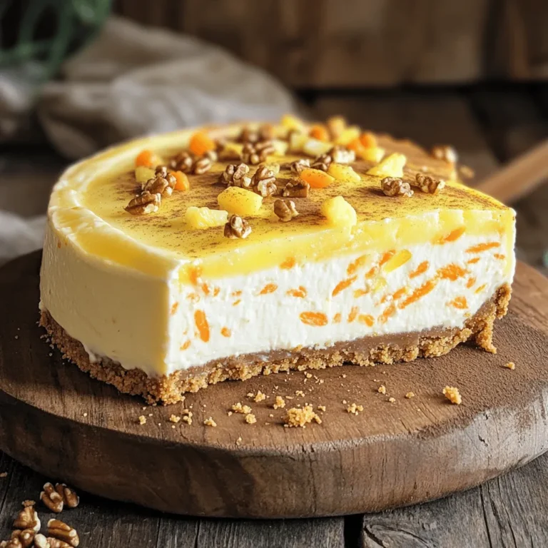 To make the Instant Pot Carrot Cake Cheesecake, you will need the following ingredients: - 1 cup graham cracker crumbs - 2 tablespoons unsalted butter, melted - 1 teaspoon cinnamon - 2 cups cream cheese, softened - 1 cup granulated sugar - 3 large eggs - 1 teaspoon vanilla extract - 1 cup grated carrots - 1/2 cup crushed pineapple, drained - 1/2 cup crushed walnuts (optional) - 1 teaspoon baking powder - Pinch of salt - 1/2 teaspoon nutmeg - 1/4 cup sour cream (optional for creaminess) You can add a touch of creativity with these optional ingredients: - Crushed walnuts: They add a nice crunch and flavor. - Sour cream: This makes the cheesecake extra creamy. - Cream cheese: Make sure it’s at room temperature. This helps in mixing and creates a smooth texture. - Carrots: Use fresh, firm carrots. Grate them just before use for the best flavor. - Pineapple: Drain it well to avoid excess moisture. This keeps your cheesecake from becoming soggy. For the full recipe, refer to the earlier sections. Enjoy your cooking! To make the crust, you start by mixing graham cracker crumbs, melted butter, and cinnamon in a bowl. Stir these ingredients until well combined. This step is key to a firm crust. A solid base keeps your cheesecake stable and prevents it from cracking. Next, press the mixture firmly into the bottom of a 7-inch springform pan. Ensure it's even and compact. Set this aside while you prepare the filling. For a smooth cheesecake filling, use room temperature cream cheese. Cold cream cheese can lead to lumps. In a large bowl, beat the softened cream cheese with an electric mixer until it's creamy. Then, add the granulated sugar and continue mixing until well combined. Next, add the eggs one by one, mixing well after each addition. This helps to create a silky texture. Finally, fold in grated carrots, crushed pineapple, and optional walnuts for added crunch. If you want a creamier texture, mix in sour cream. Now it’s time to set up the Instant Pot. Pour 1 cup of water into the bottom of the pot. Place the trivet inside and set the springform pan on top. Close the lid tightly. Set your Instant Pot to manual high pressure for 30 minutes. Once cooking is done, let it naturally release pressure for 10 minutes. This means you don’t touch the valve right away. After 10 minutes, do a quick release for any remaining steam. This method helps the cheesecake stay moist and fluffy. To get a smooth and creamy cheesecake, start with softened cream cheese. Cold cream cheese is hard to blend. Mix it until it’s silky. Avoid overmixing once you add the eggs. Overmixing can make your cheesecake crack. Cooling time is key. After cooking, let your cheesecake cool at room temp for one hour. Then, refrigerate it for at least four hours or overnight. This helps it set properly and develop its flavor. Spices can take your cheesecake to the next level. Try adding ginger or allspice for a warm kick. You can also mix in a bit of orange zest for freshness. For toppings, crushed walnuts add texture. A dollop of whipped cream gives a nice finish. You might also drizzle caramel or chocolate sauce on top. These simple additions make your cheesecake even more delightful. For the full recipe, check out the details above. {{image_2}} You can switch up the flavors in your carrot cake cheesecake. Try using different cake bases like vanilla or chocolate. These flavors mix well with the rich cream cheese filling. You can also add various fruits or nuts for extra taste. For example, try adding dried cranberries or raisins. They add sweetness and texture. If you want crunch, use pecans or almonds as a tasty addition. Each choice brings a unique twist to your cheesecake. If you need a gluten-free crust, try using almond flour or gluten-free graham crackers. This keeps the crust firm and tasty. For a dairy-free option, use cashew cream or coconut cream cheese. They give a creamy texture without the dairy. You can easily swap these ingredients without losing flavor. Don’t hesitate to experiment with these options in your Full Recipe. To keep your Instant Pot carrot cake cheesecake fresh, always store it in the fridge. The cool temperature helps it stay tasty and safe to eat. You can keep it in the fridge for up to five days. Wrap it in plastic wrap or place it in an airtight container. This prevents it from drying out or absorbing other smells from the fridge. If you want to store it longer, consider freezing it. Freezing keeps it safe for about three months. To do this, make sure it is fully cooled first. Then, wrap it tightly in plastic wrap, and add a layer of aluminum foil. This extra layer helps prevent freezer burn. When freezing your cheesecake, you have two options: freeze slices or freeze the whole cheesecake. If you choose to freeze slices, cut the cheesecake into portions. Then, wrap each slice in plastic wrap and place them in a freezer-safe bag. Remove as much air as possible from the bag before sealing. If you freeze the whole cheesecake, wrap it as described earlier. When you are ready to enjoy it again, take it out of the freezer. Place it in the fridge to thaw slowly overnight. This method helps keep the texture creamy and smooth. Avoid thawing at room temperature, as this may make it watery. To check if your cheesecake is done, look for a few signs. The edges should be set, and the center should have a slight jiggle. It will firm up as it cools. You can also insert a toothpick in the center. If it comes out clean or with a few moist crumbs, it’s ready. Yes, you can bake this cheesecake in a regular oven. Preheat your oven to 325°F. Place the springform pan in a larger baking dish. Pour hot water into the baking dish to create a water bath. Bake for about 60-70 minutes. The cheesecake should be set with a little jiggle in the center. Your cheesecake can last about 5 to 7 days in the fridge. Make sure to cover it well with plastic wrap or foil. This keeps it fresh and prevents it from absorbing other smells. For the best taste and texture, enjoy it within the first few days. You now have all the steps to make a great cheesecake. From choosing fresh ingredients to using the Instant Pot, each part matters. Remember, a firm crust and proper cooling time will improve your cheesecake’s texture. Don't hesitate to try different flavors or adjust for dietary needs. With good storage practices, your cheesecake can last longer. Enjoy your baking journey, and don’t be afraid to experiment. You can create a delicious treat for yourself and others!