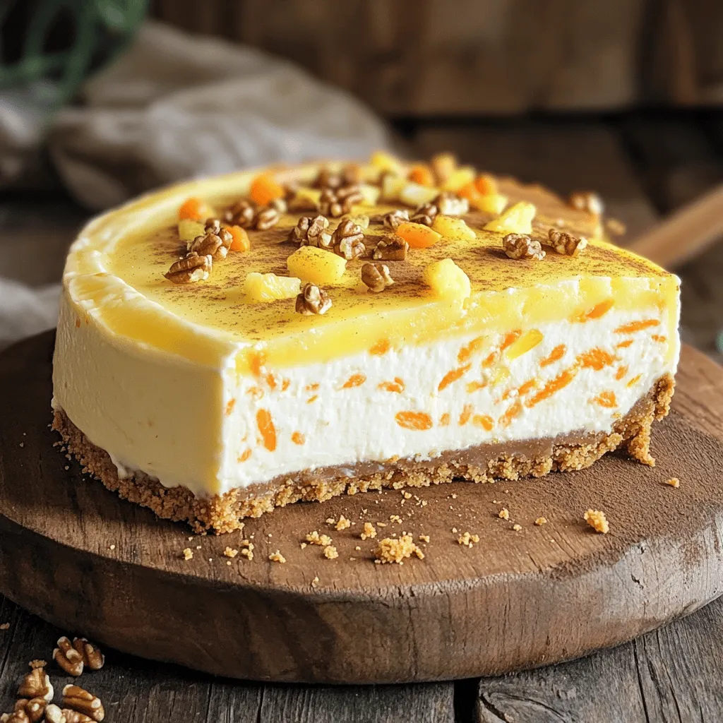 To make the Instant Pot Carrot Cake Cheesecake, you will need the following ingredients: - 1 cup graham cracker crumbs - 2 tablespoons unsalted butter, melted - 1 teaspoon cinnamon - 2 cups cream cheese, softened - 1 cup granulated sugar - 3 large eggs - 1 teaspoon vanilla extract - 1 cup grated carrots - 1/2 cup crushed pineapple, drained - 1/2 cup crushed walnuts (optional) - 1 teaspoon baking powder - Pinch of salt - 1/2 teaspoon nutmeg - 1/4 cup sour cream (optional for creaminess) You can add a touch of creativity with these optional ingredients: - Crushed walnuts: They add a nice crunch and flavor. - Sour cream: This makes the cheesecake extra creamy. - Cream cheese: Make sure it’s at room temperature. This helps in mixing and creates a smooth texture. - Carrots: Use fresh, firm carrots. Grate them just before use for the best flavor. - Pineapple: Drain it well to avoid excess moisture. This keeps your cheesecake from becoming soggy. For the full recipe, refer to the earlier sections. Enjoy your cooking! To make the crust, you start by mixing graham cracker crumbs, melted butter, and cinnamon in a bowl. Stir these ingredients until well combined. This step is key to a firm crust. A solid base keeps your cheesecake stable and prevents it from cracking. Next, press the mixture firmly into the bottom of a 7-inch springform pan. Ensure it's even and compact. Set this aside while you prepare the filling. For a smooth cheesecake filling, use room temperature cream cheese. Cold cream cheese can lead to lumps. In a large bowl, beat the softened cream cheese with an electric mixer until it's creamy. Then, add the granulated sugar and continue mixing until well combined. Next, add the eggs one by one, mixing well after each addition. This helps to create a silky texture. Finally, fold in grated carrots, crushed pineapple, and optional walnuts for added crunch. If you want a creamier texture, mix in sour cream. Now it’s time to set up the Instant Pot. Pour 1 cup of water into the bottom of the pot. Place the trivet inside and set the springform pan on top. Close the lid tightly. Set your Instant Pot to manual high pressure for 30 minutes. Once cooking is done, let it naturally release pressure for 10 minutes. This means you don’t touch the valve right away. After 10 minutes, do a quick release for any remaining steam. This method helps the cheesecake stay moist and fluffy. To get a smooth and creamy cheesecake, start with softened cream cheese. Cold cream cheese is hard to blend. Mix it until it’s silky. Avoid overmixing once you add the eggs. Overmixing can make your cheesecake crack. Cooling time is key. After cooking, let your cheesecake cool at room temp for one hour. Then, refrigerate it for at least four hours or overnight. This helps it set properly and develop its flavor. Spices can take your cheesecake to the next level. Try adding ginger or allspice for a warm kick. You can also mix in a bit of orange zest for freshness. For toppings, crushed walnuts add texture. A dollop of whipped cream gives a nice finish. You might also drizzle caramel or chocolate sauce on top. These simple additions make your cheesecake even more delightful. For the full recipe, check out the details above. {{image_2}} You can switch up the flavors in your carrot cake cheesecake. Try using different cake bases like vanilla or chocolate. These flavors mix well with the rich cream cheese filling. You can also add various fruits or nuts for extra taste. For example, try adding dried cranberries or raisins. They add sweetness and texture. If you want crunch, use pecans or almonds as a tasty addition. Each choice brings a unique twist to your cheesecake. If you need a gluten-free crust, try using almond flour or gluten-free graham crackers. This keeps the crust firm and tasty. For a dairy-free option, use cashew cream or coconut cream cheese. They give a creamy texture without the dairy. You can easily swap these ingredients without losing flavor. Don’t hesitate to experiment with these options in your Full Recipe. To keep your Instant Pot carrot cake cheesecake fresh, always store it in the fridge. The cool temperature helps it stay tasty and safe to eat. You can keep it in the fridge for up to five days. Wrap it in plastic wrap or place it in an airtight container. This prevents it from drying out or absorbing other smells from the fridge. If you want to store it longer, consider freezing it. Freezing keeps it safe for about three months. To do this, make sure it is fully cooled first. Then, wrap it tightly in plastic wrap, and add a layer of aluminum foil. This extra layer helps prevent freezer burn. When freezing your cheesecake, you have two options: freeze slices or freeze the whole cheesecake. If you choose to freeze slices, cut the cheesecake into portions. Then, wrap each slice in plastic wrap and place them in a freezer-safe bag. Remove as much air as possible from the bag before sealing. If you freeze the whole cheesecake, wrap it as described earlier. When you are ready to enjoy it again, take it out of the freezer. Place it in the fridge to thaw slowly overnight. This method helps keep the texture creamy and smooth. Avoid thawing at room temperature, as this may make it watery. To check if your cheesecake is done, look for a few signs. The edges should be set, and the center should have a slight jiggle. It will firm up as it cools. You can also insert a toothpick in the center. If it comes out clean or with a few moist crumbs, it’s ready. Yes, you can bake this cheesecake in a regular oven. Preheat your oven to 325°F. Place the springform pan in a larger baking dish. Pour hot water into the baking dish to create a water bath. Bake for about 60-70 minutes. The cheesecake should be set with a little jiggle in the center. Your cheesecake can last about 5 to 7 days in the fridge. Make sure to cover it well with plastic wrap or foil. This keeps it fresh and prevents it from absorbing other smells. For the best taste and texture, enjoy it within the first few days. You now have all the steps to make a great cheesecake. From choosing fresh ingredients to using the Instant Pot, each part matters. Remember, a firm crust and proper cooling time will improve your cheesecake’s texture. Don't hesitate to try different flavors or adjust for dietary needs. With good storage practices, your cheesecake can last longer. Enjoy your baking journey, and don’t be afraid to experiment. You can create a delicious treat for yourself and others!