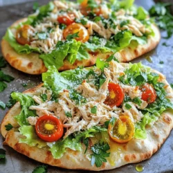 To make Chicken Caesar Flatbread, you need fresh and tasty ingredients. Here’s what you will need: - 2 large flatbreads - 1 cup cooked chicken breast, shredded - 2 cups romaine lettuce, chopped - 1/2 cup Caesar dressing - 1/4 cup grated Parmesan cheese - 1 cup cherry tomatoes, halved - 1/4 teaspoon garlic powder - Salt and pepper to taste - Olive oil for brushing - Fresh parsley, chopped (for garnish) These ingredients create a delicious blend of flavors. The chicken adds protein, while the romaine brings crunch. The Caesar dressing ties everything together with a creamy taste. If you're looking for variety, you can change a few items. Here are some options: - Use whole wheat flatbreads for a healthier twist. - Swap the chicken for grilled shrimp or tofu for a different protein. - Try spinach or kale instead of romaine for added nutrients. - Add avocado slices for creaminess. - Use feta cheese in place of Parmesan for a tangy flavor. These substitutes can give you a fresh take on the classic dish. Feel free to mix and match based on what you enjoy. This Chicken Caesar Flatbread is not only tasty but also packed with good nutrition. Here’s a quick look at its benefits: - Protein-rich: The chicken breast provides a great source of protein. - Vitamins and Minerals: Romaine lettuce adds vitamins A and K. - Healthy Fats: Olive oil contains healthy fats that are good for the heart. A single serving gives you a balanced meal. It's satisfying without being heavy. Enjoying this meal can help you feel full and energized. For the full recipe, visit the link provided. First, we need to prepare the flatbreads. Take two large flatbreads and place them on a baking sheet. Lining the sheet with parchment paper helps prevent sticking. Next, brush each flatbread lightly with olive oil. This gives them a nice flavor and helps them crisp up when baked. Now, let’s mix the chicken and Caesar dressing. In a mixing bowl, add one cup of shredded cooked chicken breast. Pour in half a cup of Caesar dressing and sprinkle in a quarter teaspoon of garlic powder, along with salt and pepper to taste. Mix everything well until the chicken is fully coated in the dressing. This step is key for flavor. It’s time to assemble the flatbread. Spread the chicken mixture evenly over each flatbread. Leave a little space around the edges for a crispy crust. Next, add two cups of chopped romaine lettuce on top of the chicken. Then, sprinkle one cup of halved cherry tomatoes and a quarter cup of grated Parmesan cheese over the lettuce. Preheat your oven to 400°F (200°C). Bake the flatbreads for 10 to 12 minutes. Look for golden edges and a crispy texture. Once baked, let them cool for a couple of minutes. Finally, garnish with fresh parsley and slice into pieces. Serve warm, and if you like, add extra Caesar dressing on the side. For the complete process, check the Full Recipe. To dress the chicken well, start with warm chicken. Cold chicken does not absorb flavors. Shred the chicken into small pieces. This helps the dressing coat evenly. Use about half a cup of Caesar dressing. Mix it with garlic powder, salt, and pepper. This adds more flavor. Make sure the chicken is well coated. You want every bite to taste great. For crispy flatbread, preheat your oven to 400°F (200°C). This high heat helps create a nice crunch. Brush the flatbreads lightly with olive oil. This step adds flavor and helps them crisp. Bake them for 10 to 12 minutes. Keep an eye on the edges; they should turn golden brown. Letting them cool for a couple of minutes also helps. This keeps them from getting soggy. One mistake is using too much dressing. This can make the flatbread soggy. Another mistake is not preheating the oven. This can lead to uneven cooking. Be sure to leave a small border on the flatbread. If you spread the toppings too close to the edge, they will spill over. Lastly, don’t skip the fresh parsley. It adds a nice touch and freshness to the dish. {{image_2}} You can easily make this dish vegetarian. Swap the chicken with grilled vegetables. Zucchini and bell peppers work well. You can also use chickpeas for protein. They add a nice crunch too. Just season them with garlic powder and olive oil before mixing. This way, you keep the flavor but change the protein source. Want to jazz up your flatbread? Add extra toppings! Sliced olives or artichokes add great flavor. You can also try avocado for creaminess. If you love spice, add jalapeños or crushed red pepper. Each topping brings a new taste. Experiment to find your favorite combination. Caesar dressing is classic, but you can mix it up! Try ranch or blue cheese for a twist. A balsamic glaze adds a sweet touch. For heat, use a spicy aioli. Each dressing gives a unique taste to the flatbread. Don't be afraid to explore new flavors. To keep your Chicken Caesar Flatbread fresh, first let it cool down. Then, wrap each piece tightly in plastic wrap or foil. You can also place the flatbreads in an airtight container. Store them in the fridge for up to three days. This helps prevent them from drying out. When you’re ready to enjoy your leftover flatbread, heat your oven to 350°F (175°C). Place the flatbread on a baking sheet. Cover it with foil to keep it moist. Heat for about 10-15 minutes, or until warm. This method keeps the crust crispy and the toppings tasty. If you want to freeze Chicken Caesar Flatbread, let it cool completely first. Wrap each piece in plastic wrap and then foil. Store them in the freezer for up to two months. When you’re ready to eat, thaw it in the fridge overnight. Reheat it in the oven for the best texture. Enjoy your Chicken Caesar Flatbread later with ease! For the complete recipe, check out the full recipe section. Yes, you can make Chicken Caesar Flatbread ahead of time. Prepare the flatbread without baking it. Store the assembled flatbreads in plastic wrap in the fridge. When you're ready, bake them fresh. This keeps the flatbreads crispy and tasty. If you want a change, use ranch or Greek yogurt dressing. You can also try a lemon vinaigrette for a lighter taste. These options keep the dish fresh and exciting while still being delicious. Absolutely! Use gluten-free flatbreads as a base. Many stores sell great options. Just check the label to make sure they fit your diet. This small swap keeps your meal gluten-free without losing flavor. To boost protein, add chickpeas or black beans. These ingredients mix well with chicken and add texture. You can also top with extra shredded chicken or even grilled shrimp for a heartier meal. Pair your flatbread with a simple side salad or vegetable sticks. A light soup also complements it nicely. These pairings keep the meal balanced and add freshness to your plate. For more ideas, check out the Full Recipe for serving suggestions. You learned how to make Chicken Caesar Flatbread from scratch. We covered the key ingredients, step-by-step instructions, and helpful tips. I shared nutrition facts and different variations for you to try. Plus, there’s advice on storing leftovers and answers to common questions. With this info, you can create a tasty meal with ease, fun, and flavor. Enjoy your cooking and feel free to get creative with this dish!