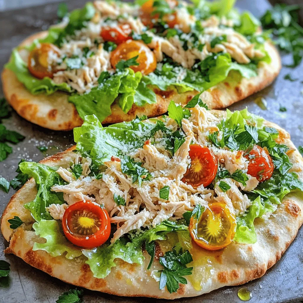 To make Chicken Caesar Flatbread, you need fresh and tasty ingredients. Here’s what you will need: - 2 large flatbreads - 1 cup cooked chicken breast, shredded - 2 cups romaine lettuce, chopped - 1/2 cup Caesar dressing - 1/4 cup grated Parmesan cheese - 1 cup cherry tomatoes, halved - 1/4 teaspoon garlic powder - Salt and pepper to taste - Olive oil for brushing - Fresh parsley, chopped (for garnish) These ingredients create a delicious blend of flavors. The chicken adds protein, while the romaine brings crunch. The Caesar dressing ties everything together with a creamy taste. If you're looking for variety, you can change a few items. Here are some options: - Use whole wheat flatbreads for a healthier twist. - Swap the chicken for grilled shrimp or tofu for a different protein. - Try spinach or kale instead of romaine for added nutrients. - Add avocado slices for creaminess. - Use feta cheese in place of Parmesan for a tangy flavor. These substitutes can give you a fresh take on the classic dish. Feel free to mix and match based on what you enjoy. This Chicken Caesar Flatbread is not only tasty but also packed with good nutrition. Here’s a quick look at its benefits: - Protein-rich: The chicken breast provides a great source of protein. - Vitamins and Minerals: Romaine lettuce adds vitamins A and K. - Healthy Fats: Olive oil contains healthy fats that are good for the heart. A single serving gives you a balanced meal. It's satisfying without being heavy. Enjoying this meal can help you feel full and energized. For the full recipe, visit the link provided. First, we need to prepare the flatbreads. Take two large flatbreads and place them on a baking sheet. Lining the sheet with parchment paper helps prevent sticking. Next, brush each flatbread lightly with olive oil. This gives them a nice flavor and helps them crisp up when baked. Now, let’s mix the chicken and Caesar dressing. In a mixing bowl, add one cup of shredded cooked chicken breast. Pour in half a cup of Caesar dressing and sprinkle in a quarter teaspoon of garlic powder, along with salt and pepper to taste. Mix everything well until the chicken is fully coated in the dressing. This step is key for flavor. It’s time to assemble the flatbread. Spread the chicken mixture evenly over each flatbread. Leave a little space around the edges for a crispy crust. Next, add two cups of chopped romaine lettuce on top of the chicken. Then, sprinkle one cup of halved cherry tomatoes and a quarter cup of grated Parmesan cheese over the lettuce. Preheat your oven to 400°F (200°C). Bake the flatbreads for 10 to 12 minutes. Look for golden edges and a crispy texture. Once baked, let them cool for a couple of minutes. Finally, garnish with fresh parsley and slice into pieces. Serve warm, and if you like, add extra Caesar dressing on the side. For the complete process, check the Full Recipe. To dress the chicken well, start with warm chicken. Cold chicken does not absorb flavors. Shred the chicken into small pieces. This helps the dressing coat evenly. Use about half a cup of Caesar dressing. Mix it with garlic powder, salt, and pepper. This adds more flavor. Make sure the chicken is well coated. You want every bite to taste great. For crispy flatbread, preheat your oven to 400°F (200°C). This high heat helps create a nice crunch. Brush the flatbreads lightly with olive oil. This step adds flavor and helps them crisp. Bake them for 10 to 12 minutes. Keep an eye on the edges; they should turn golden brown. Letting them cool for a couple of minutes also helps. This keeps them from getting soggy. One mistake is using too much dressing. This can make the flatbread soggy. Another mistake is not preheating the oven. This can lead to uneven cooking. Be sure to leave a small border on the flatbread. If you spread the toppings too close to the edge, they will spill over. Lastly, don’t skip the fresh parsley. It adds a nice touch and freshness to the dish. {{image_2}} You can easily make this dish vegetarian. Swap the chicken with grilled vegetables. Zucchini and bell peppers work well. You can also use chickpeas for protein. They add a nice crunch too. Just season them with garlic powder and olive oil before mixing. This way, you keep the flavor but change the protein source. Want to jazz up your flatbread? Add extra toppings! Sliced olives or artichokes add great flavor. You can also try avocado for creaminess. If you love spice, add jalapeños or crushed red pepper. Each topping brings a new taste. Experiment to find your favorite combination. Caesar dressing is classic, but you can mix it up! Try ranch or blue cheese for a twist. A balsamic glaze adds a sweet touch. For heat, use a spicy aioli. Each dressing gives a unique taste to the flatbread. Don't be afraid to explore new flavors. To keep your Chicken Caesar Flatbread fresh, first let it cool down. Then, wrap each piece tightly in plastic wrap or foil. You can also place the flatbreads in an airtight container. Store them in the fridge for up to three days. This helps prevent them from drying out. When you’re ready to enjoy your leftover flatbread, heat your oven to 350°F (175°C). Place the flatbread on a baking sheet. Cover it with foil to keep it moist. Heat for about 10-15 minutes, or until warm. This method keeps the crust crispy and the toppings tasty. If you want to freeze Chicken Caesar Flatbread, let it cool completely first. Wrap each piece in plastic wrap and then foil. Store them in the freezer for up to two months. When you’re ready to eat, thaw it in the fridge overnight. Reheat it in the oven for the best texture. Enjoy your Chicken Caesar Flatbread later with ease! For the complete recipe, check out the full recipe section. Yes, you can make Chicken Caesar Flatbread ahead of time. Prepare the flatbread without baking it. Store the assembled flatbreads in plastic wrap in the fridge. When you're ready, bake them fresh. This keeps the flatbreads crispy and tasty. If you want a change, use ranch or Greek yogurt dressing. You can also try a lemon vinaigrette for a lighter taste. These options keep the dish fresh and exciting while still being delicious. Absolutely! Use gluten-free flatbreads as a base. Many stores sell great options. Just check the label to make sure they fit your diet. This small swap keeps your meal gluten-free without losing flavor. To boost protein, add chickpeas or black beans. These ingredients mix well with chicken and add texture. You can also top with extra shredded chicken or even grilled shrimp for a heartier meal. Pair your flatbread with a simple side salad or vegetable sticks. A light soup also complements it nicely. These pairings keep the meal balanced and add freshness to your plate. For more ideas, check out the Full Recipe for serving suggestions. You learned how to make Chicken Caesar Flatbread from scratch. We covered the key ingredients, step-by-step instructions, and helpful tips. I shared nutrition facts and different variations for you to try. Plus, there’s advice on storing leftovers and answers to common questions. With this info, you can create a tasty meal with ease, fun, and flavor. Enjoy your cooking and feel free to get creative with this dish!