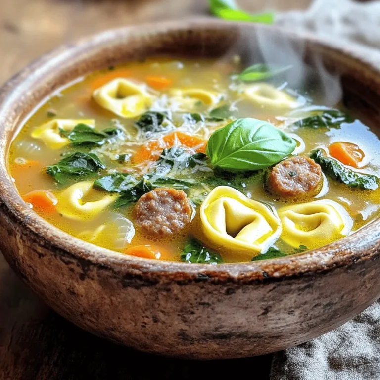 To make a warm bowl of sausage tortellini soup, you need fresh, tasty ingredients. Here is what you will need: - 1 pound Italian sausage (choose spicy or sweet) - 1 medium onion, chopped - 3 cloves garlic, minced - 3 medium carrots, diced - 2 celery stalks, diced - 6 cups chicken broth - 1 can (14 oz) diced tomatoes, undrained - 2 cups fresh spinach - 9 oz cheese tortellini - 1 teaspoon Italian seasoning - Salt and pepper to taste - 2 tablespoons olive oil - Fresh basil for garnish (optional) - Grated Parmesan cheese (for serving, optional) Each of these ingredients plays a key role in building flavor. The sausage adds a rich, savory base. The onion and garlic bring a sweet depth. Carrots and celery add a nice crunch. Chicken broth makes the soup warm and hearty, while diced tomatoes give a touch of acidity. For cooking oils, I recommend using olive oil. It enhances the flavors without overpowering them. The Italian seasoning ties everything together, bringing a touch of herbs to your soup. Optional garnishes, like fresh basil and grated Parmesan, add a burst of freshness and creaminess. They can elevate your soup's presentation and taste. If you're ready to dive deeper into making this delicious dish, check out the Full Recipe! To make Sausage Tortellini Soup, follow these easy steps. I will guide you through the process. 1. Start by heating the olive oil in a large pot over medium heat. This step takes about 1 minute. 2. Add the chopped onion, diced carrots, and diced celery. Sauté them for about 5 minutes. You want them to soften but not brown. Stir them often. 3. Next, add the minced garlic. Cook it for 1 minute. The garlic will smell great! 4. Remove the casing from the Italian sausage. Crumble it into the pot. Cook it for about 7-8 minutes. Stir it often until the sausage is brown and no longer pink. This step is key for flavor. 5. Pour in the chicken broth. Add the undrained diced tomatoes and Italian seasoning. Bring this mixture to a boil. It should take around 5 minutes. 6. Once it boils, reduce the heat to medium-low. Now, add the cheese tortellini. This will cook for about 5-7 minutes. Stir it gently to keep it from sticking. 7. Check the tortellini for doneness. It should be tender but still firm. 8. Finally, stir in the fresh spinach until it wilts. Taste the soup. Add salt and pepper as needed. 9. Serve the soup hot in bowls. If you want, garnish with fresh basil and grated Parmesan cheese. This process takes around 30 minutes from start to finish. Enjoy your cozy and flavorful bowl of Sausage Tortellini Soup! For more details, check the Full Recipe. To make your sausage tortellini soup shine, focus on layering flavors. Start by sautéing the onion, carrots, and celery. This step builds a great base. Use a heavy pot like a Dutch oven. It heats evenly and holds heat well. Adding fresh garlic at the right time is key. Cook it just before you add the sausage. This keeps the garlic from burning. For the sausage, crumbling it helps it cook faster and blend into the soup. Avoid overcooking the tortellini. Follow the package instructions for timing. It should be tender but not mushy. If you overcook it, the texture will suffer. This soup takes about 30 minutes total. You will spend about 10 minutes prepping and 20 minutes cooking. It cooks fast, making it a great weeknight meal. Pair this soup with a simple side salad or crusty bread. A crisp green salad adds freshness. A glass of white wine also works well. It complements the soup's flavors nicely. For a cozy touch, serve with grated Parmesan and fresh basil on top. These add a burst of flavor and make your dish look lovely! For the full recipe, check the earlier section. {{image_2}} You can easily change this sausage tortellini soup to fit your needs. If you want a vegetarian option, swap the sausage for mushrooms or lentils. Both give a nice flavor and texture. For a vegan twist, use vegetable broth and skip the cheese tortellini. You can find vegan tortellini made from chickpeas or other plants. If you like different flavors, try using chicken sausage or turkey sausage. These meats add a lighter taste. You can also experiment with spicy sausage for a kick. If you have dietary restrictions, replace the pasta with gluten-free options like quinoa or rice. Each swap will still keep your soup tasty. Seasonal veggies can change your soup's flavor profile. In spring, add peas or asparagus for freshness. In summer, use zucchini or bell peppers for a light touch. Fall brings butternut squash or sweet potatoes, which add warmth. Winter is perfect for hearty vegetables like kale or root veggies. For winter, make a thicker soup by adding more tortellini. In summer, keep it lighter by using less broth and more veggies. Each season tells a story through your soup. The soup will feel different but remain comforting and warm. To store your leftover sausage tortellini soup, place it in an airtight container. This keeps it fresh and safe to eat. You can store it in the fridge for up to three days. Be sure to let it cool down before sealing. This helps prevent moisture build-up inside the container. Want to save some soup for later? Freezing is a great choice. First, cool the soup completely. Then, pour it into freezer-safe bags or containers. Leave some space at the top, as liquids expand when frozen. You can freeze the soup for up to three months. When you’re ready to eat, move the soup to the fridge overnight to thaw. For a quicker option, use the microwave. Heat it in short bursts, stirring often. Once hot, enjoy your cozy bowl of sausage tortellini soup. For the full recipe, check out the earlier sections of this article! How can I make this soup spicier? You can add red pepper flakes or hot sauce. For more heat, use spicy sausage. This adds a nice kick without changing the soup's base flavor. Can I use frozen tortellini? Yes, frozen tortellini works great! Just add it directly to the pot. Cook it a few extra minutes until it is tender. Is this soup suitable for meal prep? Absolutely! This soup stores well in the fridge. Make a big batch and enjoy it later. Just reheat it on the stove or in the microwave. What goes well with sausage tortellini soup? Crusty bread or a fresh salad pairs nicely. You can also serve it with garlic bread for a cozy meal. Can I add other vegetables to the soup? Yes, feel free to add your favorites! Zucchini, bell peppers, or green beans work well. Just chop them small and add them early to cook through. For the complete cooking process, check out the Full Recipe. This blog post covered every step to make delicious sausage tortellini soup. We explored the needed ingredients, preparation steps, and cooking tips. You now know how to customize this dish for your taste and the best ways to store leftovers. Remember, cooking is all about enjoying the process and finding what works for you. With these guidelines, you can create a hearty meal the whole family will love. Enjoy your cooking adventure and feel free to experiment with flavors!