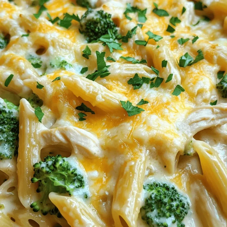 To make this Easy Chicken Alfredo Bake, you will need a few simple ingredients. Here’s the list: - 2 cups cooked pasta (penne or rotini) - 2 cups cooked chicken breast, shredded - 2 cups Alfredo sauce (store-bought or homemade) - 1 cup broccoli florets, steamed - 1 cup shredded mozzarella cheese - 1/2 cup grated Parmesan cheese - 1 teaspoon garlic powder - 1 teaspoon Italian seasoning - Salt and pepper to taste - Fresh parsley, chopped for garnish Each ingredient adds its own charm. The pasta gives a nice base, while the chicken offers protein. The Alfredo sauce makes everything creamy and rich. Broccoli brings color and a hint of health. Cheeses add that warm, melty goodness we all love. Garlic powder and Italian seasoning provide great flavor. Don’t forget the salt and pepper to balance it all out! This dish is not just for dinner; it’s perfect for a cozy gathering. You can find the Full Recipe above to ensure you gather everything you need before you start cooking. - Preheat the oven to 350°F (175°C). - In a large mixing bowl, combine: - 2 cups cooked pasta (penne or rotini) - 2 cups cooked chicken breast, shredded - 1 cup broccoli florets, steamed - 2 cups Alfredo sauce (store-bought or homemade) - Mix until all the ingredients are evenly coated. - Add: - 1 teaspoon garlic powder - 1 teaspoon Italian seasoning - Salt and pepper to taste - Stir well to combine. - Pour the mixture into a greased 9x13-inch baking dish. - Smooth out the top with a spatula. - Sprinkle: - 1 cup shredded mozzarella cheese - 1/2 cup grated Parmesan cheese - Cover the dish with aluminum foil. - Bake for 20 minutes. - Remove the foil and bake for an additional 10-15 minutes. - Look for bubbly, golden cheese. - Let the dish cool for a few minutes. - Garnish with fresh parsley. - Cut into portions for serving. For the full recipe and more details, check the Full Recipe. Enjoy your cheesy, comforting dish! - Use rotini for better sauce coverage. Rotini’s twists trap sauce well. - Opt for homemade Alfredo for richer flavor. Fresh ingredients make a big difference. - Pair with garlic bread and salad. This adds crunch and freshness to each bite. - Serve with extra Parmesan on the side. It lets everyone add their own cheesy touch. - Overcooking the pasta initially. This can make the final dish mushy and unappealing. - Not letting the dish cool before serving. Cooling helps the sauce set and makes it easier to cut. For more details, check out the Full Recipe to make this dish shine! {{image_2}} You can change the main protein in this dish. Substitute chicken with turkey or shrimp. Both options add a nice twist. You can also use whole wheat pasta for a healthier choice. This simple swap boosts fiber without losing taste. If you need to avoid gluten, use gluten-free pasta. It works well and keeps the dish tasty. For a vegan version, try plant-based Alfredo and cheese. This makes the dish creamy while keeping it dairy-free. Want some extra kick? Add red pepper flakes for heat. This small change makes a big impact. You can also include sautéed mushrooms or bell peppers. These add depth and texture to your Easy Chicken Alfredo Bake. For the full recipe, check out the details above. After you enjoy your Easy Chicken Alfredo Bake, store leftovers in an airtight container. This keeps the dish fresh for up to 3 days. When you're ready to eat, reheat it in the oven. This helps maintain the dish's creamy texture and gooey cheese. You can freeze any extra portions of your Alfredo bake. Just make sure to store them in a freezer-safe container. It will stay good for up to 3 months. When you're ready to enjoy it again, thaw the dish overnight in the fridge. This makes reheating simple and even. For the best results, reheat your Alfredo bake in the oven. This ensures the dish warms evenly. Before you put it in the oven, add a splash of milk. This step keeps the sauce creamy and delicious. It lasts up to 3 days when stored properly. To keep it fresh, place it in an airtight container. This helps prevent any odors from mixing in your fridge. Yes, you can assemble it a day before and bake when ready. This makes it great for busy days. Just cover it tightly and store it in the fridge. When you’re ready, bake it as usual. Garlic bread, side salads, or steamed vegetables are great options. Garlic bread adds a nice crunch. A simple salad brings freshness. Steamed veggies add color and nutrients. Yes, feel free to experiment with cheeses like Gouda or Fontina. Each cheese adds its own flavor twist. Mixing cheeses can make your dish even tastier. Try them out to find your favorite blend. You now have a simple and tasty Easy Chicken Alfredo Bake recipe. This dish combines pasta, chicken, and creamy Alfredo sauce for a winner meal. Remember to use fresh ingredients and follow the steps for perfect results. Don't forget the options to change ingredients based on taste or diet. Whether you make it for dinner or leftovers, it’s sure to please everyone. Enjoy your cooking and have fun creating variations that suit your family best.