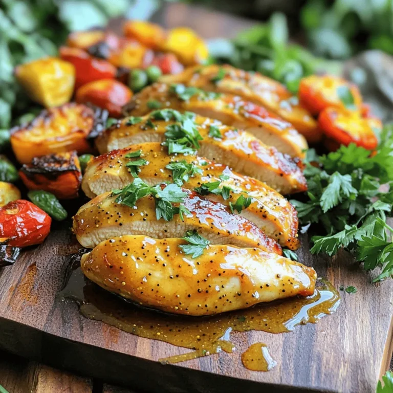 - 4 boneless, skinless chicken breasts - 1/4 cup honey - 1/4 cup Dijon mustard - 2 tablespoons olive oil - 3 cloves garlic, minced - 1 teaspoon dried thyme - 1 teaspoon smoked paprika - Salt and pepper to taste - Fresh parsley, chopped (for garnish) Gather these ingredients for a tasty Honey Mustard Chicken. Each item plays a key role. The chicken gives a juicy base. Honey adds sweetness, while mustard brings a tangy kick. Olive oil helps keep the chicken moist during cooking. For flavor, garlic adds depth. Thyme gives a warm herbal note. Smoked paprika adds a hint of smokiness. Salt and pepper enhance all the flavors. Lastly, don’t forget the parsley. It makes the dish look fresh and bright. You can find the full recipe with all details to make this meal shine! First, gather your ingredients. In a medium bowl, whisk together: - 1/4 cup honey - 1/4 cup Dijon mustard - 2 tablespoons olive oil - 3 cloves garlic, minced - 1 teaspoon dried thyme - 1 teaspoon smoked paprika - Salt and pepper to taste Mix until smooth. This mixture will be your marinade. It combines sweet and tangy flavors. Next, take your chicken breasts. Place them in a large resealable plastic bag or a shallow dish. Pour the marinade over the chicken. Make sure each piece gets coated well. Seal the bag or cover the dish. Refrigerate for at least 30 minutes. For more flavor, you can marinate for up to 2 hours. Now it’s time to cook! Preheat your grill to medium-high heat or your oven to 400°F (200°C). Remove the chicken from the marinade. Let the excess marinade drip off; discard the leftover marinade. If you're grilling, cook the chicken for 6-7 minutes on each side. The internal temperature should reach 165°F (74°C). If baking, place the chicken on a baking sheet. Bake for 25-30 minutes, or until fully cooked. After cooking, let the chicken rest for 5 minutes. This helps keep it juicy. Slice the chicken and garnish with freshly chopped parsley before serving. Enjoy your sweet and zesty Honey Mustard Chicken! For the full recipe, check the details above. - Make sure your chicken is at room temperature before cooking. This helps it cook evenly. - Use a meat thermometer. It gives you the exact temperature. Aim for 165°F (74°C) for safe eating. - Marinate chicken for at least 30 minutes. Two hours gives it more flavor. - Don’t over-marinate. Too much time can make the chicken mushy. - Serve Honey Mustard Chicken with rice or quinoa for a hearty meal. - Roasted vegetables or a fresh salad pair well, adding color and crunch. - Consider mashed potatoes for a comforting touch. Feel free to explore the [Full Recipe](#) for all the details! {{image_2}} If you want to switch up the sweetness, try using maple syrup or agave nectar. Both options add a unique flavor. They also keep the dish sweet. Maple syrup gives a rich, earthy taste. Agave nectar is lighter and less intense. You can use them in the same amount as honey in the recipe. You can experiment with different types of mustard. Honey mustard adds a sweet and tangy flavor. Yellow mustard, on the other hand, is more sharp and vinegary. Using yellow mustard changes the taste of the chicken. If you want a milder flavor, go for yellow mustard. For a sweeter dish, stick with honey mustard. If you like spice, add chili flakes or sriracha to the marinade. A pinch of chili flakes gives a nice kick. Sriracha adds heat and a bit of garlic flavor. Start with a small amount and taste as you go. This way, you control the heat level. Adjust it to your liking for a bold twist. Honey Mustard Chicken lasts up to four days in the fridge. Make sure to store it in an airtight container. This keeps the chicken fresh and prevents any odors from other foods. Always let it cool down before storing it. To freeze Honey Mustard Chicken, wrap it tightly in plastic wrap. Place it in a freezer-safe bag or container. This way, you can store it for up to three months. When you’re ready to eat, thaw it in the fridge overnight. Reheat it in the oven at 350°F (175°C) until it’s hot all the way through. You can use leftover Honey Mustard Chicken in many ways. Chop it up and add it to salads for a tasty meal. You can also mix it into wraps or sandwiches for lunch. Another fun idea is to serve it over rice with veggies for a quick dinner. For more ideas, check the Full Recipe for inspiration! To keep the chicken juicy, start by marinating it. Use the honey mustard marinade from the recipe. This mix adds flavor and moisture. Make sure to marinate for at least 30 minutes. If you can, let it sit for up to 2 hours. This gives the flavors time to soak in. Also, cook the chicken to the right temperature. Check for an internal temp of 165°F (74°C). Overcooking can dry it out, so watch closely. Let it rest for about 5 minutes after cooking. This helps the juices stay inside. Yes, you can use skin-on chicken. Skin adds extra flavor and helps keep moisture in. Just remember the cooking time might change. Skin-on pieces may take a bit longer to cook through. So, always check the internal temp to ensure it is done. If using thighs or drumsticks, adjust the marinade amount. Skin-on chicken can be richer. You may want to dial back the oil for balance. If you don’t have Dijon mustard, you can try yellow mustard. It has a milder taste. Honey mustard can also work, but it makes the dish sweeter. If you want a spicier kick, use whole grain mustard. This adds texture and depth to the flavor. You can even mix a bit of vinegar with regular mustard. This can mimic the tanginess of Dijon. Making this recipe gluten-free is simple. Use gluten-free Dijon mustard, which is often available in stores. Also, check the olive oil and any spices for gluten-free labels. For a gluten-free marinade, you can replace Dijon with a mix of honey and vinegar. This keeps the sweet and tangy flavor. Your chicken will still taste great! This blog post covered the key ingredients and steps for making Honey Mustard Chicken. You learned how to create a flavorful marinade using honey, Dijon mustard, and seasonings. I also shared tips for cooking perfectly juicy chicken and ideas for storing leftovers. Remember, you can customize this dish with different sweeteners or spicy additions. As you try this recipe, enjoy experimenting and making it your own. Simple meals can bring great taste to your table!