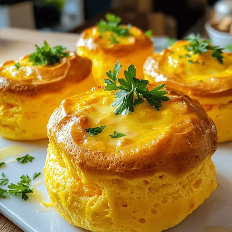 Here’s what you need to make a delicious carrot soufflé: - 4 medium-sized carrots, peeled and chopped - 3 tablespoons unsalted butter - 3 eggs, separated - 1/4 cup all-purpose flour - 1/4 cup milk - 1/4 teaspoon ground nutmeg - 1/2 teaspoon salt - 1/4 teaspoon black pepper - 1/4 cup grated Parmesan cheese (optional) - Fresh parsley for garnish Each ingredient plays a key role in creating the soufflé’s light and fluffy texture. The carrots add natural sweetness and bright color. Butter enriches the flavor, while eggs provide structure. Flour thickens the mixture, and milk adds moisture. Nutmeg gives a warm aroma, while salt and pepper enhance all the flavors. If you choose to add Parmesan cheese, it brings in a savory depth. Fresh parsley is perfect for a pop of color on top when serving. For the full details on how to combine these ingredients, check out the Full Recipe. 1. Start by boiling water in a medium pot. Add the chopped carrots. Cook them for about 15 minutes until they are tender. 2. After boiling, drain the carrots well. Let them cool for a few minutes. 3. Next, place the cooked carrots in a food processor. Puree them until you achieve a smooth texture. This will help your soufflé be light and fluffy. 1. In a large bowl, combine the carrot puree with the egg yolks. Add the milk, flour, nutmeg, salt, and pepper. Mix well to ensure everything blends nicely. 2. In another bowl, beat the egg whites. Use a mixer on high speed until stiff peaks form. This step is key for the soufflé's airy structure. 3. Carefully fold the carrot mixture into the whipped egg whites. Be gentle to keep the air bubbles intact. If you want cheese, now is the time to add it. 1. Preheat your oven to 375°F (190°C). Grease your soufflé dish or ramekins with butter. 2. Pour the soufflé mixture into the prepared dish. Fill it about three-quarters full to allow room for rising. 3. Bake for 25-30 minutes. Look for the soufflés to puff up and turn golden on top. Enjoy the delightful aroma filling your kitchen! To make a light and fluffy carrot soufflé, use room temperature ingredients. When egg whites and yolks are at room temperature, they whip better. This helps create a nice rise. Folding egg whites is key. Use a rubber spatula and gently scoop from the bottom. Turn the bowl as you fold. This keeps air in the mixture, which is crucial for a good soufflé. Watch out for overmixing the soufflé mixture. This can deflate the air bubbles you worked so hard to create. Mix just until you see no streaks. Baking at the wrong temperature can ruin your soufflé. Make sure your oven is preheated to 375°F (190°C). This ensures it rises evenly and gets that golden top. Carrot soufflé pairs well with a light salad. A simple green salad with lemon dressing complements the dish nicely. For an appealing presentation, serve it in individual ramekins. This adds a touch of elegance. Garnish with fresh parsley for a pop of color. You can find the full recipe to make this delightful dish easily. {{image_2}} You can easily change the flavor of your carrot soufflé. Adding spices like cinnamon or paprika makes a big difference. Cinnamon gives a warm sweetness, while paprika adds a mild kick. You can also play around with herbs. Fresh thyme or dill can bring a fresh taste. If you want a cheesy soufflé, mix in some grated cheese. Parmesan works well, but feel free to use your favorite. If you want to make this dish healthier, you can swap butter for oil or margarine. Olive oil gives a nice flavor while making it lighter. For those who avoid dairy, you can use plant-based milk instead of regular milk. Almond or oat milk are great options. Gluten-free cooks can use gluten-free flour to make it safe for everyone. You can serve your carrot soufflé in different ways. Using individual ramekins makes it fun and fancy. Each guest gets their own serving, which is always a hit. If you prefer, you can bake it in a large soufflé dish. It looks great on the table and is easy to share. For garnishes, fresh parsley adds a pop of color. You can also sprinkle extra cheese on top for a richer look. For the full recipe, check out the Carrot Soufflé Delight. Store leftover carrot soufflé in the fridge. Place it in an airtight container. It can last for up to three days. To reheat, warm it in the oven at 350°F (175°C). This helps maintain its light texture. Microwave reheating can make it soggy, so avoid that. You can freeze portions of the soufflé. Wrap each piece in plastic wrap. Then, place it in a freezer-safe bag. This way, it can last up to three months. For thawing, move it to the fridge overnight. Reheat it in the oven at 350°F (175°C) for best results. This keeps the soufflé fluffy and delicious. The key ingredients in carrot soufflé have different shelf lives. Fresh carrots can last up to two weeks in the fridge. Eggs should be used within three to five weeks. Check the expiration date on milk, which usually lasts about a week after opening. Flour can last up to a year if stored properly. Always check your ingredients for freshness before cooking. A soufflé is a light and fluffy dish made with a creamy base and whipped egg whites. It puffs up when baked, creating a soft texture. You start by mixing the base, which can have different flavors. Then, you fold in the whipped egg whites carefully. This method keeps the air in and makes it rise. The result is a dish that is airy and delicious. Yes, you can prepare carrot soufflé in advance. Make the soufflé mixture and store it in the fridge for up to 24 hours. When you are ready to bake, pour it into your dish and bake as directed. This way, you can serve a warm, fresh soufflé without much hassle. To make a dairy-free carrot soufflé, substitute regular milk with almond milk or oat milk. You can also use vegan butter instead of unsalted butter. These swaps keep the soufflé tasty while catering to your dietary needs. Carrots are packed with vitamins and minerals. They are rich in vitamin A, which is great for your eyes. Carrots also have antioxidants that help fight free radicals. Plus, they are low in calories, making the soufflé a healthy choice. Yes, you can make a vegan carrot soufflé without eggs. Use a flaxseed meal or chia seeds mixed with water as an egg substitute. For every egg, mix 1 tablespoon of flaxseed meal with 2.5 tablespoons of water. Allow it to sit until it forms a gel-like consistency. This method helps bind the ingredients just like eggs do. Carrot soufflé is a mix of simple steps and fresh ingredients. We covered how to prepare the carrots, mix the batter, and bake it for the perfect rise. Remember to use room temperature ingredients and avoid overmixing. You can add spices for new flavors or switch ingredients for dietary needs. Lastly, with the right storage, this dish stays delicious. Enjoy making this tasty treat, and impress your friends!