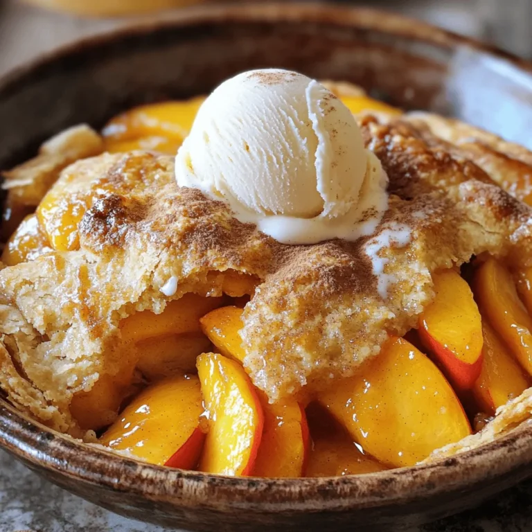 To make the best peach cobbler, you need these key ingredients: - 4 ripe peaches, peeled and sliced - 1 cup granulated sugar, divided - 1 teaspoon cinnamon - 1 tablespoon lemon juice - 1 cup all-purpose flour - 1 tablespoon baking powder - 1/2 teaspoon salt - 1 cup milk - 1/2 cup unsalted butter, melted - 1 teaspoon vanilla extract - 1/4 cup brown sugar (for extra caramelization) These ingredients work together to create a sweet, warm treat. The peaches provide the fresh flavor, while the sugar and cinnamon add sweetness and spice. You can customize your peach cobbler with optional add-ins: - Chopped nuts for a crunch - A splash of almond extract for extra flavor - Fresh berries like blueberries or raspberries for a twist These add-ins can enhance the taste and texture of your cobbler. Feel free to experiment! If you don’t have an ingredient, here are some substitutions: - Use nectarines or plums instead of peaches for a different fruit flavor. - Swap granulated sugar with coconut sugar for a lower glycemic index. - Almond milk or oat milk can replace regular milk for a dairy-free option. These substitutions can help you adapt the recipe to what you have at home. Remember, cooking is all about making it work for you! For the full recipe, check out the Peachy Dream Cobbler. Start by preheating your oven to 350°F (175°C). This step warms the oven for the perfect bake. Next, take four ripe peaches, peel, and slice them. In a mixing bowl, combine the sliced peaches with 1/2 cup of granulated sugar, cinnamon, and lemon juice. Stir gently to coat the peaches. This step makes the peaches juicy and sweet. Let this mixture sit aside for a bit. This allows the peaches to soak in the flavors. In another bowl, mix 1 cup of all-purpose flour, 1 tablespoon of baking powder, salt, and the remaining 1/2 cup of sugar. In a separate bowl, combine 1 cup of milk, 1/2 cup of melted unsalted butter, and 1 teaspoon of vanilla extract. Mix these until they blend well. Pour this wet mixture into the dry ingredients. Stir just until mixed; a few lumps are okay. Take a greased 9x13 inch baking dish and pour the batter into it. Spread it evenly across the dish. Now, spoon the peach mixture on top, including any juices. This step keeps the cobbler moist and flavorful. Sprinkle 1/4 cup of brown sugar over the top for a sweet crust. Now, place the dish in your preheated oven. Bake for 45-50 minutes. You want it to be golden brown and bubbly. To check if it’s ready, insert a toothpick in the center. If it comes out clean, your cobbler is done. The top should be golden, and the edges should look crispy. If it needs more time, check every five minutes until it is perfect. With these steps, you'll create a beautiful peach cobbler everyone will love. For the full recipe, check the detailed instructions above. To make the best peach cobbler, use ripe peaches. They add natural sweetness. Slice them evenly for a consistent bake. Let them sit with sugar and lemon juice. This makes them juicier and enhances flavor. Mix the batter gently; lumps are okay. Overmixing can lead to a tough texture. Pour the batter into a greased dish. This prevents sticking and helps with cleanup. Avoid using under ripe or overripe peaches. They can ruin the taste and texture. Don't skip the lemon juice. It brightens flavors and balances sweetness. Also, resist the urge to bake at a higher temperature. This can burn the top while leaving the middle raw. Lastly, don’t forget to sprinkle brown sugar on top. It creates a sweet, crunchy crust. You’ll need a few basic items for this recipe: - Mixing bowls - Whisk - Measuring cups and spoons - A sharp knife for slicing peaches - A 9x13 inch baking dish - An oven preheated to 350°F (175°C) These tools help ensure a smooth cooking process. For the complete recipe, refer to the Full Recipe. {{image_2}} To make a gluten-free peach cobbler, swap all-purpose flour for a gluten-free blend. You can find many good mixes at stores. Just make sure to check the label for safe ingredients. This simple switch keeps the taste and texture delicious. Your friends will love it just as much! Peach cobbler is tasty on its own, but adding other fruits can enhance the flavor. You can mix in berries like blueberries or raspberries. These fruits add a nice tartness that balances the sweet peaches. Try using apples or cherries for a twist. Each fruit brings a unique taste, making your cobbler fun and exciting! Want to kick up the flavor of your cobbler? You can add spices like nutmeg or ginger. A pinch of nutmeg gives a warm touch, while ginger adds a fresh zing. For a deeper taste, try a splash of almond extract instead of vanilla. You can also sprinkle some oats on top for a crunchy finish. These simple changes bring new life to a classic dessert. For the full recipe, check out the Peachy Dream Cobbler section. After you enjoy your peach cobbler, store the leftovers. Let it cool first. Then, cover it with plastic wrap or foil. You can also use an airtight container. Keep it in the fridge for up to four days. This keeps the cobbler fresh and tasty. When you want to enjoy your peach cobbler again, reheating is easy. Preheat your oven to 350°F (175°C). Place the cobbler in an oven-safe dish. Cover it with foil to keep it moist. Heat for about 15 to 20 minutes. You can also microwave a single serving for about 30 to 60 seconds. Just watch it so it doesn’t get too hot. Freezing peach cobbler is a great way to save it for later. First, let it cool completely. Then, cut it into portions. Wrap each piece in plastic wrap. Place the wrapped pieces in a freezer bag. Make sure to remove as much air as possible. You can freeze it for up to three months. When you are ready to eat, thaw it in the fridge overnight. Then, reheat it as described above. Enjoy every bite of your Easy Peach Cobbler with the Full Recipe! Yes, you can use canned peaches. They are a great shortcut. Just make sure to drain them well. This helps keep your cobbler from getting too soggy. Canned peaches have sugar, so you may want to cut back on the sugar in the recipe. This keeps your dessert from being too sweet. The cobbler is done when it looks golden brown on top. You can check it by inserting a toothpick in the center. If it comes out clean, your cobbler is ready. The filling should bubble around the edges. Let it cool a bit before serving. This helps the flavors settle. I love serving peach cobbler warm. It’s perfect with a scoop of vanilla ice cream. You can also add a sprinkle of cinnamon on top for extra flavor. Serve it in bowls to show off its beauty. This dish is best enjoyed fresh, but leftovers taste good too. For the full recipe, check out Peachy Dream Cobbler. Peach cobbler is a warm and tasty treat that anyone can enjoy. We covered the main ingredients, baking steps, and tips for the best results. You learned how to swap ingredients and even make gluten-free versions. Storing and reheating are also simple tasks. With these tools, you’re ready to impress friends and family. Remember, practice makes perfect. Enjoy your peach cobbler adventure!