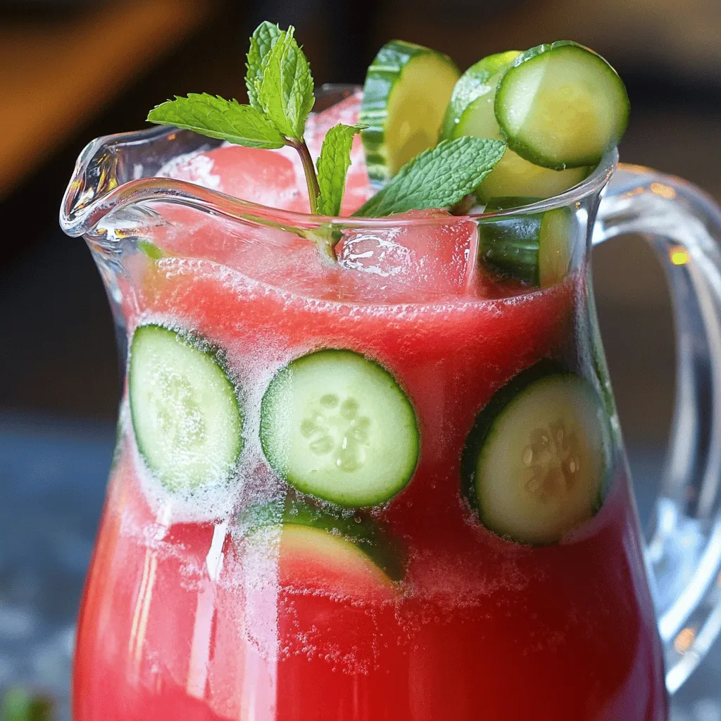 - 2 cups watermelon, cubed and seeded - 1 medium cucumber, thinly sliced - 1/4 cup fresh mint leaves - 4 cups sparkling water The main stars of the Cucumber Watermelon Sparkler are watermelon and cucumber. Watermelon brings a sweet and juicy flavor, perfect for hot days. Cucumber adds a crisp and refreshing taste, making the drink even cooler. Together, they create a harmonious blend that is hard to resist. Fresh mint leaves add a hint of brightness and aroma, elevating the drink’s charm. Finally, sparkling water gives it that fizzy kick that makes it feel special. - 1 tablespoon honey - Ice cubes - Lime wedges for garnish You can use honey if you want a sweeter drink. It helps balance the flavors of the fruit. Ice cubes are a must for that chilling effect. They keep your drink cold and refreshing. Lime wedges add a zesty touch, enhancing the overall taste. These optional ingredients make your Cucumber Watermelon Sparkler even more delightful. For the full recipe, don’t forget to check the detailed instructions! To make the watermelon juice, start by cubing two cups of watermelon. Place the cubes in a blender. Blend until the mixture is smooth. This step is key to getting a nice juice. Next, you will need to strain the juice. Use a fine-mesh sieve and place it over a large pitcher. Pour the blended watermelon through the sieve. This removes any pulp and ensures a smooth juice. If you want extra smoothness, press the pulp with a spoon to extract more juice. Now, it’s time to add more flavor. Take your thinly sliced cucumber and fresh mint leaves. Add them to the pitcher with the watermelon juice. The cucumber adds a nice crunch, while the mint brings freshness. If you like a sweeter drink, add one tablespoon of honey. Stir until it dissolves completely. This step is optional, but it can enhance the drink's taste. Let’s get ready to serve! Start by filling glasses with ice cubes. This will keep the drink cold and refreshing. Pour the watermelon-cucumber mixture into the glasses, filling them halfway. Now, top each glass with sparkling water. This adds fizz and makes the drink lively. Gently stir to mix everything. For a lovely touch, garnish with lime wedges and a sprig of mint. This makes your Cucumber Watermelon Sparkler look beautiful and inviting. For the full recipe, check out the link above. Enjoy your refreshing summer drink! Selecting ripe watermelon is key. Look for a uniform shape, a yellow spot, and a deep sound when you tap it. These signs show the fruit is sweet and ready. When picking fresh cucumbers, choose ones that are firm and smooth. They should feel heavy for their size. Fresh mint should be vibrant and fragrant. Avoid any wilting or browning. If you want to skip honey, try using agave syrup or maple syrup. Both add sweetness without overpowering the drink. Taste as you mix. You want a balance between the sweet watermelon and the fresh cucumber. Adjust the sweetness to your liking. You can prepare the components in advance. Make the watermelon juice and slice the cucumber and mint a few hours before serving. Mix everything together just before you serve. This keeps the drink bubbly and fresh. Enjoy the bright flavors at their best! {{image_2}} You can try your Cucumber Watermelon Sparkler with other fruits. Strawberries, pineapple, or peaches can add a fun twist. Each fruit brings its own flavor and color. This way, you can enjoy different tastes each time. Seasonal variations also work well. In summer, use fresh berries. In fall, try apples or pears. The key is to keep it fresh and fun. Each season offers unique fruits to explore. If you want a cocktail version, add some spirits. Vodka works perfectly with the light flavors of cucumber and watermelon. Gin is another great choice, as it adds depth with its herbal notes. You can also try rum for a tropical vibe. Each spirit will change the drink's taste. Experiment to find your favorite mix. Remember to sip responsibly, even in the summer sun! Don't limit yourself to mint. Try basil or rosemary for a new flavor. Basil adds a sweet, peppery note. It pairs well with watermelon, creating a fresh taste. Rosemary brings a woodsy, aromatic flavor. Just use a small amount, as it is strong. Each herb offers unique benefits, from freshening your breath to adding antioxidants. Enjoy the creative process, and let your taste buds guide you! To store leftover Cucumber Watermelon Sparkler, put it in a sealed container. This helps keep it fresh in the refrigerator. Try to drink it within two days for the best taste. If you want to keep the fizz, do not mix in all the sparkling water at once. Pour the sparkling water in just before serving. This way, you maintain that refreshing sparkle. To keep your watermelon fresh, store it in the fridge. Wrap it tightly in plastic wrap after cutting. This keeps the moisture in and slows down spoilage. For cucumbers, keep them in a crisper drawer. Placing them in a plastic bag helps keep them crisp and cool. When it comes to herbs like mint, you want to keep them fresh too. Store mint in a glass of water, just like flowers. Cover the leaves loosely with a plastic bag. This keeps them bright and tasty for longer. Yes, you can use frozen watermelon. It will change the drink’s texture. The drink may be thicker and colder. The flavor will still taste great, but it may be less fresh. If you want a slushy drink, frozen watermelon works well. Absolutely! This drink is perfect for kids. It has no added sugars, just natural sweetness. Watermelon is hydrating and low in calories. Cucumber adds vitamins and minerals. Mint gives it a fun flavor twist. Kids will love the bright color and fizzy bubbles. Yes, you can make this drink vegan. Simply skip the honey or replace it with agave syrup. Maple syrup is another good choice. This way, you keep the drink sweet without using animal products. Enjoy the refreshing taste without any worries! This blog post showed how to make a refreshing drink with simple ingredients. You learned to blend watermelon, cucumber, and mint. Adding sparkling water gives it a nice fizz. You can adjust sweetness and even try different fruits and herbs. Preparing ahead keeps flavors fresh. The drink is easy, healthy, and great for anyone. Enjoy testing the recipe and making it your own!
