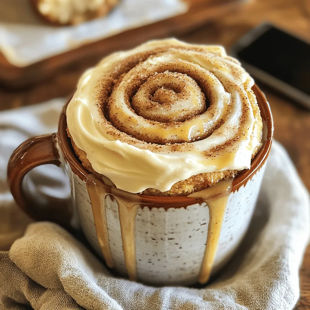 To make a delicious cinnamon roll mug cake, gather these simple ingredients: - 1/4 cup all-purpose flour - 2 tablespoons granulated sugar - 1/4 teaspoon baking powder - 1/4 teaspoon cinnamon - Pinch of salt - 3 tablespoons milk - 2 tablespoons vegetable oil - 1/4 teaspoon vanilla extract - 1 tablespoon brown sugar (for cinnamon swirl) - 1/2 teaspoon ground cinnamon (for cinnamon swirl) - Optional: Cream cheese frosting for topping Having the right ingredients is key for the best flavor and texture. The all-purpose flour gives the cake its structure. The granulated sugar adds sweetness, while baking powder makes it rise. Cinnamon is what makes this cake taste like a warm cinnamon roll. A pinch of salt balances the sweetness. For the wet ingredients, milk, vegetable oil, and vanilla extract create a moist and tasty cake. The brown sugar and ground cinnamon make the swirl that gives a rich flavor. If you like, you can add cream cheese frosting on top for extra sweetness. Now that you have your ingredients ready, you're all set to create this quick and tasty dessert delight! For the full recipe, check out the instructions section. 1. Start with a microwave-safe mug. 2. Mix these dry ingredients in the mug: - 1/4 cup all-purpose flour - 2 tablespoons granulated sugar - 1/4 teaspoon baking powder - 1/4 teaspoon cinnamon - Pinch of salt 3. Stir well. Ensure the dry ingredients blend nicely. 4. Next, add these wet ingredients: - 3 tablespoons milk - 2 tablespoons vegetable oil - 1/4 teaspoon vanilla extract 5. Mix until the batter is smooth and fully combined. 1. In a small bowl, mix: - 1 tablespoon brown sugar - 1/2 teaspoon ground cinnamon 2. This is your cinnamon swirl mix. 3. Now, layer in the mug. Pour half of the batter first. 4. Sprinkle half of the cinnamon sugar mix over the batter. 5. Add the rest of the batter, then top with the remaining cinnamon sugar. 6. Use a toothpick or fork. Swirl gently to mix it in. 1. Microwave the mug on high for about 1 minute and 30 seconds. 2. Check the cake. If it’s wet in the center, microwave more. 3. Add 10 seconds at a time until it’s fully cooked. 4. Let the mug cake cool for a minute. 5. If you want, add a drizzle of cream cheese frosting on top. Now you have a warm, tasty cinnamon roll mug cake! Follow the full recipe for more details. To make a great mug cake, you must ensure even cooking in the microwave. Start by mixing your dry ingredients well. This helps them blend and cook evenly. When you add the wet ingredients, stir gently but thoroughly. If you don’t mix well, some parts may cook faster than others. For the swirling technique, I recommend using a toothpick or fork. After layering your batter and cinnamon sugar, gently swirl it. This creates the best cinnamon distribution. Don’t overdo it; a few swirls will work wonders. You want to see those lovely cinnamon ribbons without blending everything together. Adding vanilla extract can really boost the flavor of your cinnamon roll mug cake. Just a little goes a long way. It brings warmth and richness to your treat. If you want to explore more, try adding a pinch of nutmeg or even almond extract for a twist. For toppings, I suggest using cream cheese frosting for that classic cinnamon roll taste. If you want something lighter, consider whipped cream or a drizzle of caramel sauce. Fresh fruit like berries can also add a nice touch. Feel free to get creative with your toppings! Remember, this is your dessert, so make it how you love it. Enjoy the process and have fun! For the full recipe, check out the details above. {{image_2}} You can change your cinnamon roll mug cake to fit your taste. Here are two fun ideas: - Chocolate chip cinnamon roll mug cake: Add a handful of chocolate chips to the batter for a sweet twist. The chocolate melts and adds richness. It pairs well with the warm cinnamon flavor. - Nutty cinnamon roll mug cake with pecans: Fold in some chopped pecans for a crunchy texture. The nuts give a nice contrast to the soft cake. Plus, they bring a rich, nutty flavor that enhances the overall taste. You can also adjust this recipe for different diets. Here’s how: - Gluten-free options for the recipe: Use a gluten-free all-purpose flour blend in place of regular flour. This keeps the cake tasty while making it safe for those with gluten issues. - Vegan substitutions for key ingredients: Replace milk with almond or oat milk for a vegan option. Use a plant-based oil instead of vegetable oil. You can even skip the cream cheese frosting or use a vegan version to keep it fully plant-based. These variations and modifications let you enjoy your cinnamon roll mug cake in many ways! For the full recipe, check out the earlier section. If you have leftover batter, store it in the fridge. Use an airtight container. This way, the batter stays fresh for up to two days. When you are ready to enjoy it, just give it a good stir before cooking. To reheat your mug cake, microwave it for 10 to 15 seconds. Check if it’s warm enough. If not, add a few more seconds. Be careful not to overheat, or it may become dry. The finished mug cake lasts about one day at room temperature. If you keep it in the fridge, it can last up to three days. I suggest not storing it for too long, as the flavors may fade. Enjoy your cinnamon roll mug cake fresh for the best taste! For the full recipe, click [Full Recipe]. Can I make this recipe without a microwave? Yes, you can! Use your oven instead. Preheat the oven to 350°F (175°C). Pour the batter into a small oven-safe dish. Bake for about 15 to 20 minutes. Check for doneness with a toothpick. How do I adjust the recipe for a larger serving? To make more servings, simply multiply each ingredient by the number of servings you want. Use a larger mug or a bowl. Just make sure to adjust the cooking time. Bake or microwave longer to ensure it cooks well. What if my mug cake is too dry or too wet? If your mug cake is dry, you may have overcooked it. Try reducing the cooking time by 10 seconds. If it’s too wet, you might need to cook it longer. Add 10-second increments until it’s just right. Can I use a different mug or container to cook it? Yes, you can! Just make sure the mug or container is microwave-safe. Avoid using metal. Glass or ceramic works great. If the container is larger, adjust the cooking time as needed. This post detailed how to make a delicious cinnamon roll mug cake. We covered simple ingredients and easy steps. You learned how to add a cinnamon swirl and some tasty toppings. We also explored fun flavor variations and health-friendly options. In short, this recipe is quick and fun. You can enjoy a warm treat in minutes. Now grab your mug, get cooking, and enjoy every bite!