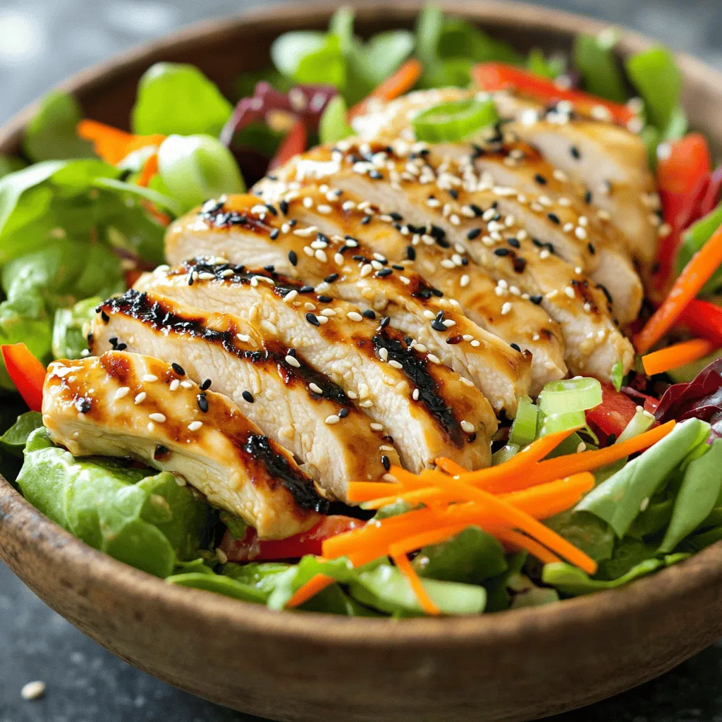Chicken and Marinade Ingredients - 2 boneless, skinless chicken breasts - 2 tablespoons sesame oil - 1 tablespoon soy sauce - 1 tablespoon honey - 1 teaspoon grated fresh ginger - Salt and pepper to taste Salad Components - 4 cups mixed salad greens (e.g., romaine, spinach, arugula) - 1 cup shredded carrots - 1 red bell pepper, thinly sliced - 1/2 cup cucumber, thinly sliced - 1/4 cup scallions, chopped - 1/4 cup sesame seeds, toasted Dressing Ingredients - 1 tablespoon rice vinegar - 1 tablespoon olive oil When I create my sesame chicken salad, I focus on fresh and quality ingredients. The chicken is key. I love marinating it in sesame oil, soy sauce, honey, and ginger. This mix gives the chicken a sweet and savory flavor. For the salad, I choose a blend of greens. Romaine, spinach, and arugula add color and crunch. Shredded carrots bring a sweet touch, while red bell peppers offer a nice crispness. The cucumber adds freshness, and chopped scallions provide a burst of flavor. Finally, I top the salad with toasted sesame seeds. They add a delightful nutty crunch. The dressing is simple yet tasty. Rice vinegar and olive oil balance the flavors perfectly. You can check the Full Recipe for a complete guide to making this dish. Timing and Tips To get the best flavor, start by marinating the chicken. Mix the sesame oil, soy sauce, honey, grated ginger, salt, and pepper in a bowl. Add the chicken breasts and coat them well. Cover the bowl with plastic wrap and refrigerate it for at least 30 minutes. You can leave it for up to 2 hours to soak up more flavor. Importance of Marination Marination makes the chicken tender and juicy. The flavors blend into the meat, making each bite taste amazing. It also helps the chicken stay moist during cooking. Don't skip this step if you want full flavor. Grilling vs. Skillet Cooking You can cook the chicken on a grill or in a skillet. Grilling gives it a nice char and smoky flavor. Skillet cooking is quick and easy. Preheat your grill or skillet to medium-high heat. Remove the chicken from the marinade and let the excess drip off. Checking for Doneness Cook the chicken for about 6-7 minutes on each side. Use a meat thermometer to check that it reaches 165°F (75°C). Once done, let it rest for a few minutes before slicing it thinly. This keeps the juices in. Mixing Greens and Vegetables While the chicken cooks, prepare the salad. In a large bowl, combine the mixed salad greens, shredded carrots, sliced red bell pepper, cucumber, and chopped scallions. Mixing these fresh ingredients creates a colorful and crunchy base for your salad. Tips for Freshness Use the freshest veggies you can find. Crisp greens and bright colors make the salad more appealing. Wash and dry the veggies well to keep them crunchy. Combining Ingredients for Flavor In a small bowl, whisk together rice vinegar and olive oil. This simple dressing adds a light tang to the salad. You can also add a pinch of salt and pepper for extra flavor. Adjusting Seasoning Taste the dressing and adjust it if needed. If it feels too sharp, add a bit more olive oil. If you want more zing, add a touch more vinegar. This is your chance to make it perfect for your taste. Drizzling and Tossing Techniques Once everything is ready, it's time to assemble. Drizzle the dressing over the salad and toss gently. This helps coat each piece evenly. Presentation Tips Slice the cooked chicken and place it on top of the salad. Finish by sprinkling toasted sesame seeds over the salad for crunch. Serve it on a big platter or in individual bowls. This adds a nice touch and makes it look fancy. For complete instructions, check out the Full Recipe. Suggested Add-ins: You can boost the taste of your salad with fun add-ins. Try adding sliced almonds or chopped peanuts for crunch. Fresh herbs like cilantro or mint add a bright note. You might also enjoy sliced avocado for creamy texture. Balancing Ingredients: Balancing flavors makes your salad stand out. Use sweet ingredients like honey to counteract the salt in soy sauce. Add a splash of rice vinegar for a tangy kick. This balance keeps every bite exciting and fresh. Preparation Tips for Meal Prepping: To save time, you can prep your salad in advance. Marinate the chicken the night before. Chop the veggies and store them in the fridge. Keep the dressing separate until you’re ready to eat. This keeps everything fresh. Storing Components Separately: Store each part of the salad in its own container. This way, the greens stay crisp, and the chicken stays juicy. You can mix everything together just before serving. This keeps flavors fresh and bright. Alternatives for Chicken Cooking: Don’t feel limited to grilling or pan-frying. You can bake or roast the chicken for a different flavor. Use an air fryer for a quick and crispy option. Each method will give your chicken a unique taste. Suggestions for Sautéing: If you choose to sauté, use a bit of sesame oil for extra flavor. Heat your pan before adding the chicken. This helps it cook evenly and get a nice sear. Always check for doneness with a meat thermometer; it should reach 165°F. For the full recipe, check out the Full Recipe section! {{image_2}} You can change the protein in this salad for variety. Using tofu is a great option. Simply press the tofu to remove excess water. Then, cut it into cubes and marinate it like the chicken. Grill or sauté until golden. For seafood lovers, shrimp is another tasty choice. Peel and devein shrimp, then cook them until pink. Both options keep the flavors fresh and exciting. Seasonal ingredients can enhance your salad. Adding fruits like mandarin oranges or strawberries can add sweetness. Nuts like almonds or cashews give a nice crunch too. Use local produce to keep it fresh and vibrant. Check your farmers' market for the best options. This way, you support local growers and get the freshest ingredients. The dressing can change the whole vibe of your sesame chicken salad. Try different vinaigrettes, like a ginger-soy or honey-lime dressing. Each one brings a unique flavor. If you prefer creamy dressings, consider sesame dressing or a yogurt-based option. Mix and match until you find your perfect blend. For the best experience, don’t be afraid to experiment! To keep your sesame chicken salad fresh, follow these steps: - Best Practices for Refrigeration: Store the salad in the fridge right away. Place it in a container with a lid. This helps keep it cool and safe. Avoid leaving it out for more than two hours. - Storage Containers Recommendations: Use airtight containers. Glass or BPA-free plastic works well. If you have a large salad, consider using multiple containers for easy access. When you want to enjoy leftovers, here’s how to do it right: - Methods for Reheating Chicken: Use a microwave or skillet. If using the microwave, place chicken on a plate. Heat for 30 seconds, then check. For the skillet, add a bit of oil and heat on medium until warm. - Keeping Salad Fresh: It’s best not to reheat the salad. Instead, eat it cold. If you need to warm the chicken, keep the salad separate until ready to eat. Understanding how long your salad lasts is key: - Understanding How Long It Lasts: Properly stored, this salad lasts about 3 days in the fridge. After that, it may lose its taste and texture. - Signs of Spoilage: Look for wilting greens, a sour smell, or off colors. If you see any of these signs, it’s best to toss it out. For juicy and flavorful chicken, I recommend marinating it first. Marination adds taste and keeps the chicken moist. Use a mix of sesame oil, soy sauce, honey, and fresh ginger. Let the chicken sit in this blend for at least 30 minutes. You can grill or pan-cook it. Grill on medium-high heat for about 6-7 minutes each side. Always check that the internal temperature reaches 165°F. Yes, you can prepare this salad ahead of time. Marinate the chicken in advance and cook it when you are ready to serve. You can store the cooked chicken in the fridge for up to three days. For best results, mix the salad ingredients just before serving. This keeps the greens fresh and crisp. If you need a substitute for sesame oil, try using olive oil or canola oil. Both oils have a lighter flavor but can work well. You can also use nut oils, like walnut oil. These offer a nice nutty flavor but change the taste of the dish. Yes, this salad is quite healthy. It has lean protein from the chicken and lots of fresh veggies. The mixed greens, carrots, and bell peppers provide vitamins and fiber. The sesame seeds add healthy fats. Using a light dressing keeps it nutritious without too many calories. Many Asian restaurants offer Sesame Chicken Salad. Look for places that serve modern Asian cuisine or fusion dishes. Some local cafes may also include it on their menu. Always check online reviews to find the best spots. Several sides pair well with Sesame Chicken Salad. Consider serving it with steamed rice or quinoa for a filling meal. Fresh fruit, like sliced mango or pineapple, adds a sweet touch. You could also enjoy it with a light soup or spring rolls for a complete dining experience. For drinks, iced tea or a light lemonade complements this dish nicely. You now have a complete guide to making a delicious sesame chicken salad. We covered all the key ingredients, from the chicken and marinade to the dressing and salad components. I shared tips for marinating and cooking chicken, as well as fresh salad preparation. You can adjust flavors with various dressing options and add unique twists. This method ensures your salad stays fresh and tasty. Enjoy your cooking and feel free to explore different variations to make it your own!