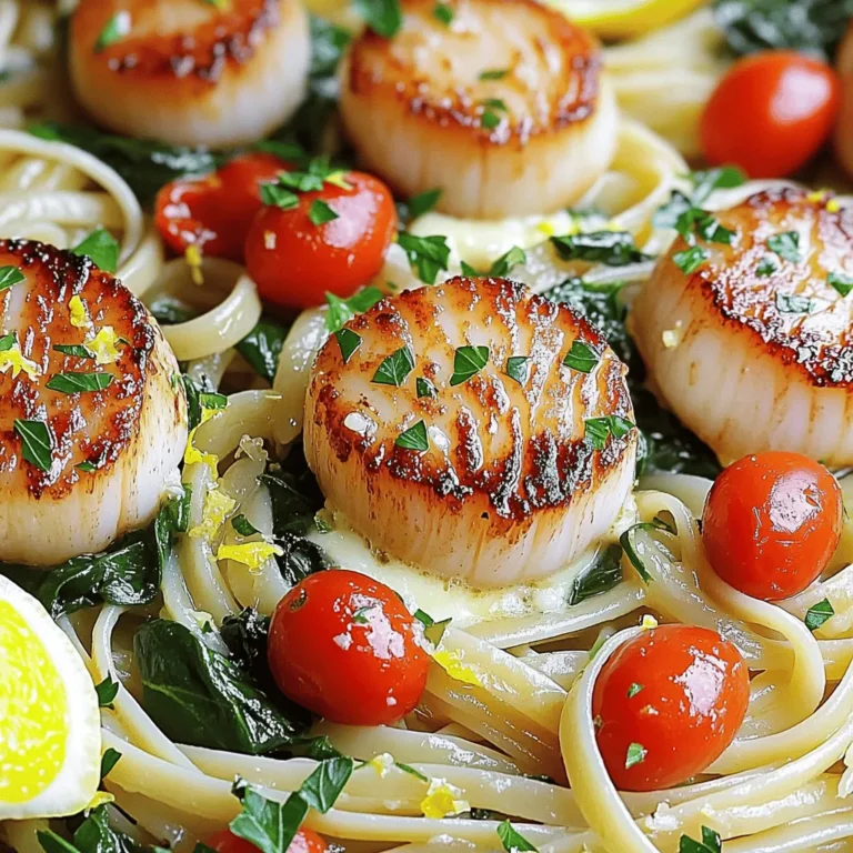 To make this dish, you need a few key items. Here’s what you will need: - 8 large sea scallops, patted dry - 8 oz linguine or spaghetti - 4 tablespoons unsalted butter - 4 cloves garlic, minced - 1 teaspoon red pepper flakes (adjust to taste) - ½ cup cherry tomatoes, halved - 2 cups fresh spinach - Salt and pepper to taste - 2 tablespoons fresh parsley, chopped (for garnish) - 1 tablespoon lemon juice - Zest of 1 lemon You can get creative with your dish by adding some extra ingredients. Here are a few ideas: - A splash of white wine for depth - Capers for a briny kick - Fresh basil or thyme for added herbal notes When you choose scallops, freshness is key. Look for these signs: - They should smell like the ocean, not fishy. - The meat should be firm and slightly translucent. - Avoid scallops that are dry or have brown spots. - If possible, buy from a trusted local fishmonger. Using fresh scallops will make your dish shine. For the full recipe, check out the detailed steps to create this delightful meal. Start by boiling a large pot of salted water. This adds flavor to your pasta. Once the water is boiling, add 8 ounces of linguine or spaghetti. Cook it according to the package instructions until it is al dente. Al dente means it is firm to the bite. After cooking, set aside ½ cup of pasta water. Then, drain the pasta and let it rest. For the best seared scallops, you need to dry them well. Use a paper towel to pat 8 large sea scallops until they are dry. This step helps achieve a nice crust. Season both sides with salt and pepper. Heat 2 tablespoons of unsalted butter in a large skillet over medium-high heat. When the butter is hot, add the scallops in a single layer. Do not overcrowd the pan; this keeps the heat high. Sear each side for 2-3 minutes until golden brown. They should look beautiful and cooked through. Remove them from the skillet and set aside. In the same skillet, lower the heat to medium. Add the remaining 2 tablespoons of butter. Once melted, add 4 minced garlic cloves and 1 teaspoon of red pepper flakes. Sauté for about 1 minute until the garlic smells good. Next, add ½ cup of halved cherry tomatoes. Cook them for 2 minutes until they soften. Then, toss in 2 cups of fresh spinach and cook until it wilts. Now, add the cooked pasta along with that reserved pasta water, 1 tablespoon of lemon juice, and the zest of 1 lemon. Mix everything well to combine the flavors. Season with salt and pepper to taste. You can find the full recipe with all the details in the previous section. Enjoy your cooking! To sear scallops well, start with dry scallops. Pat them with paper towels until no moisture remains. This helps them brown nicely. Season both sides with salt and pepper. Heat a skillet over medium-high heat. Add two tablespoons of butter. When it is hot, add the scallops. Give them space; don’t crowd the pan. Sear for about 2-3 minutes. Flip them when they are golden. Cook the other side for another 2-3 minutes. They should be firm yet slightly translucent inside. Garlic pasta shines with fresh ingredients. Begin with good-quality garlic. Mince four cloves to release their flavor. Use unsalted butter to control the saltiness. Red pepper flakes add a nice kick. Adjust the amount to your taste. Cherry tomatoes bring sweetness and color. Cook them until they soften. Fresh spinach wilts quickly, adding a lovely green touch. Always save some pasta water. It helps the sauce cling to the pasta. Presentation makes a dish pop. Use deep bowls for serving. Place a mound of garlic pasta first. Arrange the scallops on top, showing off their golden crust. For a fresh touch, sprinkle parsley over the dish. Add a lemon wedge on the side. This adds color and lets guests brighten their meal if they wish. For the full recipe, you can check the details provided earlier. {{image_2}} If you want to change up the greens in your dish, you have many options. Kale works great if you want a heartier taste. Just chop it finely and add it to the skillet with the garlic. Arugula adds a nice peppery kick. Toss it in at the very end to keep its fresh flavor. Swiss chard is another good choice. Cook it until it's wilted for a delicious twist. Each green brings its own taste and texture to the dish. If you want to add more protein, shrimp or chicken are perfect choices. For shrimp, use large ones and sauté them just like the scallops. They only need a few minutes to cook through. If you prefer chicken, try using thin chicken breasts. Cook them in the skillet first, and then set them aside. You can add them back in with the pasta sauce for a hearty meal. Both options pair well with the garlic sauce. If you need a gluten-free option, there are many pasta types to choose from. Look for gluten-free linguine or spaghetti made from rice or corn. They cook similarly to regular pasta. Zucchini noodles are another fun option. Just spiralize fresh zucchini and sauté it for a few minutes. It’s a low-carb choice and adds a fresh taste. Whichever substitute you pick, you can still enjoy this delicious dish without gluten. For the full recipe, check out the detailed instructions above! To store leftover scallops over garlic pasta, place it in an airtight container. Make sure to cool the dish to room temperature first. Seal the container tightly to keep out air. You can store it in the fridge for up to three days. If you wait longer, the scallops may lose their flavor and texture. When reheating, use the stovetop for best results. Place the pasta in a pan over low heat. Add a splash of water or a bit of butter to keep it moist. Stir gently until heated through, about five minutes. Avoid the microwave, as it can make the scallops rubbery. If you want to save the dish for later, freezing is an option. However, I recommend freezing only the pasta and sauce. Scallops do not freeze well. To freeze, place the cooled pasta in a freezer-safe bag. Remove as much air as possible. It can last up to three months in the freezer. When ready to eat, thaw it overnight in the fridge before reheating. For the best flavor, use the Full Recipe for fresh scallops when you serve it again. You can tell when scallops are done by checking their color. They should be a nice golden brown on the outside. The inside should be opaque and firm to the touch. If the scallops feel soft or mushy, they need more time. Cook them for about 2-3 minutes on each side. Watch closely to avoid overcooking. Overcooked scallops become tough and chewy. Yes, you can make parts of this dish in advance. Cook the pasta and prepare the garlic sauce ahead of time. Store them separately in the fridge. When you're ready to serve, just reheat the sauce and pasta together. Sear the scallops fresh for the best taste. This way, you keep their lovely texture. Seared scallops over garlic pasta pair well with many sides. A fresh green salad with a light vinaigrette complements the dish nicely. You can also serve some crusty bread to soak up any sauce. For a fun twist, a side of roasted asparagus or sautéed zucchini adds color and flavor. These options enhance your meal and make it more complete. In this post, we covered how to make seared scallops over garlic pasta. We discussed essential and optional ingredients, tips for selecting fresh scallops, and detailed cooking steps. I shared tricks to perfect scallops and enhance flavor in your dish. Also, we explored variations and storage tips. Remember, with practice, you can master this dish. Enjoy the delicious meal and impress your guests!