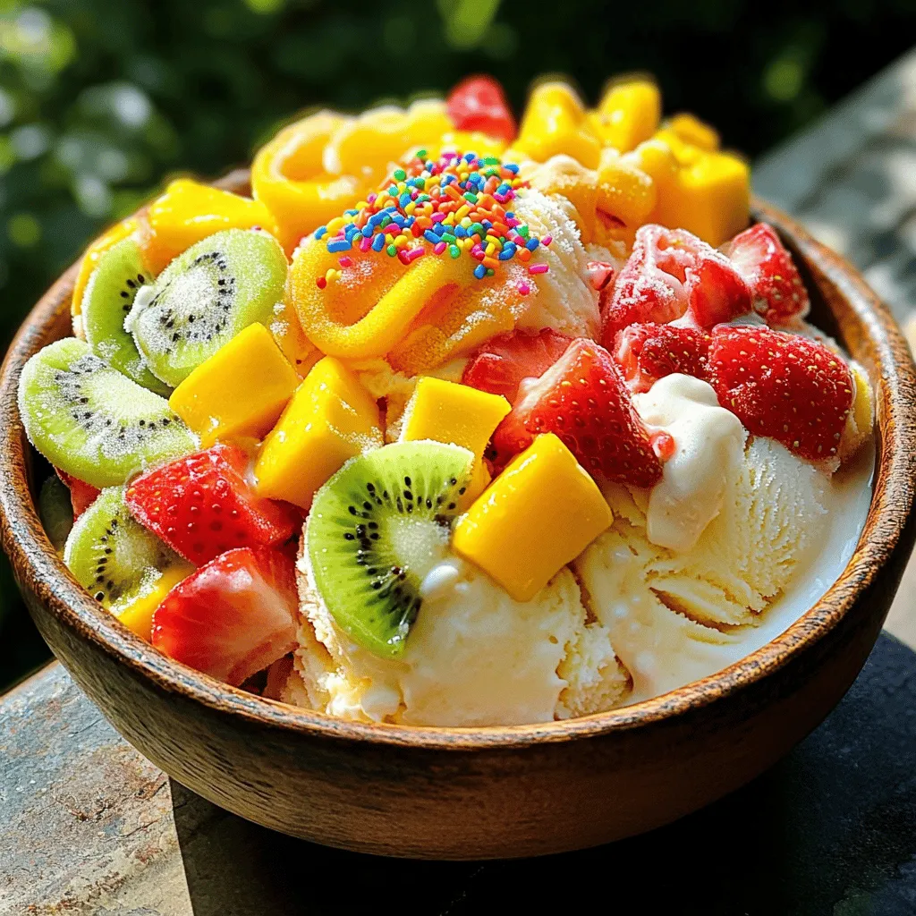 - 2 cups heavy whipping cream - 1 cup sweetened condensed milk - 1 teaspoon vanilla extract - 5-7 Fruit Roll-Ups (varied flavors, cut into small pieces) - 1/2 cup mixed fresh fruits (strawberries, kiwi, mango, etc.) To make your Fruit Roll-Up Ice Cream, first gather these main ingredients. Heavy whipping cream gives it that rich, creamy feel. Sweetened condensed milk adds a nice sweetness, while vanilla extract gives a warm flavor. The Fruit Roll-Ups bring fun colors and fruity tastes to each bite. Don't forget the fresh fruits! They add texture and extra flavor. - Sprinkles - Additional fruit pieces Toppings can make your ice cream even more fun! Sprinkles add crunch and color. You can also use more fruit pieces to match the flavors in your ice cream. Let your creativity shine with these choices. - Mixing bowls - Hand mixer or whisk - Freezer-safe container You will need a few tools to make this treat. Mixing bowls help you combine your ingredients. A hand mixer or whisk will whip the cream to soft peaks. Finally, a freezer-safe container keeps your ice cream safe while it freezes. These items help create the best Fruit Roll-Up Ice Cream. For the full recipe, check out the detailed steps ahead! 1. In a large mixing bowl, whip 2 cups of heavy cream. Use a hand mixer on medium speed. Whip until you see soft peaks. This takes about 3-5 minutes. 2. In another bowl, mix 1 cup of sweetened condensed milk and 1 teaspoon of vanilla extract. Stir until smooth and well combined. 1. Gently fold the whipped cream into the sweetened condensed milk mixture. Use a spatula to combine without deflating the cream. You want to keep it light and fluffy. 2. Now, cut 5-7 Fruit Roll-Ups into small pieces. Add these along with 1/2 cup of mixed fresh fruits to the cream. Carefully fold them in to spread them evenly. 1. Transfer the mixture into a freezer-safe container. Make sure to spread it out evenly. Smooth the top for a nice finish. 2. Cover the container with a lid or plastic wrap. Freeze for 4-6 hours, or until solid. 3. When ready to serve, scoop the ice cream into bowls. Add sprinkles on top for a fun touch. Enjoy your delicious treat! To get the right texture for your Fruit Roll-Up ice cream, start with the cream. Use cold heavy whipping cream. This helps create fluffy peaks. When you whip the cream, aim for soft peaks. This means the cream holds a shape but still looks smooth. When folding the whipped cream into the sweetened condensed milk, be gentle. Use a spatula and a light hand. If you mix too hard, you will lose the air. The air gives your ice cream that light texture. Fruit Roll-Ups come in many flavors. You can mix and match them to create unique tastes. Think about using tropical flavors like mango with coconut or berry flavors together. Each mix brings a new twist to your ice cream. Adding fresh fruit can boost the flavor. Strawberries, kiwi, and mango work well. Cut them into small pieces. This way, you can enjoy bites of fruit in every scoop. Make your ice cream fun by garnishing it. Use extra pieces of Fruit Roll-Ups on top. Sprinkle some colorful sprinkles for a festive touch. You can also use fresh fruit slices around the bowl. For serving at parties, consider using fun bowls or cups. You can even use cones if you want a playful twist. Serve with spoons that match the theme of your event. This adds a special touch to your dessert table. {{image_2}} You can change the cream or milk in your Fruit Roll-Up Ice Cream. If you want a lighter treat, try using whole milk instead of heavy cream. This will make the ice cream less rich but still tasty. For a vegan version, use coconut cream or almond milk. These swaps keep the fun flavors while making it friendly for all diets. Get creative with your flavors! Make Rainbow Fruit Roll-Up Ice Cream by mixing different Fruit Roll-Up flavors. This gives you a colorful and fruity treat. You can also start with a chocolate or vanilla base. Just add your Fruit Roll-Ups to the base, and you’ll have a delicious twist on classic ice cream. Want to make it even more fun? Add chocolate chips or chopped nuts for crunch. These extras give your ice cream a great texture. You can also try different syrups or sauces. Drizzle some chocolate syrup or strawberry sauce on top. This adds extra flavor and makes your dessert look amazing. To keep your Fruit Roll-Up ice cream fresh, store it in a freezer-safe container. Make sure to seal the container tightly. This helps keep air out and prevents freezer burn. You can also place a layer of plastic wrap on the surface before sealing. This extra step helps retain flavor and texture. Your ice cream will last about two to three weeks in the freezer. After this time, it may develop ice crystals and lose its creamy texture. Check for any off smells or strange colors. If you see these signs, it’s best to toss it out. When it’s time to serve, the best way to thaw is to leave it in the fridge for about 15 minutes. This softens the ice cream without melting it too much. If you need to refreeze, make sure to do it quickly after serving. This helps maintain the ice cream's quality. Yes, you can use homemade Fruit Roll-Ups. Using homemade ones allows you to control the ingredients. You can choose fresh fruits and avoid artificial flavors. This adds a personal touch to your ice cream. Plus, homemade versions can be healthier and more fun. You can create unique flavors that match your taste. If you want to try a special recipe, go for it! If you need a substitute for sweetened condensed milk, try these options: - Coconut milk: This gives a rich flavor and is dairy-free. - Evaporated milk with sugar: Mix it for a similar taste. - Cashew cream: Blend soaked cashews with sweetener for a creamy base. - Maple syrup: Combine it with a bit of cream for a sweet touch. These swaps work well for various dietary needs. Yes, you can make this recipe ahead of time. It’s perfect for parties or gatherings. You can prepare it a day or two in advance. Just freeze it until you are ready to serve. This gives you more time to enjoy the event. Make sure to cover the container well to keep it fresh. Fruit Roll-Up Ice Cream is fun and easy to make. You need simple ingredients like heavy cream, sweetened condensed milk, and Fruit Roll-Ups. Follow the steps to whip, fold, and freeze to create your dessert. Remember to try different fruits and topping ideas for extra flavors. Store it well for the best taste. Enjoy experimenting with variations to make it your own. Get ready to impress your friends and family with this delicious treat!