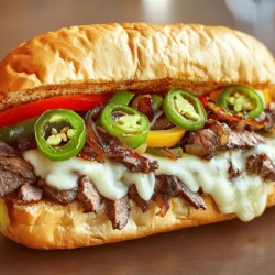 - Ribeye steak - Provolone cheese or Cheez Whiz - Hoagie rolls The ribeye steak is the star of this sandwich. Its rich flavor and tenderness make it a perfect choice. I recommend using thin slices for the best texture. Provolone cheese adds a creamy touch, but Cheez Whiz gives it that classic cheesesteak taste. Hoagie rolls are important too; they hold everything together while staying soft and chewy. - Jalapeños for heat - Garlic powder and seasoning Want to spice things up? Sliced jalapeños add a nice kick. Garlic powder can enhance the flavor profile too. A little seasoning goes a long way in making your cheesesteak stand out. - French fries - Simple salad Pair your cheesesteak with crispy French fries for a classic combo. A simple salad can balance the richness of the sandwich. These sides make your meal feel complete and satisfying. For the complete recipe, check out the Full Recipe link. To make a great cheesesteak, start by seasoning the ribeye steak. Use salt, pepper, and garlic powder for flavor. Mix these well. For the best taste, let the steak sit for a few minutes after seasoning. When slicing the steak, keep it thin. A sharp knife works best. Cut against the grain. This makes the meat tender. Thin slices also cook faster, giving you a juicy bite. Next, it’s time to cook the onions and bell peppers. Heat olive oil in your skillet over medium-high heat. Add the sliced onions and bell peppers. Stir and sauté them for about 3-4 minutes. They should soften but not lose their crunch. Keep an eye on the timing. You want them to be tender but still have some bite. Once they are ready, push them to one side of the skillet. This makes room for the steak. Now for the fun part: assembling the sandwich! After cooking the steak, mix it with the veggies in the skillet. Then, place slices of provolone cheese over the mixture. Cover the skillet for about 2 minutes. This helps the cheese melt perfectly. While the cheese melts, toast your hoagie rolls. You can use another skillet or a toaster. Lightly toasting adds a nice crunch. Finally, scoop the cheesy steak and veggies onto each hoagie roll. If you like spice, add sliced jalapeños on top. Enjoy your Ultimate Cheesesteak Sandwich! For the complete recipe, check out the Full Recipe. When picking ribeye steak, look for bright red color. This shows freshness. You want good marbling, which means fat streaks inside the meat. This fat makes your cheesesteak juicy. A thickness of about 1/4 inch works best for cooking. Thin slices cook quickly and are tender. For cooking cheesesteaks, I recommend using a cast iron skillet. It holds heat well and gives a nice sear. A non-stick skillet is good too but may not give the same flavor. Use a sturdy spatula to flip and mix the meat and veggies. Cover the skillet while the cheese melts. This helps the cheese melt evenly. To add depth, sprinkle some spices on your steak. Garlic powder enhances the taste. You can also try smoked paprika for a twist. For toppings, classic choices include sautéed onions and peppers. Add jalapeños if you like heat. Mustard or hot sauce can be great condiments too. These tips will make your cheesesteak even more tasty. {{image_2}} The cheesesteak has roots in Philadelphia, but many places have their own spin. The classic Philly cheesesteak uses ribeye and provolone cheese, served on a soft hoagie roll. Other regions might use different meats or toppings. For example, some areas favor chicken or even pork. You can also find unique blends of cheese, like cheddar or mozzarella, in different states. If you want a meatless option, try a veggie cheesesteak. Use mushrooms and peppers instead of meat for a tasty twist. While provolone is popular, you can switch it up. Cheddar brings a sharp taste. American cheese melts smoothly and adds creaminess. Want to get creative? Add toppings like sautéed mushrooms, fresh spinach, or even crispy bacon. These choices let you make a cheesesteak that fits your taste. You can build your sandwich with flavors you love. If you enjoy spice, there are many ways to add heat. You can slice fresh jalapeños for a kick. If jalapeños are too hot, try sweet banana peppers instead. You can also use hot sauce to control the heat. Just a few drops can make a big difference. Adjust the heat to suit your taste buds. Making your cheesesteak just right is all about personal choice. For the full recipe, check out the Ultimate Cheesesteak Sandwich 🥩. To keep your leftover cheesesteaks fresh, wrap them tightly in plastic wrap or foil. Store them in an airtight container. This helps to lock in moisture and flavor. Always refrigerate the sandwiches for best results. When ready to eat, you can reheat them in the oven or on a skillet. This keeps the bread crispy and the filling hot. Avoid using a microwave, as it can make the bread soggy. Yes, you can freeze the cheesesteak filling. Just let it cool first. Place the filling in a freezer-safe bag or container. Make sure to remove as much air as possible. This prevents freezer burn. You can freeze the filling for up to three months. When ready to use, thaw it in the fridge overnight. Then, reheat it on the stove or in the oven. Homemade cheesesteaks can last in the fridge for about three to four days. Look for signs of spoilage like a sour smell or mold. If the meat looks dry or discolored, it’s best to discard it. Always trust your senses! To enjoy the best taste, eat your cheesesteaks within this recommended timeline. The best cut for cheesesteaks is ribeye steak. It has great fat marbling, which makes it juicy and flavorful. Thinly slice the ribeye for easy cooking. You can also use sirloin, but ribeye is the classic choice. For the best taste, always choose fresh, high-quality meat. Yes, you can make cheesesteaks in advance! Cook the steak and vegetables, then let them cool. Store them in an airtight container in the fridge for up to three days. When ready to eat, reheat the mixture gently in a skillet. This way, you can enjoy a quick and tasty meal. To get the best cheese melt, cover the skillet after adding cheese. This traps heat and helps the cheese melt evenly. Provolone cheese melts well, but Cheez Whiz gives that classic taste. You can also add a splash of water in the skillet before covering to create steam, which helps the cheese melt faster. Avoid using thick cuts of meat; they won’t cook evenly. Also, don’t overcrowd the skillet, as this can steam the meat instead of browning it. Lastly, remember to season your meat well! This adds flavor and makes your cheesesteak taste great. Follow the Full Recipe for a perfect result every time. To make the ultimate cheesesteak, focus on ribeye, cheese, and fresh rolls. You can add jalapeños or spices for extra flavor. Cooking techniques and equipment play a vital role in getting it just right. Explore fun variations like regional styles or unique toppings to personalize your sandwich. Finally, store leftovers properly to keep them tasty. With these tips, you're ready to create your perfect cheesesteak, satisfying cravings and impressing friends. Enjoy each bite and share your masterpiece!