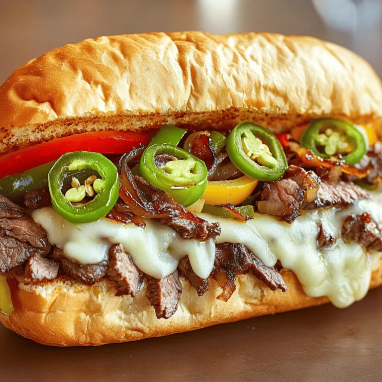- Ribeye steak - Provolone cheese or Cheez Whiz - Hoagie rolls The ribeye steak is the star of this sandwich. Its rich flavor and tenderness make it a perfect choice. I recommend using thin slices for the best texture. Provolone cheese adds a creamy touch, but Cheez Whiz gives it that classic cheesesteak taste. Hoagie rolls are important too; they hold everything together while staying soft and chewy. - Jalapeños for heat - Garlic powder and seasoning Want to spice things up? Sliced jalapeños add a nice kick. Garlic powder can enhance the flavor profile too. A little seasoning goes a long way in making your cheesesteak stand out. - French fries - Simple salad Pair your cheesesteak with crispy French fries for a classic combo. A simple salad can balance the richness of the sandwich. These sides make your meal feel complete and satisfying. For the complete recipe, check out the Full Recipe link. To make a great cheesesteak, start by seasoning the ribeye steak. Use salt, pepper, and garlic powder for flavor. Mix these well. For the best taste, let the steak sit for a few minutes after seasoning. When slicing the steak, keep it thin. A sharp knife works best. Cut against the grain. This makes the meat tender. Thin slices also cook faster, giving you a juicy bite. Next, it’s time to cook the onions and bell peppers. Heat olive oil in your skillet over medium-high heat. Add the sliced onions and bell peppers. Stir and sauté them for about 3-4 minutes. They should soften but not lose their crunch. Keep an eye on the timing. You want them to be tender but still have some bite. Once they are ready, push them to one side of the skillet. This makes room for the steak. Now for the fun part: assembling the sandwich! After cooking the steak, mix it with the veggies in the skillet. Then, place slices of provolone cheese over the mixture. Cover the skillet for about 2 minutes. This helps the cheese melt perfectly. While the cheese melts, toast your hoagie rolls. You can use another skillet or a toaster. Lightly toasting adds a nice crunch. Finally, scoop the cheesy steak and veggies onto each hoagie roll. If you like spice, add sliced jalapeños on top. Enjoy your Ultimate Cheesesteak Sandwich! For the complete recipe, check out the Full Recipe. When picking ribeye steak, look for bright red color. This shows freshness. You want good marbling, which means fat streaks inside the meat. This fat makes your cheesesteak juicy. A thickness of about 1/4 inch works best for cooking. Thin slices cook quickly and are tender. For cooking cheesesteaks, I recommend using a cast iron skillet. It holds heat well and gives a nice sear. A non-stick skillet is good too but may not give the same flavor. Use a sturdy spatula to flip and mix the meat and veggies. Cover the skillet while the cheese melts. This helps the cheese melt evenly. To add depth, sprinkle some spices on your steak. Garlic powder enhances the taste. You can also try smoked paprika for a twist. For toppings, classic choices include sautéed onions and peppers. Add jalapeños if you like heat. Mustard or hot sauce can be great condiments too. These tips will make your cheesesteak even more tasty. {{image_2}} The cheesesteak has roots in Philadelphia, but many places have their own spin. The classic Philly cheesesteak uses ribeye and provolone cheese, served on a soft hoagie roll. Other regions might use different meats or toppings. For example, some areas favor chicken or even pork. You can also find unique blends of cheese, like cheddar or mozzarella, in different states. If you want a meatless option, try a veggie cheesesteak. Use mushrooms and peppers instead of meat for a tasty twist. While provolone is popular, you can switch it up. Cheddar brings a sharp taste. American cheese melts smoothly and adds creaminess. Want to get creative? Add toppings like sautéed mushrooms, fresh spinach, or even crispy bacon. These choices let you make a cheesesteak that fits your taste. You can build your sandwich with flavors you love. If you enjoy spice, there are many ways to add heat. You can slice fresh jalapeños for a kick. If jalapeños are too hot, try sweet banana peppers instead. You can also use hot sauce to control the heat. Just a few drops can make a big difference. Adjust the heat to suit your taste buds. Making your cheesesteak just right is all about personal choice. For the full recipe, check out the Ultimate Cheesesteak Sandwich 🥩. To keep your leftover cheesesteaks fresh, wrap them tightly in plastic wrap or foil. Store them in an airtight container. This helps to lock in moisture and flavor. Always refrigerate the sandwiches for best results. When ready to eat, you can reheat them in the oven or on a skillet. This keeps the bread crispy and the filling hot. Avoid using a microwave, as it can make the bread soggy. Yes, you can freeze the cheesesteak filling. Just let it cool first. Place the filling in a freezer-safe bag or container. Make sure to remove as much air as possible. This prevents freezer burn. You can freeze the filling for up to three months. When ready to use, thaw it in the fridge overnight. Then, reheat it on the stove or in the oven. Homemade cheesesteaks can last in the fridge for about three to four days. Look for signs of spoilage like a sour smell or mold. If the meat looks dry or discolored, it’s best to discard it. Always trust your senses! To enjoy the best taste, eat your cheesesteaks within this recommended timeline. The best cut for cheesesteaks is ribeye steak. It has great fat marbling, which makes it juicy and flavorful. Thinly slice the ribeye for easy cooking. You can also use sirloin, but ribeye is the classic choice. For the best taste, always choose fresh, high-quality meat. Yes, you can make cheesesteaks in advance! Cook the steak and vegetables, then let them cool. Store them in an airtight container in the fridge for up to three days. When ready to eat, reheat the mixture gently in a skillet. This way, you can enjoy a quick and tasty meal. To get the best cheese melt, cover the skillet after adding cheese. This traps heat and helps the cheese melt evenly. Provolone cheese melts well, but Cheez Whiz gives that classic taste. You can also add a splash of water in the skillet before covering to create steam, which helps the cheese melt faster. Avoid using thick cuts of meat; they won’t cook evenly. Also, don’t overcrowd the skillet, as this can steam the meat instead of browning it. Lastly, remember to season your meat well! This adds flavor and makes your cheesesteak taste great. Follow the Full Recipe for a perfect result every time. To make the ultimate cheesesteak, focus on ribeye, cheese, and fresh rolls. You can add jalapeños or spices for extra flavor. Cooking techniques and equipment play a vital role in getting it just right. Explore fun variations like regional styles or unique toppings to personalize your sandwich. Finally, store leftovers properly to keep them tasty. With these tips, you're ready to create your perfect cheesesteak, satisfying cravings and impressing friends. Enjoy each bite and share your masterpiece!