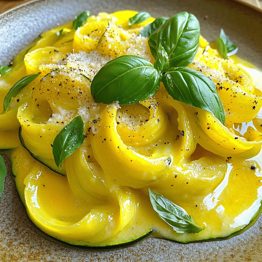 You can use any pasta you love. I recommend fettuccine or spaghetti. They hold the sauce well. You can also try whole wheat or gluten-free pasta. Each option gives a unique taste. Remember to cook it al dente for the best texture. For this recipe, I use yellow zucchini. They have a sweet flavor and bright color. Look for firm zucchinis with smooth skin. Avoid ones with soft spots or blemishes. You can slice them thin for even cooking. This helps them blend nicely with the pasta. Heavy cream makes the sauce rich and smooth. If you want a dairy-free option, use coconut cream. It adds a nice sweetness. For cheese, I love grated Parmesan. It melts well and adds depth. Nutritional yeast works for a dairy-free choice. It gives a cheesy flavor without the dairy. Check out the Full Recipe for more details on making this creamy dish! Start cooking your pasta first. Bring a large pot of salted water to a boil. Add 8 ounces of your favorite pasta, like fettuccine or spaghetti. Cook until it feels firm but tender, or 'al dente.' This usually takes about 8-10 minutes. When done, drain the pasta and save half a cup of the cooking water. Set the pasta aside while you prepare the sauce. Next, grab two medium yellow zucchinis. Slice them thinly; this helps them cook quickly. Heat one tablespoon of olive oil in a large skillet over medium heat. Once hot, add two cloves of minced garlic. Sauté for about one minute until the garlic smells amazing. Now, add the sliced zucchinis to the skillet. Cook them for about 5-7 minutes. Stir occasionally until they are tender but still bright yellow. Now, let’s make the sauce. Pour in one cup of heavy cream and stir well. Allow it to simmer for a couple of minutes. This lets the sauce thicken slightly. After that, add one cup of grated Parmesan cheese and one teaspoon of lemon zest. Mix until the cheese melts and the sauce becomes creamy. If it’s too thick, add some of that reserved pasta water until it’s just right. - Combining Pasta and Sauce: Finally, add the cooked pasta to the skillet. Toss everything together so the pasta is coated with the creamy sauce. Season with salt and black pepper to taste. Serve the pasta hot and garnish it with fresh basil leaves. For more cooking details, check the Full Recipe. To make your sauce creamy, start with the right amount of heavy cream. Use one cup for a rich flavor. If the sauce gets too thick, add a bit of the reserved pasta water. This simple trick helps adjust the texture without losing flavor. Stir well until everything is smooth and well-mixed. Watch the heat; too high can cause it to separate. Keep stirring gently as it simmers. For extra flavor, try adding fresh herbs. Basil or parsley can brighten the dish. A squeeze of fresh lemon juice adds zing and balances the creaminess. You can also mix in some red pepper flakes for heat. Garlic is key, so don’t skip it. It gives depth and richness to the sauce. Taste as you go; it helps you find the right balance. How you serve your pasta matters. Twirl the pasta on a fork and place it in the center of the plate. This creates an inviting look. Drizzle a little olive oil on top for shine. Finish with a sprinkle of extra Parmesan and some fresh basil leaves. These small touches make your meal look gourmet. For a fun twist, serve in a bowl or on a cutting board for a rustic feel. For the full recipe, check out the Creamy Yellow Zucchini Pasta . {{image_2}} If you want a dairy-free version, it’s easy to switch out some ingredients. Use coconut cream instead of heavy cream. It gives a nice, rich taste without any dairy. For cheese, try nutritional yeast. It has a nutty flavor and adds a cheesy vibe to the dish. You can even toss in some cashew cream for added creaminess. This option keeps the dish light and fresh! Want to make this dish more filling? You can add protein easily. Grilled chicken works well if you like meat. Just slice it up and mix it in with the pasta. Shrimp is a great option, too. Sauté them in the skillet with garlic for extra flavor. For a vegetarian choice, add chickpeas or white beans. They bring protein and texture to your meal. To change the flavor profile, think about adding herbs and spices. Fresh basil is great, but you can also use parsley or thyme. A pinch of red pepper flakes can add a bit of heat. If you want a tangy twist, add a splash of balsamic vinegar. For a richer taste, try some sun-dried tomatoes. Each of these tweaks can make your creamy yellow zucchini pasta exciting and new. For the full recipe, check out the Creamy Yellow Zucchini Pasta section. After enjoying your creamy yellow zucchini pasta, you may have some leftovers. Store them in an airtight container. This keeps the flavors fresh and prevents drying out. Place the container in the fridge. The pasta will stay good for 3 to 4 days. Always let it cool first before sealing. To reheat, use a skillet over medium heat. Add a splash of water or broth to keep it moist. Stir often to heat evenly. You can also use the microwave. Just cover it to trap steam. Heat in short bursts, and stir between intervals. This helps avoid hotspots that can dry out the pasta. If you want to freeze this dish, it’s best to do so before adding the cream. Cook the pasta and zucchini, then cool them. Pack them tightly in a freezer-safe bag. Label the bag with the date. You can freeze it for up to 2 months. When ready to eat, thaw it overnight in the fridge. Then, heat and add the cream for a fresh taste. For the full recipe, check out the earlier section. Yes, you can use many other vegetables. Think about using spinach, broccoli, or bell peppers. These add great taste and color. Just chop them small and cook them with the zucchini. Each veggie will change the flavor a bit. Feel free to mix and match based on what you have. If you want a lighter option, use coconut cream. It adds a nice, rich flavor. You can also try using a mix of milk and a bit of butter. This gives a creamy feel without heavy cream. For dairy-free, almond or cashew cream works well too. Just choose what fits your diet best. To make this dish gluten-free, select gluten-free pasta. Many brands offer tasty options made from rice or chickpeas. You can find these in most grocery stores. Just cook them as you would regular pasta. The rest of the recipe stays the same. Enjoy this flavorful dish without worry! For the full recipe, check out the details above. This blog post covered how to make a creamy pasta dish. We discussed the best pasta and zucchini choices, plus cream and cheese options. You learned step-by-step how to cook each ingredient and mix them well. I shared tips for a creamy texture and ways to make your dish shine. Finally, I offered storage advice and answered common questions. Try these ideas for a tasty meal your family will love. You can easily customize and enjoy this dish over and over again!
