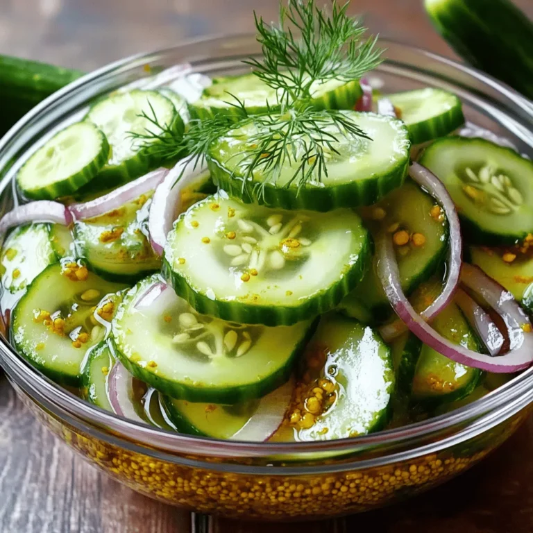 - 4 cups cucumbers, thinly sliced - 1 cup red onion, thinly sliced - 1 cup apple cider vinegar - 1 cup granulated sugar - 1 tablespoon salt - 1 teaspoon mustard seeds - 1 teaspoon celery seeds - ½ teaspoon turmeric - ½ teaspoon red pepper flakes (optional, for spice) - Alternatives for cucumbers: You can use zucchini or yellow squash if you want. These will still give a nice crunch. - Options for vinegar: White vinegar or rice vinegar work well too. They will change the flavor a bit but still taste great. - Sugar substitutes: If you want less sugar, try honey or agave syrup. They will add sweetness without the granulated sugar. The ingredients are simple and easy to find. They create a balance of sweet and tangy. Each ingredient plays a role in making these pickles crunchy and flavorful. It is fun to mix different flavors and find what you like best. To start, you need fresh cucumbers and red onions. Slice the cucumbers thinly. Aim for about 1/8-inch thick. This thickness gives the best crunch. For the onions, cut them in thin slices too. You can use a sharp knife or a mandoline for even slices. Once sliced, place the cucumbers and onions in a large bowl. Toss them gently together. This helps mix the flavors before adding the brine. Next, you’ll make the brine. In a medium saucepan, combine the apple cider vinegar, granulated sugar, and salt. Heat this mixture over medium heat. Stir it often until the sugar and salt dissolve completely. This step is key; you want no grains left. After the sugar and salt dissolve, add the mustard seeds, celery seeds, turmeric, and red pepper flakes if you like spice. Bring this to a gentle simmer for about 2 minutes. Stir occasionally to mix the flavors well. Once done, take the saucepan off the heat and let it cool for 10 minutes. Now it’s time to combine everything. Pour the cooled brine over the cucumbers and onions in the bowl. Make sure all the veggies are fully submerged in the brine. This ensures they soak up all the great flavors. For jar preparation, use clean, sterilized jars. This step keeps your pickles safe and fresh. Transfer the pickles and brine into the jars, sealing them tightly. Refrigeration is very important. It keeps the pickles crunchy and safe. Store the jars in the fridge right after sealing. Allow them to chill overnight. This waiting time helps the flavors meld together. For the best taste, wait at least 24 hours. These pickles can last up to a month in the fridge. Enjoy them with your meals! To make crunchy pickles, start with the right cucumber. I recommend using Kirby or Persian cucumbers. They stay crisp and have fewer seeds. When slicing, keep your cuts even and thin. A mandoline slicer works well for this. Thin slices allow the brine to soak in better. Add herbs and spices to boost flavor. Dill is a classic choice; it gives a fresh taste. You can also try adding fresh garlic for depth. For extra zing, consider including a bit of ginger or horseradish. A splash of lemon juice can add brightness too. Always sterilize your jars before use. This step helps prevent spoilage. You can do this by boiling the jars in water for ten minutes. Store your pickles in the fridge right after making them. They taste best after sitting for at least 24 hours. Keep them sealed tightly to maintain freshness. Enjoy your pickles within a month for optimal crunch and flavor! {{image_2}} To add heat, simply include red pepper flakes or fresh jalapeños. Adjust the spice level to your taste. For a bold kick, try cayenne pepper or crushed red pepper. You can also mix different spices to find your favorite flavor blend. Consider adding garlic powder or black pepper for more depth. Adjusting sugar levels can change the flavor profile. For sweeter pickles, add more sugar. If you prefer a savory taste, cut back on the sugar. You can also add garlic, dill, or other veggies like bell peppers. These additions can create a unique twist on the classic recipe. Quick-pickling is a fast method that uses vinegar and salt for flavor. Simply combine the ingredients and let them sit for a few hours. Fermentation is another option. This method uses salt and time to create tangy pickles. Both methods can give you great results, so try them out! Amish refrigerator pickles can last up to a month in the fridge. Store them tightly sealed to keep them fresh. Signs of spoilage include a sour smell or mold on the surface. If you see these signs, discard the pickles. Use glass jars with tight-fitting lids for the best results. Wide-mouth jars are great, as they make it easy to access the pickles. Keep the jars in the coldest part of your fridge. This helps maintain their crunch and flavor. You can reuse leftover pickle brine! It works well for quick-pickling other veggies. Try it with carrots or radishes. Just pour the brine over the vegetables and let them sit for a day. You can also use brine in salad dressings for extra zing. Check out the Full Recipe for more ideas. Amish Refrigerator Pickles are a type of quick pickle. They use fresh cucumbers and onions. This recipe is simple and requires no cooking for long hours. These pickles are crunchy, sweet, and tangy. They come from the Amish tradition of preserving food. They reflect a simple, wholesome lifestyle. Many people enjoy them as a side dish or snack. You cannot can these pickles for shelf storage. They are meant for refrigeration only. Canning involves heating jars to kill bacteria. This process makes pickles safe for long-term storage. Refrigerator pickles do not go through this process. They stay fresh in the fridge for about a month. To adjust sweetness, change the sugar amount in the brine. If you want sweeter pickles, add more sugar. If you prefer less sweetness, cut back on sugar. Keep in mind, this will change the taste. More sugar makes the pickles sweeter and less tangy. Less sugar will give a sharper flavor. Yes, there are some safe substitutions. If you have allergies to cucumbers, use zucchini instead. For vinegar, you can use white vinegar or rice vinegar. You can also swap granulated sugar with honey or maple syrup. These changes will alter the flavor slightly but can be delicious. Always taste as you go to find what you like best. In this blog post, I covered how to make delicious Amish refrigerator pickles. We explored each ingredient and offered substitutions. I provided step-by-step instructions for preparation and safety tips for storage. You learned about variations and how to enhance flavors. By following these guidelines, you can enjoy fresh, tasty pickles at home. Experiment with different spices and vegetables to find your favorite blend. Your pickling journey can lead to tasty results and fun new flavors. Enjoy your crunchy creations!
