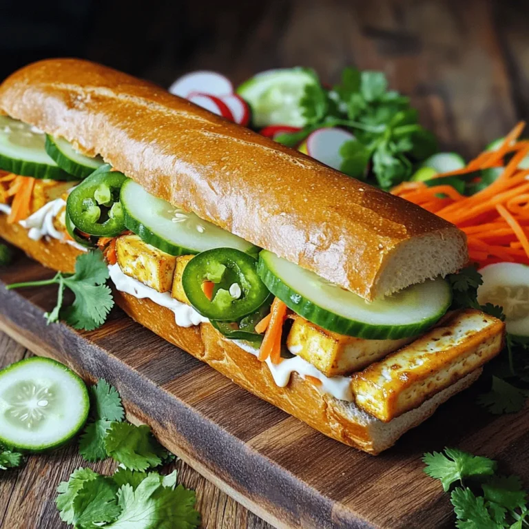 - Firm tofu: 1 block (14 oz), pressed and sliced - Baguette or rolls: 1 French baguette or hoagie rolls - Vegetables: cucumber, carrot, radishes, jalapeño, cilantro - Soy sauce: 1/4 cup - Sesame oil: 2 tablespoons - Maple syrup: 1 tablespoon - Rice vinegar: 1 tablespoon - Mayonnaise: to taste - Salt and pepper: to taste Tofu Banh Mi uses fresh, simple ingredients. Firm tofu gives the sandwich a nice texture. I like to press the tofu to remove excess water. This helps it soak up the flavors better. The baguette should be crispy on the outside and soft inside. For the veggies, I enjoy using a mix of cucumber, carrot, and radishes. They add crunch and brightness. Jalapeño gives a nice kick, and cilantro adds freshness. For the marinade, soy sauce is key for depth. Sesame oil adds a nutty flavor. Maple syrup brings a touch of sweetness, while rice vinegar balances everything out. You can adjust the amount of mayonnaise to your liking. Adding salt and pepper enhances the taste too. Don't forget to check the [Full Recipe] for detailed instructions! Marinating the tofu: Start by mixing the soy sauce, sesame oil, maple syrup, and rice vinegar in a shallow dish. Place your sliced tofu in the marinade, coating it well. Let it sit for at least 30 minutes. This step builds flavor and ensures your tofu is tasty. Cooking the tofu: Heat a non-stick skillet over medium heat. Add the marinated tofu slices. Cook each side for about 4 to 5 minutes. You want the tofu to turn golden and crispy. This texture makes each bite delightful. Cutting and seasoning veggies: In a bowl, combine the sliced cucumber, julienned carrot, radishes, and jalapeño. Sprinkle a pinch of salt over the mixture. This helps draw out the moisture and enhances the flavors. Combining flavors: Let the vegetables sit for about 5 minutes. This short wait allows the flavors to meld together, making your sandwich even tastier. Toasting the baguette: Slice the baguette in half lengthwise. Lightly toast the bread in the oven or on a skillet. This will give your Banh Mi a nice, crispy texture. Layering ingredients: Spread a generous layer of mayonnaise on the inside of each baguette half. Place the cooked tofu on one side and top it with the pickled vegetables and fresh cilantro. Close the sandwich gently and press down. For easier handling, cut it in half. Now, you have an amazing Tofu Banh Mi ready to enjoy! For the full recipe, check the details above. Tofu pressing: Pressing tofu is key. It removes extra water. This helps the tofu soak up the marinade. To press, wrap the block in a clean towel. Place a heavy object on top for about 15 minutes. This step ensures your tofu is firm and flavorful. Marination time: For the best taste, marinate the tofu for at least 30 minutes. If you have time, let it sit longer. Two hours works great! The longer it marinates, the more flavor it gains. This makes every bite delicious. Ideal serving temperature: Serve your Tofu Banh Mi fresh and warm. Warm bread enhances the taste. If you let it sit too long, the bread can get soggy. To keep it fresh, assemble just before serving. Presentation techniques: Make your Banh Mi look great! Use a wooden board for serving. Add extra pickled veggies on the side. A few cilantro sprigs can brighten the plate. These simple touches make your dish inviting and fun to eat. Check out the Full Recipe for more ideas! {{image_2}} You can easily make Tofu Banh Mi vegan-friendly. Instead of regular mayonnaise, use a vegan alternative. There are many great brands available. You can also make your own using tofu, lemon juice, and a bit of mustard. This option is creamy and tasty. You can also swap in local ingredients. If you can’t find traditional veggies, use what you have. Try bell peppers or zucchini instead of cucumber. This way, you can still enjoy a great meal, no matter where you are. Want to spice up your Banh Mi? Add avocado slices for creaminess. Fresh jalapeños give a nice kick. You can also toss in extra herbs, like mint or basil, for more flavor. For sauces, consider sriracha or hoisin sauce. These add a different flavor profile to your sandwich. Just drizzle some on top of the tofu or mix it into your veggies. Your Tofu Banh Mi will be even more delightful! For the full recipe, check out the details above. To store your Tofu Banh Mi, use airtight containers. This keeps the tofu and veggies fresh. Place the tofu in one container and the veggies in another. This way, they stay crisp. In the fridge, your leftovers can last for about three days. After that, the quality might drop. When reheating tofu, use a skillet over medium heat. This helps keep it crispy. You can also use an air fryer for a quick reheat. For the baguette, warm it in the oven or a toaster. A few minutes at 350°F will refresh it nicely. Enjoy your Banh Mi as if it was just made! What type of tofu is best for Banh Mi? I recommend using firm tofu for Banh Mi. Firm tofu holds its shape well and gets crispy when cooked. This texture adds a nice bite to your sandwich. Soft or silken tofu may fall apart too easily and won't give you that great crunch. Can I make the Tofu Banh Mi ahead of time? Yes, you can prepare parts of the sandwich in advance. Marinate the tofu the night before for the best flavor. You can also slice the veggies ahead of time. Just keep them in the fridge until you’re ready to assemble. However, I suggest you toast the baguette just before serving to keep it crispy. Where can I find authentic Banh Mi? You can find authentic Banh Mi at Vietnamese restaurants or food trucks. Many cities have spots known for their sandwiches. If you want to try making it at home, I’ve got a Full Recipe for you to follow. It captures the essence of this classic dish. What are some popular side dishes to serve with Tofu Banh Mi? Some tasty side dishes include a fresh salad, chips, or pickled vegetables. You might also enjoy a bowl of pho or a light soup. These sides complement the flavors of the Banh Mi and can make your meal complete. Tofu Banh Mi blends great flavors and simple ingredients. We covered how to prepare and flavor the tofu, choose fresh veggies, and layer it all in a toasted baguette. Remember to press your tofu well for the best texture and let those pickled veggies sit to enhance their taste. Enjoy experimenting with variations and serving tips to make it your own. With practice, you'll create a delicious meal that shines at any table. This tasty dish is sure to impress!