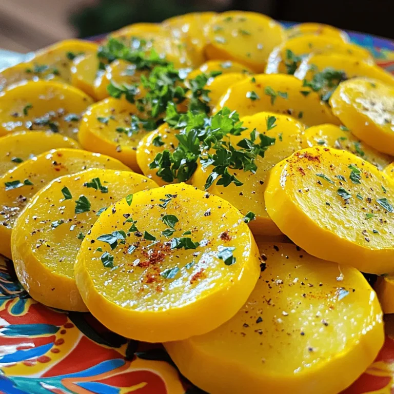 To make easy roasted yellow squash, you need these simple ingredients: - 4 medium yellow squash, sliced into 1/4 inch rounds - 2 tablespoons olive oil - 1 teaspoon garlic powder - 1 teaspoon dried oregano - 1/2 teaspoon smoked paprika - Salt and pepper to taste - Fresh parsley, chopped (for garnish) These ingredients create a vibrant dish. The yellow squash shines with flavor and color. You can change the flavor by trying these seasonings: - Add 1 teaspoon of Italian seasoning for a herby taste. - Use curry powder for a warm kick. - Try lemon zest for brightness. - Mix in red pepper flakes for heat. These options let you customize the dish to suit your taste. Feel free to experiment! Garnishing adds a fresh touch. Here are some great herbs to use: - Basil gives a sweet, aromatic flavor. - Thyme adds a subtle earthiness. - Chives bring a mild onion taste. Using fresh herbs makes your roasted yellow squash look and taste even better. You can find these herbs in most grocery stores or your garden. For the full recipe, check out Easy Roasted Yellow Squash Delight. Start by washing the yellow squash. Make sure to scrub off any dirt. Then, slice the squash into 1/4 inch rounds. This size helps them cook evenly. In a large bowl, mix the sliced squash with olive oil, garlic powder, oregano, smoked paprika, salt, and pepper. Toss everything well. You want the squash to be fully coated. This adds great flavor to each bite. Next, preheat your oven to 400°F (200°C). While it heats, arrange the squash in a single layer on a baking sheet. Avoid overlapping the slices. This step is key for even roasting. Once the oven is ready, place the baking sheet inside. Roast the squash for 20 to 25 minutes. Flip the slices halfway through. You want them tender and golden brown. To get the best texture, pay attention to these tips: - Cut the squash uniformly to ensure even cooking. - Avoid overcrowding the baking sheet. - Use a light hand with the oil, just enough to coat. - Keep an eye on the squash towards the end of roasting; they can brown quickly. For more detailed instructions, check out the Full Recipe. Roasting vegetables is simple. Here are some tips to get it right: - Cut Evenly: Make sure all pieces are the same size. This helps them cook evenly. - Use High Heat: A hot oven gives veggies a nice brown color. Aim for 400°F (200°C) for best results. - Don't Crowd the Pan: Give the squash space. If they touch, they may steam instead of roast. - Flip During Cooking: Turning the squash halfway helps them brown on all sides. Even the best cooks make mistakes. Here are some to watch for: - Skipping the Oil: Oil helps the squash brown. Without it, you may get mushy squash instead. - Not Preheating the Oven: Always preheat your oven. It ensures even cooking from the start. - Overcooking: Keep an eye on the squash. Overcooking makes them soft and less tasty. Seasoning can change everything. Here are some great ideas: - Herbs: Fresh herbs like thyme or rosemary add depth. - Spices: Try chili powder for a kick or cumin for warmth. - Cheese: A sprinkle of Parmesan or feta adds richness. - Citrus: A squeeze of lemon can brighten the flavor. For a full guide on how to make this dish, check the Full Recipe. {{image_2}} You can easily change the flavor of roasted yellow squash by adding cheese. Feta cheese adds a salty kick. Just sprinkle it on top right after baking. Another tasty option is parmesan cheese. It makes the squash rich and savory. You can also use shredded mozzarella for a melty top. Adding nuts like pine nuts or almonds gives a nice crunch. Try these toppings to make your dish even more special. Roasted yellow squash pairs well with many other veggies. You can mix in bell peppers for a sweet twist. Zucchini is another great choice, as it roasts nicely. Carrots can add a hint of sweetness and color, too. Just chop them into similar sizes as the squash. This way, they cook evenly. Mixing different vegetables creates a colorful, tasty side that everyone will enjoy. Want to add some heat? You can easily spice up your roasted yellow squash. Red pepper flakes give a nice kick. Start with a pinch and adjust to your taste. For a smoky flavor, try adding cayenne pepper. If you love curry, sprinkle in some curry powder. Each spice brings a new flavor profile. Feel free to experiment and find what you like best! After enjoying your Easy Roasted Yellow Squash, let the leftovers cool down. Place the squash in an airtight container. This keeps it fresh and tasty. You can store it in the fridge for up to three days. If you want to keep it longer, consider freezing it. When you’re ready to enjoy the leftovers, you can reheat them easily. Preheat your oven to 350°F (175°C). Spread the squash on a baking sheet in a single layer. Heat for about 10-15 minutes. This helps restore the crispiness. You can also use a microwave. Heat in 30-second bursts until warm. Freezing roasted squash is a great way to save it for later. First, let the squash cool completely. Then, spread it out on a baking sheet. Freeze for about two hours until solid. After that, transfer the squash to a freezer bag. Remove as much air as possible. It can last for up to three months in the freezer. When you're ready to eat, thaw it in the fridge overnight before reheating. For more details on making this dish, check the Full Recipe. Yes, you can use other types of squash. Zucchini, butternut, or acorn squash all work well. Each type brings a unique taste and texture. Just cut them to a similar size as yellow squash. This helps them roast evenly. To make this dish more filling, add grains or protein. Quinoa or brown rice pairs nicely. You can also mix in chickpeas or grilled chicken. These additions will turn your roasted squash into a main dish. Roasted yellow squash pairs well with many dishes. Try it with grilled chicken or fish for protein. A fresh salad adds crunch and color. Mashed potatoes or rice can round out your meal. You can also serve it with pasta for a hearty option. For the full recipe, check out the Easy Roasted Yellow Squash Delight section above. This blog post covered everything you need for roasted yellow squash. We discussed the key ingredients and optional seasonings. You learned the best steps for prepping and roasting the squash. I shared tips on texture and flavor to avoid common mistakes. Finally, we talked about how to store leftovers and answered common questions. Roasting yellow squash can be simple and fun. Experiment with flavors and toppings to make it your own. Enjoy your cooking!