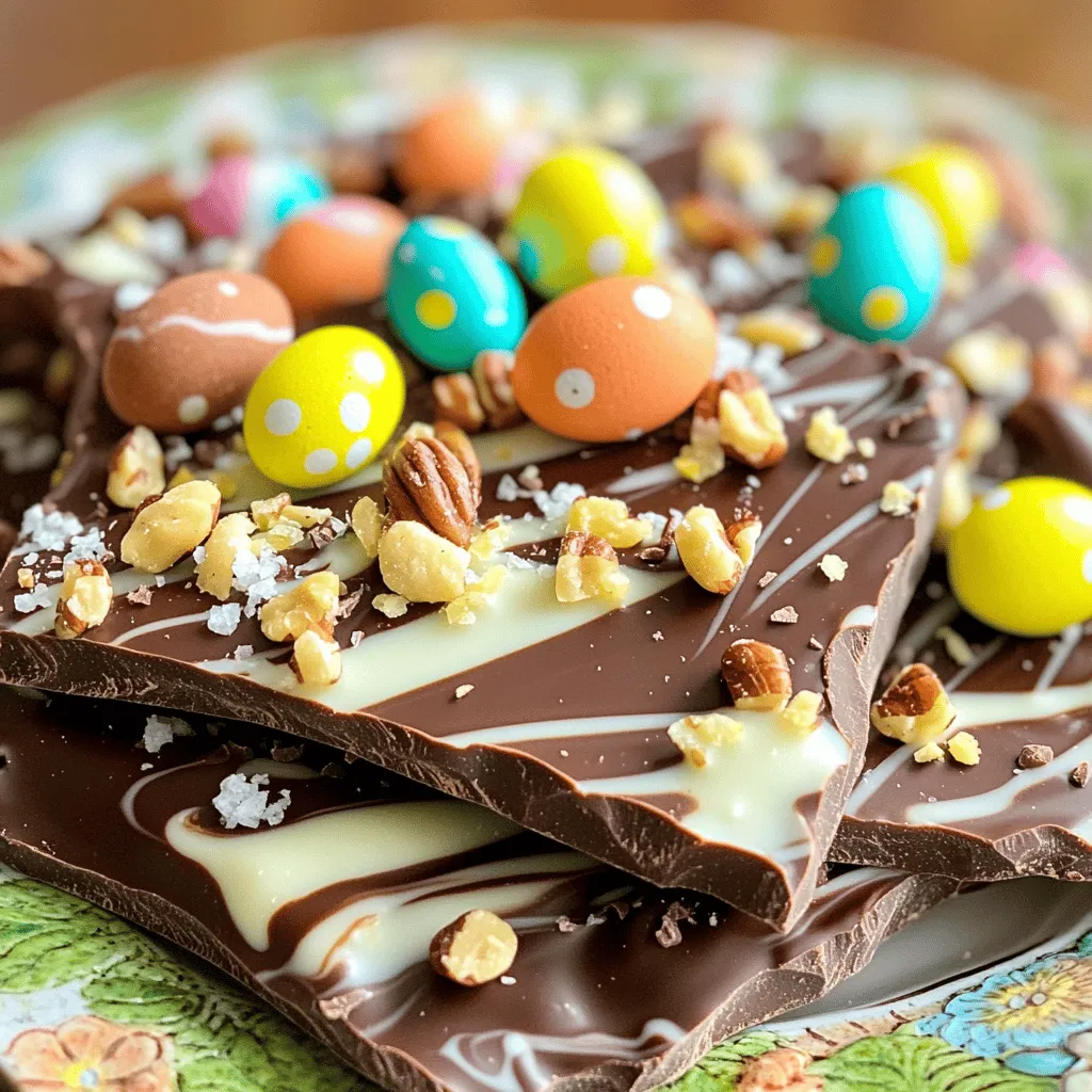 To make Chocolate Easter Bark with Mini Eggs, you need the following items: - 200g dark chocolate, coarsely chopped - 200g milk chocolate, coarsely chopped - 100g white chocolate, coarsely chopped - 150g mini chocolate eggs (like Cadbury Mini Eggs) - 50g crushed nuts, such as almonds or hazelnuts - 1/4 teaspoon sea salt (optional) You can swap some ingredients based on your taste. Try these: - Use semi-sweet chocolate instead of dark chocolate for a sweeter bark. - Milk chocolate can be replaced with white chocolate for a creamier taste. - Instead of mini eggs, use colorful jelly beans or dried fruit for a fun twist. Choose the best chocolate for great taste. Here are some tips: - Look for chocolate with a high cocoa content. Aim for 60% or higher in dark chocolate. - Buy chocolate from brands known for quality. Good brands often have better flavor. - Avoid chocolate with added fillers or artificial flavors. This ensures a rich, true taste. Using quality ingredients makes your Chocolate Easter Bark a delightful treat. If you want the full recipe, check out the complete details above. First, get your baking sheet ready. You will need a sheet that is about 12x16 inches. Line it with parchment paper. This helps the chocolate not to stick. Make sure to smooth out the paper so there are no wrinkles. Now, let’s melt the chocolate. Start with the dark chocolate. Take 200g of dark chocolate and put it in a microwave-safe bowl. Heat it in the microwave for 20 seconds. Stir the chocolate, then heat again. Keep doing this until it is fully melted and smooth. Next, do the same with the milk chocolate. Use another bowl for 200g of milk chocolate. Repeat the same heating method. Once melted, it should be smooth and shiny. Finally, melt 100g of white chocolate in a separate bowl. Follow the same steps. This white chocolate will add a lovely swirl later. Once all the chocolate is melted, it’s time to layer. Start with the dark chocolate. Pour it onto the parchment paper and spread it evenly. Aim for about 1/4 inch thick. Pour the melted milk chocolate over the dark layer. Use a spatula to spread it gently. Now for the fun part! Drizzle the melted white chocolate over the milk chocolate. Take a toothpick or skewer and swirl it through both layers. This will create a beautiful marbled effect. Next, sprinkle the mini chocolate eggs and crushed nuts on top. Press them down lightly so they stick into the chocolate. If you like, add a sprinkle of sea salt for a tasty touch. Finally, place the baking sheet in the fridge for about one hour. This lets the chocolate set. Once firm, lift the bark off the parchment and break it into pieces. For the full recipe, check the recipe section above. To melt chocolate well, I use a microwave or a double boiler. The microwave is faster. Place chocolate in a bowl and microwave in 20-second bursts. Stir after each burst. This keeps the heat even. Stop when it is mostly melted. The heat will finish the job. If you prefer a double boiler, fill a pot with water. Place a heat-safe bowl on top. Stir the chocolate until smooth. This method prevents burning. To create a perfect swirl, you need to drizzle the white chocolate. After layering the milk chocolate, melt the white chocolate. Use a spoon to drizzle it over the milk chocolate. Then, take a toothpick or skewer. Gently twist it through both chocolate layers. Make sure not to mix too much. You want a nice marbled effect, not a solid color. One common mistake is overheating the chocolate. This can make it thick and grainy. Always melt chocolate slowly and stir often. Another mistake is not pressing toppings into the chocolate. Press mini eggs and nuts down gently. This helps them stick when the chocolate hardens. Lastly, avoid skipping the parchment paper. It makes removal easy and keeps your treat intact. For the full recipe, check above. {{image_2}} You can add fun flavors to your chocolate bark. Try vanilla or almond extract for a nice twist. Just a few drops can change the taste. You can also use spices like cinnamon or nutmeg for warmth. Mix these in when melting the chocolate for even flavor. Get creative with your toppings! Instead of mini eggs, use dried fruits like cranberries or apricots. They add chewiness and a fruity taste. You could also try other candies, like gummy bears or caramel pieces. Just make sure they fit well on the chocolate. Press them in gently for the best hold. If you want a vegan option, swap regular chocolate for dairy-free chocolate. Many brands offer tasty dark or milk alternatives. You can also use nuts or seeds for crunch without dairy. Just check the labels to ensure they fit your dietary needs. These simple swaps keep the treat delicious for everyone. For the full recipe, make sure to check out the Chocolate Easter Bark with Mini Eggs. After making your chocolate bark, let it cool completely. Once cool, break it into pieces. Place the pieces in a single layer on a plate. Cover them with plastic wrap or foil. This keeps them fresh. If you want to store more pieces, use an airtight container. The best containers for storing chocolate bark are glass jars or plastic storage boxes. Choose containers that fit well, so the bark does not move around. Avoid using containers with strong odors. This can change the taste of the chocolate. Make sure the container is clean and dry before adding the bark. Chocolate bark lasts about two weeks at room temperature. If you want to keep it longer, freeze it. Wrap each piece in plastic wrap and place them in a freezer bag. Make sure to remove as much air as possible. This helps prevent freezer burn. When ready to eat, let the bark thaw in the fridge. Enjoy fresh, tasty chocolate bark anytime! For the full recipe, check the section above. Chocolate bark usually takes about 1 hour to set in the fridge. The time might change based on how thick the layers are. If you spread the chocolate thinly, it might set faster. Always check to make sure it’s firm before breaking it apart. Yes, you can use any type of chocolate you like! Dark, milk, or white chocolate all work well. You can also mix in your favorite candies. Try using peanut butter cups, caramel candies, or even dried fruit for fun twists. Just keep the ratios similar to the full recipe. If your chocolate seizes, don’t panic! You can rescue it by adding a small amount of vegetable oil or warm cream. Stir well until it smooths out. Next time, make sure to melt the chocolate slowly. Avoid any water getting into the bowl. To cut chocolate bark easily, use a sharp knife. Start by lifting the bark from the parchment paper. Place it on a cutting board. Score the bark lightly with the knife to make lines. Then press down gently to break it into pieces. This method keeps the edges neat! This blog covered all you need to know about making chocolate bark. We discussed ingredients, tips for quality, and step-by-step instructions for melting and layering chocolate. I shared ways to avoid mistakes and build your skills. You learned about fun variations and how to store your treats well. Remember, chocolate bark is fun to make and eat. With these tips, you’ll create perfect bark every time. Happy baking!