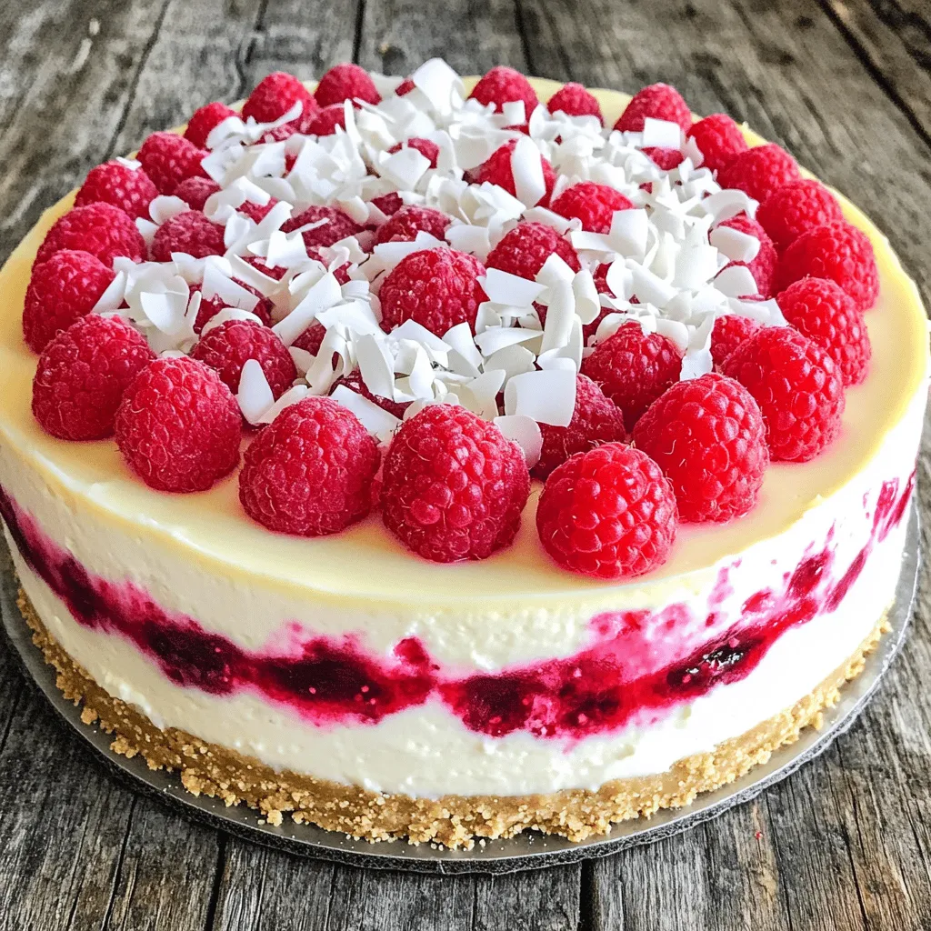 To make a delicious white chocolate raspberry cheesecake, gather these key ingredients: - 1 ½ cups graham cracker crumbs - ½ cup unsalted butter, melted - 2 cups cream cheese, softened - 1 cup granulated sugar - 2 large eggs - 1 teaspoon vanilla extract - 8 oz white chocolate, melted - 1 cup fresh raspberries - ½ cup sour cream - 1 tablespoon lemon juice These ingredients work together to create a rich and creamy cheesecake. The graham cracker crumbs form a sweet crust, while the melted white chocolate adds a smooth, sweet touch. Fresh raspberries provide a burst of flavor that pairs perfectly with the creamy filling. You can make your cheesecake even better with these optional garnishes: - Fresh raspberries for decoration - White chocolate shavings for added sweetness - A drizzle of raspberry sauce for a tangy twist These toppings not only make your cheesecake look beautiful, but they also add extra flavor and texture. To create your cheesecake, you’ll need some essential tools: - 9-inch springform pan - Mixing bowls - Electric mixer or whisk - Spatula for smoothing the batter - Measuring cups and spoons Using the right equipment makes the process easier and helps you achieve great results. For the full recipe, check the previous section. To start, gather your ingredients for the crust. You will need: - 1 ½ cups graham cracker crumbs - ½ cup unsalted butter, melted First, preheat your oven to 325°F (160°C). In a medium bowl, mix the graham cracker crumbs with the melted butter. Stir until everything is combined. Next, take a 9-inch springform pan and press this mixture into the bottom. Make sure it's firm and even. Bake the crust for 10 minutes. Once done, remove it from the oven and let it cool. Now, let's prepare the cheesecake filling. You will need: - 2 cups cream cheese, softened - 1 cup granulated sugar - 2 large eggs - 1 teaspoon vanilla extract - 8 oz white chocolate, melted - ½ cup sour cream - 1 tablespoon lemon juice - 1 cup fresh raspberries Take a large mixing bowl and beat the softened cream cheese until it's smooth. Gradually add the granulated sugar while mixing. This step is key for a creamy texture. Add the eggs one at a time, mixing well after each. Then stir in the vanilla extract and melted white chocolate. Mix until everything is well blended. Gently fold in the sour cream, lemon juice, and fresh raspberries. Be careful not to break the raspberries too much. Pour the cheesecake batter over the cooled crust in the springform pan. Smooth the top with a spatula. Now, it's time to bake! Place the pan in the preheated oven and bake for 55-60 minutes. The center should look set but still jiggly. When the time is up, turn off the oven. Leave the cheesecake inside for 1 hour. This helps it cool slowly and prevents cracks. After an hour, take the cheesecake out and let it cool to room temperature. Finally, refrigerate it for at least 4 hours, or overnight if you can wait. This helps it set properly. For the full recipe, check out the complete instructions. Enjoy your baking! To keep your cheesecake smooth, control the heat. Bake at a low temperature, around 325°F (160°C). Let the cheesecake cool slowly in the oven. After baking, turn off the oven and leave the door slightly open for about an hour. This step helps it cool down gently and reduces cracks. Additionally, avoid over-mixing the batter. Too much air can cause cracks as it bakes. When using fresh raspberries, choose plump and firm ones. Rinse them gently and pat dry with a clean towel. This keeps them fresh and helps avoid excess water in your cheesecake. Fold the raspberries into the batter carefully to prevent them from breaking apart. This way, you maintain their beautiful shape and burst of flavor in each slice. Serve your cheesecake with a drizzle of raspberry sauce for added flavor. You can make this sauce by simmering fresh raspberries with sugar. Serve it warm or cold, depending on your taste. Pair your cheesecake with whipped cream or a scoop of vanilla ice cream. For a refreshing twist, enjoy it with a cup of green tea or a light dessert wine. These combos elevate the experience of your cheesecake delight. {{image_2}} You can add a fun twist to your cheesecake with a chocolate swirl. To do this, melt extra dark chocolate. After mixing your cheesecake batter, pour half into the crust. Then, drizzle the melted chocolate over it. Use a knife to swirl the chocolate into the batter. Add the rest of the cheesecake batter on top. This gives a beautiful marbled effect and a rich flavor. While raspberries shine in this recipe, you can try other fruits too. Strawberries, blueberries, or even cherries work well. Just make sure to adjust the sweetness if you choose a fruit that is less tart. You can mash the fruit lightly. This will mix well with the cheesecake batter and add a burst of flavor. Feel free to experiment! If you want a quicker option, try a no-bake version. Use the same ingredients but skip the baking step. Mix the cream cheese and sugar until smooth. Then, fold in the melted white chocolate, sour cream, and raspberries. Pour the mixture into a crust and chill it in the fridge for at least 4 hours. This makes a creamy, cool dessert perfect for warm days. You can find the full recipe to guide you through these changes. To keep your white chocolate raspberry cheesecake fresh, store it in the fridge. Use an airtight container to prevent it from drying out. You can also cover it with plastic wrap. Proper storage helps maintain its creamy texture and flavor. Enjoy your cheesecake for up to five days when stored correctly. If you want to save some cheesecake for later, freezing is a smart choice. First, let the cheesecake cool completely. Then, wrap it tightly in plastic wrap. After that, wrap it in aluminum foil for extra protection. Label it with the date and freeze for up to three months. When you are ready to eat it, thaw it in the fridge overnight for the best results. When it comes time to serve your cheesecake, ensure it's at room temperature for the best taste. If it's been in the fridge, let it sit out for about 30 minutes. Avoid microwaving the cheesecake, as it can change the texture. Instead, slice and serve it chilled or at room temperature. For an extra touch, add fresh raspberries or white chocolate shavings from the Full Recipe. Enjoy each delightful bite! You can tell your cheesecake is done when the edges are firm and the center is slightly jiggly. This means it will set as it cools. You can also use a toothpick to check. Insert it in the center; if it comes out clean or with a few crumbs, it's ready. Do not worry if it jiggles a little. Cheesecake firms up as it cools. Yes, you can use frozen raspberries instead of fresh ones. Just remember to thaw them before use. Drain any excess juice to keep your cheesecake from getting too wet. Frozen raspberries can taste just as good and may even be easier to work with since they break down nicely in the batter. If you need to replace cream cheese, try using ricotta cheese or Greek yogurt. Both options create a creamy texture. Keep in mind that the flavor will change a bit. Ricotta may be a bit milder, while Greek yogurt adds a slight tang. You can also find vegan cream cheese if you want a dairy-free option. Check for brands that offer a good creamy texture. For the complete guide on making this dessert, refer to the Full Recipe. The blog post explored how to make a delicious white chocolate raspberry cheesecake. We covered essential ingredients, step-by-step instructions, and tips to avoid cracks. Variations and storage options ensure you can enjoy it longer. Remember, using fresh raspberries adds flavor, and a no-bake option offers simplicity. Now you can make this treat with confidence and enjoy it with family and friends. Happy baking!