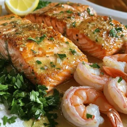 To make your salmon and shrimp dish shine, you need key ingredients. Here’s what you’ll need: - 2 salmon fillets - 8 oz shrimp, peeled and deveined - 4 cloves garlic, minced - 1 tablespoon olive oil - 1 tablespoon butter - 1 lemon, juiced (about 2 tablespoons) - 1 teaspoon paprika - Salt and pepper to taste - Fresh parsley, chopped (for garnish) These ingredients work together to create a rich and flavorful sauce. The garlic adds a bold taste, while the lemon brightens the dish. You can also add a few optional ingredients to take your dish to the next level: - Red pepper flakes for heat - Fresh herbs like thyme or dill for added aroma - A splash of white wine for depth - Grated Parmesan cheese for creaminess These extras allow you to customize your dish based on your taste. Feel free to experiment! If you don’t have all the ingredients, don’t worry! Here are some easy swaps: - Use tilapia or cod instead of salmon. - Any cooked shrimp can replace the raw ones. - Substitute garlic with garlic powder (1/4 teaspoon per clove). - Lemon juice can be swapped with lime juice. These substitutes ensure you can still create a tasty meal even with limited ingredients. For the full recipe, check out the Salmon & Shrimp Delight with Garlic Sauce. First, take your salmon fillets and pat them dry with paper towels. This step helps the skin get crispy. After that, sprinkle salt, pepper, and paprika on both sides of the fillets. Use just enough to add flavor without overpowering the fish. Next, heat a large skillet over medium heat. Add olive oil and butter to the pan. Wait for the butter to melt before adding the salmon fillets, skin-side down. Cook for about 4 to 5 minutes. This will make the skin crispy. After that, carefully flip the salmon fillets. Add the minced garlic to the skillet. Let it cook for another 3 to 4 minutes. The salmon should be cooked through and flaky. Once the salmon is done, take it out and keep it warm on a plate. In the same skillet, add the shrimp. Cook the shrimp for 2 to 3 minutes. They should turn pink and be fully cooked. Squeeze fresh lemon juice over the shrimp. Stir well to mix the flavors. Cook for another minute, then you are ready to serve. To serve, place the salmon on a plate. Top it with the garlic shrimp and drizzle the sauce from the skillet over the top. Finish with fresh parsley to add color and freshness. Enjoy this dish hot for the best taste. You can find the full recipe for Salmon & Shrimp Delight with Garlic Sauce in the article. To get crispy salmon skin, start with dry fillets. Pat them with paper towels. This step removes moisture for better crisping. Season the skin with salt and paprika. Heat your skillet before adding the fish. When the oil and butter are hot, place the salmon skin-side down. Cook it without moving for 4-5 minutes. This allows the skin to crisp up nicely. Flip it gently to avoid tearing. The skin should be golden and crispy. Sautéing shrimp is quick and easy. Use medium heat to cook them evenly. Start by adding the shrimp to the hot skillet. Cook for 2-3 minutes until they turn pink. Don't overcrowd the pan; this helps them cook well. Stir occasionally to ensure even cooking. Once they are done, squeeze lemon juice over them. This adds brightness to the flavor. Remove them from the pan promptly to avoid overcooking. Pair your salmon and shrimp with fresh herbs. Chopped parsley adds a nice touch. Other herbs like dill or cilantro work well too. For a spicy kick, sprinkle red pepper flakes. Serve with lemon wedges for extra zest. A simple side of rice or a salad complements the dish nicely. You can also try garlic bread for a cozy meal. For the full recipe, check out the detailed instructions provided above. {{image_2}} You can add heat to this dish. Mix in red pepper flakes or hot sauce. Use one teaspoon of red pepper flakes for a mild kick. For more heat, double that amount. This change wakes up the flavors and excites your taste buds. You’ll enjoy a bold flavor that complements the garlic. If you love creamy sauces, this option is for you. Add heavy cream to the garlic sauce. Start with 1/4 cup and stir it in after you cook the shrimp. This makes the sauce rich and smooth. It pairs perfectly with the salmon and shrimp. You can also use Greek yogurt for a lighter option. Want to add more nutrition? Toss in some veggies. Good choices are spinach, bell peppers, or zucchini. Add them when you cook the shrimp. This keeps the veggies crisp and bright. They add color and important nutrients to your meal. You can modify the recipe while keeping it delicious. For the complete instructions, refer to the Full Recipe. To store your leftover salmon and shrimp, let them cool first. Place the food in an airtight container. You can keep it in the fridge for up to three days. Make sure to separate the salmon and shrimp from the sauce if you can. This helps keep the texture nice. When reheating, the goal is to keep the fish moist. Place the salmon and shrimp in a skillet. Add a splash of water or broth to help with moisture. Heat on low for about 5 minutes. Stir gently until warmed through. Avoid the microwave, as it can dry out the fish. If you want to freeze the dish, do it right after cooking. Wrap the salmon and shrimp tightly in plastic wrap. Then, place them in a freezer bag. Make sure to squeeze out as much air as possible. This can last up to three months. When you’re ready to eat, thaw it in the fridge overnight before reheating. Cooking salmon and shrimp takes about 15 to 20 minutes. First, season the salmon and cook it for 4 to 5 minutes on one side. Then, flip it for another 3 to 4 minutes. For shrimp, just 2 to 3 minutes is enough. They turn pink when done. Yes, you can use frozen shrimp. Just thaw them first. Place the shrimp in cold water for about 10 minutes. Once thawed, pat them dry before cooking. This helps them cook evenly and taste better. This dish pairs well with several sides. Try serving it with: - Steamed rice - Quinoa - Garlic bread - Fresh salad - Roasted vegetables These sides balance the rich flavors of salmon and shrimp. You can find the full recipe for Salmon & Shrimp Delight with Garlic Sauce in the earlier sections of this article. It includes all the steps to make this tasty dish. This article covered how to cook a tasty salmon and shrimp dish. I shared key ingredients and steps, plus tips for perfecting textures and flavors. You learned about spicy and creamy variations to mix it up. We discussed how to store leftovers and best reheating methods. Cooking this dish can be simple but satisfying. Enjoy your time in the kitchen!
