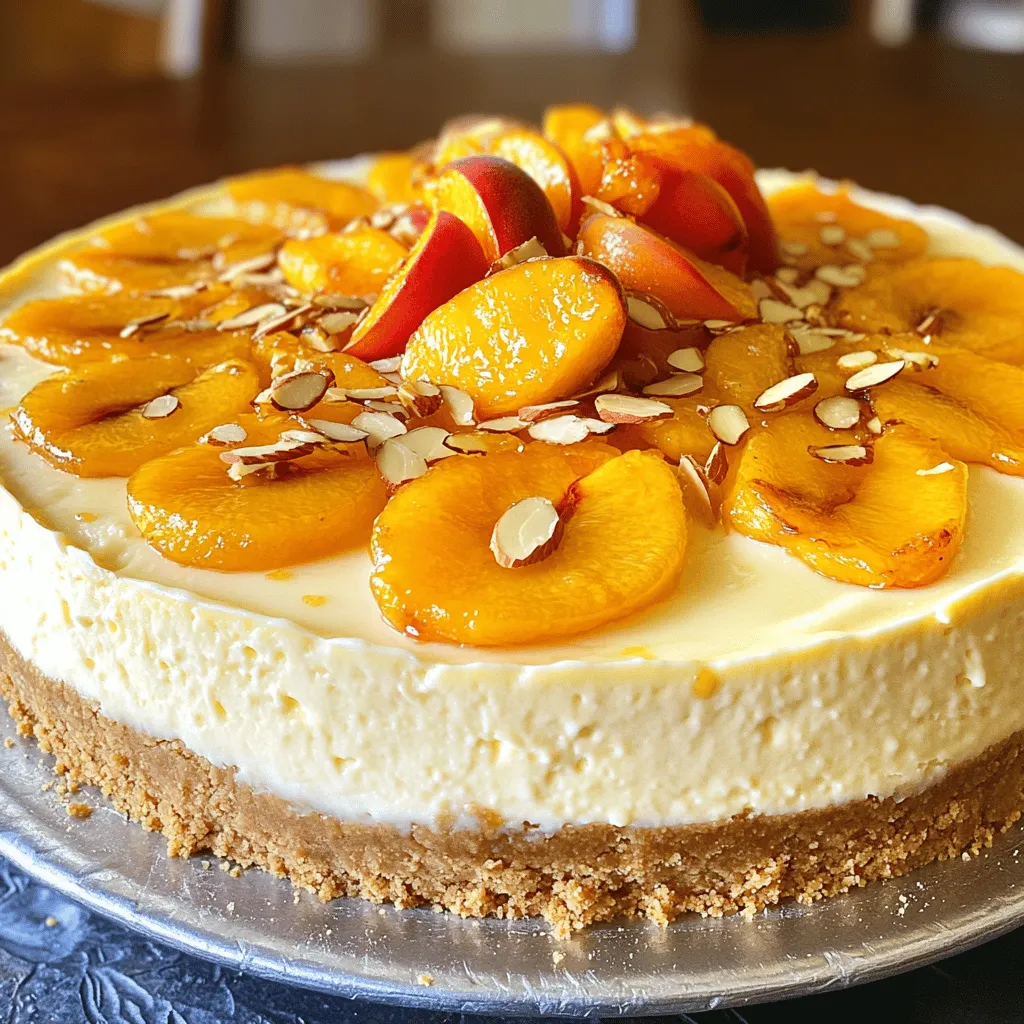 - 2 cups fresh peaches, sliced - 2 tablespoons brown sugar - 1 teaspoon cinnamon - 1 tablespoon lemon juice Fresh peaches are the star of this dish. They bring sweetness and flavor to the cheesecake. Roasting them adds depth, making each bite even better. You can choose ripe, juicy peaches for the best taste. The brown sugar and cinnamon mix well with the peaches. The lemon juice helps balance the sweetness. - 1 ½ cups graham cracker crumbs - ½ cup unsalted butter, melted The crust is simple but key to a great cheesecake. I use graham cracker crumbs because they add a nice crunch. Mixing them with melted butter makes the crust stick together. Press it down firmly in the pan for a solid base. - 3 (8 oz) packages cream cheese, softened - 1 cup granulated sugar - 3 large eggs - 1 teaspoon vanilla extract - 1 cup sour cream - ½ cup all-purpose flour - Sliced almonds or pecans for garnish (optional) The filling is creamy and rich. Start with softened cream cheese, so it mixes well. Sugar sweetens the filling, while eggs give it structure. Vanilla and sour cream add flavor and smoothness. Flour helps to hold everything together. You can sprinkle some nuts on top for crunch. This adds texture and makes it look pretty. For the full recipe, check the detailed instructions above. First, preheat your oven to 400°F (200°C). This step is key for getting those peaches nice and caramelized. In a bowl, combine 2 cups of sliced peaches, 2 tablespoons of brown sugar, 1 teaspoon of cinnamon, and 1 tablespoon of lemon juice. Toss everything together until the peaches are well coated. Spread this mixture onto a baking sheet in an even layer. Roast the peaches in the oven for about 15-20 minutes. They should be soft and smell sweet. Once done, let them cool slightly. While the peaches roast, it's time to make the crust. Grab a bowl and mix 1 ½ cups of graham cracker crumbs with ½ cup of melted unsalted butter. Stir until everything is well combined. Press this mixture firmly into the bottom of a 9-inch springform pan. Make sure it is even and compact. Bake the crust for 10 minutes. After baking, take it out and let it cool completely. For the cheesecake filling, start with a large mixing bowl. Beat together 3 packages (8 oz each) of softened cream cheese and 1 cup of granulated sugar until the mixture is smooth and creamy. Next, add 3 large eggs one at a time, mixing thoroughly after each addition. Then mix in 1 teaspoon of vanilla extract and 1 cup of sour cream. Finally, add ½ cup of all-purpose flour, making sure there are no lumps. Gently fold in the roasted peaches, but save a few slices for later. Now, pour the cheesecake filling into the cooled crust and smooth the top with a spatula. Bake in the oven at 325°F (160°C) for 50-60 minutes. The center should set but still jiggle slightly. Turn off the oven and crack the door. Let the cheesecake cool slowly for an hour. After that, refrigerate it for at least 4 hours, or overnight if you can wait. For the full recipe, check out the complete details. To get a smooth and creamy cheesecake, use room temperature ingredients. Cold cream cheese clumps together and makes it hard to mix. Let your cream cheese sit out for 30 minutes before using it. This small step helps your batter come together well. Cooling your cheesecake slowly is key to avoid cracks. After baking, turn off the oven and crack the door. Let it cool in the oven for about an hour. This gradual cooling keeps the temperature even and helps your cheesecake stay intact. You can add more flavor to your cheesecake. Try adding a pinch of nutmeg or ginger for warmth. A splash of almond extract can also enhance the taste. These little changes can make a big difference. For toppings, think about fresh whipped cream or a drizzle of honey. You could also use some caramel sauce for extra sweetness. Sliced almonds or pecans add a nice crunch and look pretty on top. A common mistake is overmixing the batter. Mixing too much can add air, which makes the cheesecake rise and fall. Mix just until combined for the best texture. Another mistake is not cooling the cheesecake properly. Rushing to cool it can lead to cracks. Always let it cool slowly as mentioned earlier. This extra time pays off with a beautiful, smooth cheesecake. {{image_2}} You can use different seasonal fruits for your cobbler cheesecake. Try fresh blueberries, ripe strawberries, or even sweet cherries. Each fruit brings its own unique taste. Mixing fruits can create a more complex flavor. For example, combining peaches with blackberries gives a sweet and tart balance. You can also use frozen fruits if fresh ones are not available. Just make sure to thaw and drain them first. If you need a gluten-free version, there are simple swaps you can make. Use gluten-free graham cracker crumbs for the crust. You can also try almond flour or oats as a base. Check the labels to ensure all your other ingredients are gluten-free. This way, everyone can enjoy this delicious dessert. To make this cheesecake dairy-free, substitute cream cheese with a plant-based version. Look for brands made from nuts or soy. For sour cream, you can use coconut cream or cashew cream instead. Non-dairy milk also works well in this recipe. Almond or oat milk can add extra flavor without the dairy. These swaps keep the cheesecake creamy and tasty. To keep your roasted peach cobbler cheesecake fresh, use an airtight container. Glass or plastic containers work well. Cover the cheesecake tightly with plastic wrap before placing it in the container. This keeps moisture out and flavors in. You can freeze the cheesecake if you want to store it longer. Freezing helps keep it fresh, but it changes the texture a bit. To freeze, wrap the cheesecake tightly in plastic wrap. Then, place it in a freezer-safe bag. When you're ready to eat, thaw it in the fridge overnight. Serve it chilled for the best taste. In the fridge, the cheesecake lasts about 5 to 7 days. If you see any mold or smell an off odor, it's time to toss it. Always check for signs of spoilage before serving. Enjoy your delicious treat while it's fresh! For the full recipe, check the section above. Yes, you can make this cheesecake a day or two in advance. I recommend storing it in the fridge. Cover it well with plastic wrap or foil. This keeps it fresh and ready to serve when you need it. Just remember to allow it to chill for at least four hours after baking. For the best taste, serve it cold after it's fully set. Cracking can happen, but it's easy to fix. First, ensure you use room temperature cream cheese. This helps mix smoothly. Slow baking is key. Bake it at a low temperature and avoid opening the oven door. If you see cracks, you can cover them with toppings like whipped cream or fruit. This makes it look nice again. Yes, you can adapt it for different diets. For a vegan version, use vegan cream cheese and egg replacements. For a gluten-free option, use gluten-free graham crackers for the crust. You can also look for gluten-free flour. These swaps still keep it tasty and fun. Enjoy these variations while keeping the spirit of the dish intact! This article covered a delightful recipe for Roasted Peach Cobbler Cheesecake. We explored fresh ingredients, made a creamy filling, and baked a tasty crust. You learned how to avoid common mistakes and enhance flavor with tips provided. Variations let you adapt to your taste and dietary needs. Storing your cake properly helps maintain its freshness. Creating this cheesecake can be fun and rewarding. Now, you can impress friends and family with a delicious treat they’ll love. Enjoy baking!