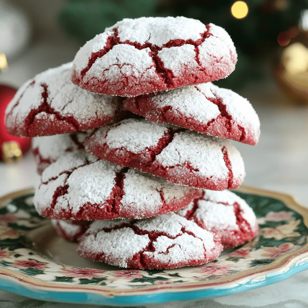 - 2 cups all-purpose flour - 1/4 cup cocoa powder - 1 teaspoon baking powder - 1/2 teaspoon baking soda - 1/2 teaspoon salt - 1/2 cup unsalted butter, softened - 1 cup granulated sugar - 1 large egg - 1 tablespoon milk - 1 teaspoon vanilla extract - 1 tablespoon red food coloring - 1/2 cup powdered sugar (for dusting) When it comes to making Red Velvet Crinkle Cookies, the right ingredients make all the difference. I love using high-quality all-purpose flour for a light texture. Cocoa powder adds a rich flavor. Baking powder and baking soda help the cookies rise, while salt enhances the sweetness. Using unsalted butter gives you control over the salt level. I prefer granulated sugar for the right sweetness and texture. The egg binds everything together, and milk adds moisture. Vanilla extract lends a warm flavor, and red food coloring gives these cookies their signature hue. Finally, powdered sugar is a must for that beautiful crinkle effect. For gluten-free options, you can use almond flour or a gluten-free blend. Just be sure to check the package for the right measurements. When choosing cocoa powder, natural cocoa gives a lighter color and taste. Dutch-processed cocoa has a deeper flavor and darker color. Use whichever you prefer, but note that it can change the look and taste of your cookies. If you want the full recipe, check the section above for all the details! 1. Preheat your oven to 350°F (175°C). Line your baking sheet with parchment paper. This step helps cookies bake evenly. 2. In a medium bowl, whisk together: - 2 cups all-purpose flour - 1/4 cup cocoa powder - 1 teaspoon baking powder - 1/2 teaspoon baking soda - 1/2 teaspoon salt Set these dry ingredients aside. 3. In a large mixing bowl, cream together: - 1/2 cup unsalted butter, softened - 1 cup granulated sugar Mix until light and fluffy, about 2-3 minutes. 4. Next, add: - 1 large egg - 1 tablespoon milk - 1 teaspoon vanilla extract - 1 tablespoon red food coloring Mix until everything is combined. 5. Gradually stir in the dry ingredients. Mix just until combined. Be careful not to overmix. The dough should feel thick. 6. Chilling the dough is key! Place it in the refrigerator for 30 minutes to 1 hour. This helps the cookies keep their shape while baking. 7. Once chilled, scoop out portions of dough using a tablespoon. Roll each portion into a ball. Roll the balls in powdered sugar until fully coated. 8. Place the dough balls on the prepared baking sheet, spaced about 2 inches apart. 9. Bake for 10-12 minutes. The edges should be firm, but the middles must remain soft. 10. Let the cookies cool on the baking sheet for 5 minutes. Then, transfer them to a wire rack to cool completely. For the full recipe, check out the detailed breakdown of ingredients and steps. To get that beautiful crinkle on your cookies, chilling the dough is key. After mixing, place the dough in the fridge for 30 minutes to 1 hour. This step keeps the cookies from spreading too much while baking. Try to scoop and roll the dough right after chilling. The baking time also plays a big role in texture. Bake the cookies for 10 to 12 minutes. You want the edges to be firm, but the middle should still feel soft. They will firm up as they cool. Red Velvet Crinkle Cookies pair nicely with milk or coffee. The sweetness of the cookies balances well with the warmth of these drinks. You can also serve them with a scoop of vanilla ice cream for a fun dessert. For presentation, stack the cookies on a nice plate. Dust them with powdered sugar for a festive look. You can even add a few chocolate chips on top before baking for extra flavor. To keep your cookies fresh, store them in an airtight container. This will help them stay soft for days. You can also layer them with parchment paper to avoid sticking. If you want to save some for later, freezing is a great option. Just place the cooled cookies in a freezer bag. When you want to enjoy them, thaw them at room temperature for about 30 minutes. They will taste just as good as fresh! {{image_2}} You can add more to your Red Velvet Crinkle Cookies. Use chocolate chips or nuts for extra flavor. Just mix them into the dough before chilling. This adds a nice crunch and richness. You can also try spices like cinnamon. A pinch of cinnamon can give your cookies a warm, cozy taste. It’s a fun twist that makes them special. Don’t be afraid to get creative with colors! You can make different colored crinkle cookies for any occasion. For example, use green food coloring for St. Patrick’s Day. This makes your treats festive and fun. You can even try purple for a whimsical touch. The key is to balance the color with the flavor. If you want gluten-free cookies, use almond flour or coconut flour. These flours give a nice texture. For vegan options, replace the egg with a flax egg or applesauce. Use coconut oil instead of butter for a dairy-free choice. Always remember to check your baking powder for hidden dairy. These swaps help keep the cookies tasty and enjoyable for everyone. Ingredients: - 2 cups all-purpose flour - 1/4 cup cocoa powder - 1 teaspoon baking powder - 1/2 teaspoon baking soda - 1/2 teaspoon salt - 1/2 cup unsalted butter, softened - 1 cup granulated sugar - 1 large egg - 1 tablespoon milk - 1 teaspoon vanilla extract - 1 tablespoon red food coloring - 1/2 cup powdered sugar (for dusting) Instructions: 1. Preheat your oven to 350°F (175°C). Line a baking sheet with parchment paper. 2. In a medium bowl, mix the flour, cocoa powder, baking powder, baking soda, and salt. Set this aside. 3. In a large bowl, cream the softened butter and granulated sugar until light and fluffy, about 2-3 minutes. 4. Add the egg, milk, vanilla extract, and red food coloring to the butter mixture. Mix until fully combined. 5. Gradually add the dry mix to the wet mix. Stir just until combined. The dough will be thick. 6. Chill the dough in the fridge for 30 minutes to 1 hour. This helps the cookies hold their shape. 7. Once chilled, scoop out dough with a tablespoon. Roll each piece into a ball and coat it in powdered sugar. 8. Place the dough balls on the baking sheet. Leave about 2 inches between each ball. 9. Bake for 10-12 minutes. The edges should be firm, but the centers will be soft. 10. Let the cookies cool on the sheet for 5 minutes, then transfer them to a wire rack. Prep Time: 30 mins | Total Time: 1 hour 45 mins | Servings: 24 cookies Each cookie has about 120 calories. It includes: - 5g fat - 18g carbs - 1g protein - 10g sugar Consider taking photos at each step. You can also create a video showing how to roll the dough and dust it with sugar. This makes the process fun and easy to follow! Store leftover cookies in an airtight container. Use a container that is not too large. This helps keep them soft and fresh. You can keep them at room temperature for up to five days. If you want to keep them longer, place them in the fridge. The cold will help maintain their taste. Just make sure to let them warm up to room temp before enjoying. Yes, you can freeze the cookie dough! First, scoop the dough into balls. Then, place the balls on a baking sheet. Freeze them for about one hour. After they are firm, transfer the balls to a freezer bag. Make sure to remove as much air as possible. When you want to bake, preheat your oven and bake them straight from the freezer. Just add a minute or two to the baking time. If you want to skip red food coloring, try beet juice. It gives a lovely red hue. You can also use pomegranate juice or pureed raspberries. These options add a natural touch. Just note that they may change the flavor slightly. You may need to adjust the sugar in the recipe to balance the taste. You now have the tools to make delicious Red Velvet Crinkle Cookies. From choosing the right ingredients to mastering the baking process, each step is important. Remember to chill your dough for the best texture. Don’t shy away from trying variations like chocolate chips or gluten-free options. Enjoy sharing these treats with friends and family. Happy baking and enjoy every bite!
