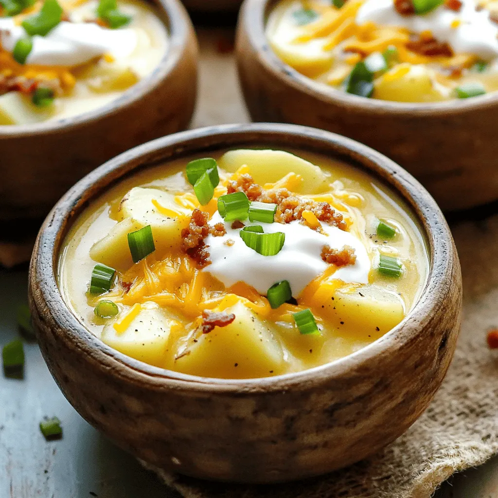 - 4 large russet potatoes, peeled and diced - 1 medium onion, chopped - 3 cloves garlic, minced - 4 cups vegetable broth - 1 cup heavy cream - 1 cup shredded cheddar cheese, plus extra for topping - ½ cup sour cream - 4 green onions, sliced - 4 strips of cooked turkey bacon, crumbled (optional) - 2 tablespoons olive oil - Salt and pepper to taste When I create Loaded Baked Potato Soup, I always start with fresh ingredients. The russet potatoes give this soup its rich texture. I like to peel and dice them into small cubes for even cooking. Next, I chop a medium onion. The onion adds a sweet flavor that balances the creamy soup. Garlic is key too; three cloves minced will bring out the best taste. For the broth, I use four cups of vegetable broth. It adds depth to the soup without overpowering the other flavors. Heavy cream is a must for that creamy finish. I add one cup, which makes the soup rich and smooth. Cheddar cheese is my favorite part! I use one cup in the soup and save some for topping. The extra cheese melts beautifully on top. I mix in half a cup of sour cream for tanginess. It gives a nice contrast to the richness of the soup. Don't forget the green onions; they add a fresh crunch. If I want extra flavor, I crumble cooked turkey bacon on top. It’s optional, but it adds a nice touch. Finally, I drizzle two tablespoons of olive oil in the pot. I season with salt and pepper to taste. These ingredients come together to create a warm, tasty meal. For the full recipe, check out the instructions on how to make this delightful soup! To start, heat 2 tablespoons of olive oil in a large pot over medium heat. Once hot, add 1 medium chopped onion. Sauté it for about 5 minutes until it turns soft and clear. Next, toss in 3 cloves of minced garlic. Cook it for another minute. This will fill your kitchen with a nice aroma! Now, add 4 large diced russet potatoes and 4 cups of vegetable broth to the pot. Stir it all together. Raise the heat until it boils. Then, turn it down to low and let it simmer for 15 to 20 minutes. You want the potatoes to be fork-tender. Once the potatoes are tender, grab your immersion blender. Blend the soup until it reaches your desired smoothness. If you don’t have this tool, carefully transfer some soup to a regular blender. Blend it smooth, then pour it back into the pot. Now, it’s time to make it creamy! Stir in 1 cup of heavy cream, 1 cup of shredded cheddar cheese, and ½ cup of sour cream. Mix well until the cheese melts and everything is combined. Don’t forget to season with salt and pepper to taste. For extra flavor, you can add 4 strips of crumbled cooked turkey bacon and half of the sliced green onions. Stir it all together and let it simmer for 5 more minutes. When you’re ready to serve, ladle the soup into bowls. Garnish with the remaining green onions and a sprinkle of extra cheddar cheese. Enjoy your creamy comfort! If you want the full recipe, check it out [Full Recipe]. - Choosing the right potatoes for a creamy texture: I love using russet potatoes for this soup. They are starchy and soften well, giving the soup a creamy feel. Avoid waxy potatoes like red or new potatoes. They won't blend as smoothly. - Adjusting thickness to your liking: If you prefer a thicker soup, add more potatoes or reduce the broth. For a thinner soup, simply add more broth or cream. You can also blend less if you want some chunks. - Best garnishes and toppings for added flavor: I recommend topping the soup with extra cheddar cheese, crumbled turkey bacon, and sliced green onions. A dollop of sour cream also adds great flavor. - Pairing ideas with bread or salads: This soup pairs well with crusty bread or a fresh green salad. You can serve it with garlic bread for a tasty combo. - How to properly store leftovers: If you have leftovers, let the soup cool before storing it. Keep it in an airtight container in the fridge for up to three days. - Reheating best practices: To reheat, gently warm the soup on the stove over low heat. Stir often to prevent sticking. You can also use the microwave, but stir halfway through for even heating. For the full recipe, don't forget to check out the details above! {{image_2}} For those who follow a vegetarian or vegan diet, you can swap out a few ingredients. Use vegetable broth instead of chicken broth. Replace heavy cream with coconut milk or cashew cream. For cheese, try vegan cheese shreds. This way, you still get that creamy texture and cheesy flavor. If you need a gluten-free option, ensure your vegetable broth is certified gluten-free. The rest of the ingredients in this soup are naturally gluten-free. So, everyone can enjoy it! Want to spice things up? Add a pinch of cayenne pepper or a dash of smoked paprika to give your soup a kick. You can also mix in some fresh herbs like thyme or rosemary for added flavor. Toppings make a difference too! Besides the classic cheddar and green onions, try crispy fried onions, jalapeños, or a dollop of pesto. The options are endless! Incorporating seasonal veggies can brighten your soup. In spring, add peas or asparagus for freshness. In fall, consider adding roasted butternut squash or sweet potatoes. These veggies add flavor and nutrition. Tailoring your soup for different occasions can be fun. For a cozy winter night, add hearty greens like kale or spinach. For summer gatherings, serve cold with fresh herbs and a splash of lemon juice. This keeps it light and refreshing! For the full recipe, check out the Cheesy Loaded Baked Potato Soup. Each serving of Loaded Baked Potato Soup has about 350 calories. This count comes mainly from potatoes, cream, and cheese. If you are mindful of calories, you might adjust the portions. This soup offers many vitamins and minerals. Here are some key nutrients: - Vitamin C: Helps boost your immune system. - Calcium: Supports bone health from cheese and cream. - Potassium: Found in potatoes, it's good for heart health. You can lower the fat content in this soup. Use low-fat milk instead of heavy cream. Choose reduced-fat cheese for a lighter version. To make a heart-healthy version, swap cream for a blend of cauliflower and vegetable broth. This change keeps the soup creamy while cutting down on calories. How long can I store Loaded Baked Potato Soup? You can store this soup in the fridge for up to four days. Just keep it in an airtight container. Can I make this soup ahead of time? Yes, you can make Loaded Baked Potato Soup one day in advance. The flavors deepen and taste even better! What should I do if my soup is too thick? If your soup is too thick, add more vegetable broth or cream. Stir well and heat gently. Can I use different types of cheese? Absolutely! You can try gouda, mozzarella, or a spicy pepper jack. Each cheese gives a unique flavor. Is there a way to make this soup spicier? Yes, add red pepper flakes or diced jalapeños. You can also stir in hot sauce for a kick. How can I enhance the flavor without adding salt? Try herbs like thyme or rosemary. You can also use lemon juice or vinegar for brightness. What kitchen tools do I need for this recipe? You will need a large pot, a cutting board, a knife, and a blender. An immersion blender makes blending easy. Do I need an immersion blender to make this soup? Not at all! You can use a regular blender. Just blend in batches and return it to the pot. These tips will help you make the best Loaded Baked Potato Soup. For more details, check the Full Recipe. Enjoy! Loaded Baked Potato Soup is a delicious, easy dish you can make at home. We covered everything from ingredients to cooking tips. Remember to customize your soup with your favorite toppings to make it your own. You can also adjust the recipe to fit your diet. This soup is comforting and full of flavor. Enjoy making it for yourself and your loved ones. It's a warm bowl of happiness!