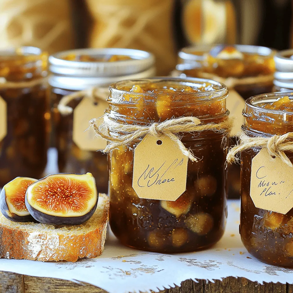 For this recipe, you need 2 pounds of fresh figs. Choose ripe figs for the best flavor. Remove the stems and cut them into quarters. Ripe figs have a sweet smell and feel soft to the touch. If you can, pick them from a local tree. The fresher the figs, the better your preserves will taste. You will need 1 cup of granulated sugar. This sugar helps balance the fig's natural sweetness. It also aids in thickening the preserves. You can adjust the sugar if you like it sweeter or less sweet. Some people use honey or agave as alternatives, but sugar gives the best results here. To make your fig preserves pop, add flavor. Use 1 tablespoon of lemon juice for brightness. A teaspoon of vanilla extract adds depth. For warmth, include 1/2 teaspoon of ground cinnamon. Finally, a pinch of salt enhances all the flavors. These ingredients work together to create a rich and delicious taste in your preserves. For the full recipe, make sure to check the cooking steps. First, wash the figs gently. This step removes any dirt or bugs. Next, remove the stems and cut the figs into quarters. Quartering helps them cook evenly. Place the prepared figs in a large bowl, ready for cooking. In a large pot, mix 1 cup of water and 1 cup of sugar. Heat this mixture on medium heat. Stir it until the sugar fully dissolves. Once dissolved, add the quartered figs. Bring the mixture to a gentle boil. When it boils, lower the heat to let it simmer. Stir the mixture often. This helps prevent sticking. Let it cook for about 45 minutes. After that time, add lemon juice, vanilla extract, cinnamon, and salt. Stir well to blend all the flavors. Now, continue cooking for an additional 30 to 40 minutes. You want the mixture to thicken to a jam-like texture. To check if the preserves are ready, use a cold plate. Place a small spoonful of the mixture on the plate. Wait for a minute. If it holds its shape and does not spread much, your preserves are done. If not, keep cooking and test again. Once ready, remove the pot from heat. Let it cool slightly before transferring the preserves to clean, sterilized jars. Seal them tightly for storage. For the full recipe, check out Grandma’s Fig Preserves 🥳. When making fig preserves, start with ripe figs for the best flavor. Fresh figs are sweet and juicy. Wash them gently, and remove any stems. Use a large pot to give the figs space to cook. Stir the mixture often to avoid burning. Keep your heat low once it simmers. This slow cooking helps the figs break down well. To get the right texture, you need patience. After cooking for about 45 minutes, add lemon juice and vanilla. The lemon helps balance the sweetness. To check if your figs are ready, take a spoonful and place it on a cold plate. If it holds its shape, it’s perfect. If it’s runny, cook it a little longer. Sometimes, your fig preserves may turn out too thick or too thin. If it’s too thick, add a bit of water and heat gently. If it’s too thin, simmer longer until it thickens. If your figs are not sweet enough, mix in a little more sugar. Always taste as you go. This helps you adjust flavors while cooking. These tips will guide you to make Grandma’s fig preserves just right! For the full recipe, check the detailed instructions above. {{image_2}} You can add spices to your fig preserves for a warm twist. Try adding cinnamon, nutmeg, or even cardamom. These spices bring a cozy flavor that makes the preserves special. Just mix in one teaspoon of your chosen spice when you add the lemon juice. This small change can take your preserves to the next level. Citrus fruits bring bright notes to fig preserves. You can use orange, lemon, or even grapefruit. Zest the fruit before juicing it. Add one tablespoon of zest and two tablespoons of juice during cooking. This method brightens up the flavor and adds a zing that balances the sweetness of the figs. Nuts add crunch and fun to your preserves. Walnuts, pecans, or almonds work best. Chop them finely and mix them in during the last 10 minutes of cooking. This addition creates a delightful texture that contrasts with the smoothness of the figs. Remember to toast the nuts lightly for extra flavor before adding them. Explore these variations to make Grandma's Fig Preserves even more exciting! For the full recipe, check the earlier section. To store your fig preserves, you can can them. Start with clean jars and lids. After cooking, pour the hot fig mixture into the jars. Leave about half an inch of space at the top. Wipe the rims to remove any spills. Seal the jars tightly with the lids. Process them in a water bath canner for about 10 minutes. This method keeps your preserves safe for a long time. Always check the seals after cooling. If a lid pops back, it’s not sealed. When stored properly in a cool, dark place, fig preserves can last for up to one year. Once opened, store the jar in the fridge. They will stay fresh for about three weeks. Always check for any signs of spoilage, like mold or off smells. If you see or smell anything strange, it's best to throw it out. If you want to save some fig preserves for later, freezing is a great option. Use freezer-safe containers or bags. Leave some space for expansion as the preserves freeze. They can last for about six months in the freezer. To use them, simply thaw in the fridge overnight. This method works well and keeps the flavor intact. You can still enjoy Grandma’s fig preserves even months later! For the full recipe, check the recipe section above. To check if your fig preserves are done, use a cold plate. Place a small spoonful of the preserves on the plate. Wait one minute. If it holds its shape and doesn’t spread much, it’s ready. This means the mixture has thickened well. Make sure to test it about five minutes before you plan to jar them. Fig preserves are very versatile. You can spread them on toast or biscuits for breakfast. They work great on cheese boards. Use them as a topping for yogurt or ice cream. They also add flavor to meat dishes like pork or chicken. The sweet taste pairs well with many foods. If you don’t have fresh figs, dried figs are a good option. Just soak them in water for a few hours. You can also use other fruits like peaches or plums. Keep in mind that these fruits will change the flavor. Adjust the sugar in the recipe based on the fruit's sweetness. Homemade fig preserves can last up to a year when stored correctly. Use sterilized jars to keep them fresh. Once opened, keep them in the fridge. They should last for about three months once opened. Always check for signs of spoilage before using. You can reduce the sugar, but the flavor may change. Use natural sweeteners like honey or maple syrup. Keep in mind that the preserves might not thicken as well. You can also use sugar substitutes, but follow the package instructions for amounts. Yes, you can double the recipe. Just make sure you have a large enough pot. The cooking time may be a bit longer, so keep an eye on the mixture. Always test for doneness before jarring. If your fig preserves are too runny, you can cook them longer. Return them to the heat and simmer for a bit more time. This will help thicken the mixture. You can also add a bit of pectin if needed. Just follow the package instructions for best results. Yes, you can use frozen figs. Just thaw them and drain any extra water before cooking. The texture might be softer than fresh figs, but they will still taste great. Make sure to adjust the sugar based on their sweetness. Fig preserves can be a healthy option. They are rich in fiber and antioxidants. However, they do contain sugar, so enjoy them in moderation. Pairing them with whole grains can boost their health benefits. We covered how to make delicious fig preserves. Starting with fresh figs, we explored sweeteners and flavor options. I detailed the steps for preparing and cooking your preserves. I also shared tips for the best cooking practices and how to ensure your preserves have the right texture. You can try exciting variations, like spiced or citrus-infused versions. Finally, I provided storage methods and answered common questions. Now, with these insights, you're ready to create your own tasty fig preserves! Enjoy your cooking!