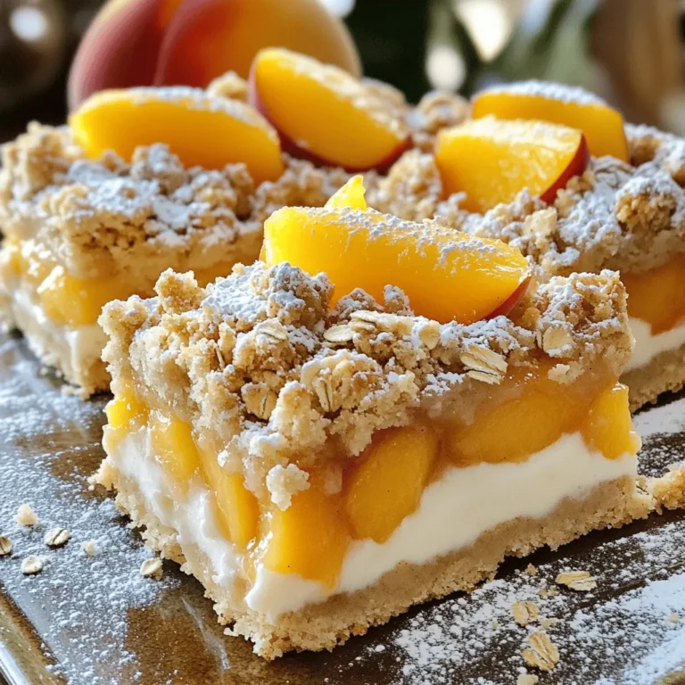 The star of these Peaches and Cream Crumble Bars is the peach. You need ripe, juicy peaches for the best flavor. When you bite into the bars, you want sweet, soft fruit. Use about 2 cups of fresh peaches, peeled and diced. The lemon juice adds a nice touch, brightening the peaches. Just one tablespoon will do. This keeps the fruit fresh and tangy. For the base and crumble, gather these dry items: - 1 cup rolled oats - 1 cup all-purpose flour - 1/2 cup brown sugar - 1/2 teaspoon cinnamon - 1/4 teaspoon nutmeg - 1/4 teaspoon salt These dry ingredients mix to create a tasty crumble. The oats add a nice texture, while the sugar gives a sweet flavor. Choosing the right peaches is key. Look for peaches that are firm but slightly soft. They should have a sweet scent. Avoid peaches with bruises or dark spots. When you press gently on the skin, it should yield a bit. This means they are ripe and ready to eat. If they are too hard, let them sit for a day or two to ripen. Fresh peaches make your crumble bars shine. Start by gathering all your ingredients. You need fresh peaches, lemon juice, rolled oats, flour, brown sugar, unsalted butter, cinnamon, nutmeg, salt, cream cheese, powdered sugar, and vanilla extract. Preheat your oven to 350°F (175°C). Line an 8x8 inch baking pan with parchment paper. Leave some paper hanging over the sides. This helps you lift out the bars later. Next, take a mixing bowl and toss the diced peaches with lemon juice. This adds flavor and keeps the peaches fresh. Set them aside for now. In another large bowl, mix rolled oats, flour, brown sugar, melted butter, cinnamon, nutmeg, and salt. Use your hands or a fork to mix until it looks crumbly. Save 1 cup of this mixture for the topping. Now, press the rest of the mixture evenly into the bottom of your baking pan. Bake the crust for 15 minutes until it turns lightly golden. While the crust is baking, prepare the cream cheese layer. In a separate bowl, beat softened cream cheese, powdered sugar, and vanilla extract until smooth. This mixture adds a rich creaminess to the bars. Once the crust is out of the oven, spread the cream cheese mixture evenly over it. Then, spoon the diced peaches over the cream cheese layer. Finally, sprinkle the reserved crumble mixture on top. This creates a nice, crunchy layer. Return the pan to the oven and bake for another 25-30 minutes. Look for a golden topping and bubbly peaches. After baking, let the bars cool in the pan for at least 30 minutes. This step is important. Cooling them helps the layers set and makes cutting easier. Use the parchment paper to lift the bars out of the pan. Cut them into squares. For a lovely presentation, dust some powdered sugar on top. You can also add fresh peach slices for extra flair. Enjoy your delicious Peaches and Cream Crumble Bars! For the full recipe, check the details above. When making Peaches and Cream Crumble Bars, avoid using overripe peaches. They can turn mushy and watery. Instead, choose firm, fresh peaches for the best flavor and texture. Another mistake is not measuring ingredients correctly. Use measuring cups and spoons for accuracy. This helps ensure your bars bake evenly and taste great. Lastly, don’t skip chilling the cream cheese mixture. This step keeps it smooth and spreadable over the hot crust. To get that perfect crumble texture, mix the dry ingredients well. Use a fork or pastry cutter to blend the oats, flour, and butter. You want small, pea-sized crumbs. If the mixture is too wet, add a bit more flour. If it’s too dry, a splash of water can help. Remember, saving one cup of the crumble mix for the topping is key. This layer adds crunch and a delicious contrast to the creamy filling. Once your bars are baked and cooled, cut them into squares. For a fun twist, serve them warm with a scoop of vanilla ice cream. The cold ice cream and warm bars create a lovely mix of temperatures. You can also drizzle some honey or caramel sauce on top. For a fresh touch, add mint leaves. Pair your bars with a cup of tea or coffee for a delightful afternoon treat. Enjoy your homemade Peaches and Cream Crumble Bars with friends or family for the best experience! {{image_2}} You can swap peaches with other fruits. Try fresh strawberries, blueberries, or raspberries. Each fruit brings its own flavor and texture. For a tropical twist, use mango or pineapple. Just be sure to adjust the sugar based on the fruit's sweetness. This keeps the balance right. Want to make these bars gluten-free? It's simple! Replace all-purpose flour with a gluten-free blend. Look for one that works well in baking. You can also use almond flour or oat flour. Just make sure your oats are certified gluten-free. This way, everyone can enjoy these tasty bars. If you need a non-dairy option, you can use plant-based cream cheese. Brands like Tofutti or Daiya work well. They blend nicely and keep the creamy texture. For the butter, use coconut oil or a vegan butter substitute. This makes the recipe fit for those avoiding dairy. For the full recipe, check the Peaches and Cream Crumble Bars section. To keep your Peaches and Cream Crumble Bars fresh, store them in an airtight container. Place parchment paper between layers to avoid sticking. They will stay good in the fridge for about five days. If you want to enjoy them later, consider freezing. To freeze your crumble bars, first let them cool completely. Cut them into squares and wrap each piece in plastic wrap. Then, place them in a freezer-safe bag. They can last for up to three months in the freezer. Remember to label the bag with the date for easy reference. When you're ready to enjoy your frozen bars, remove them from the freezer and let them thaw in the fridge overnight. To reheat, place them in a 350°F oven for about 10 minutes. This warms them up and keeps the crumble nice and crisp. You can also use a microwave for a quick fix, but keep the time short to avoid sogginess. Enjoy your delicious treat warm! You can tell the crumble bars are done when the top is golden brown and the peaches bubble. The edges should look firm, too. I usually check around the 25-minute mark to see how the topping is browning. If it needs more time, I give it a few more minutes, but keep a close eye. Yes, you can make these bars ahead of time. I often make them a day before I want to serve them. Just store them in the fridge after they cool. They taste great chilled, but I love them warm, too! If you need a substitute for cream cheese, consider using Greek yogurt or mascarpone. Both give a creamy texture. You can also use silken tofu for a dairy-free option. Just blend it until smooth for the best results. In this blog post, we explored the key ingredients for making delicious crumble bars. We covered how to pick fresh peaches and the best dry ingredients to use. I shared step-by-step instructions for preparing, baking, and serving your bars. We discussed common mistakes, tips for perfect texture, and fun variations, including gluten-free and non-dairy options. Storing leftovers properly and reheating them was also important. Enjoy your baking and create wonderful memories with each bite! Your crumble bars will surely impress everyone.