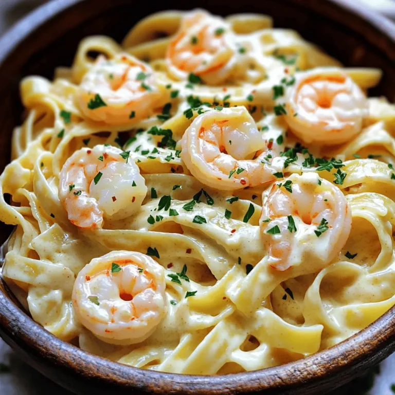 To make creamy garlic shrimp pasta, gather these ingredients: - 8 oz fettuccine pasta - 1 lb large shrimp, peeled and deveined - 4 cloves garlic, minced - 1 cup heavy cream - 1/2 cup grated Parmesan cheese - 2 tablespoons unsalted butter - 1 tablespoon olive oil - 1/2 teaspoon red pepper flakes (optional) - Salt and pepper to taste - Fresh parsley, chopped for garnish When picking shrimp, look for these signs of freshness: - Clear, shiny shells - A mild, salty scent - No black spots or discoloration - Firm, springy texture Choose shrimp that are wild-caught if possible. They often taste better than farmed shrimp. If you buy frozen shrimp, check if they are individually quick frozen. This keeps them fresh longer. You can swap some ingredients if needed: - Pasta: Try spaghetti or penne instead of fettuccine. - Cream: Use half-and-half for a lighter sauce. - Shrimp: Scallops or chicken can work well. - Cheese: Grated Pecorino Romano offers a nice twist. - Butter: Use ghee or a plant-based butter for a dairy-free option. Feel free to mix and match based on what you have at home! For the complete recipe, check out the full recipe section. First, fill a large pot with water. Add a good amount of salt to it. Bring the water to a boil. Once boiling, add 8 oz of fettuccine pasta. Cook according to the package instructions until al dente. This usually takes about 8-10 minutes. After cooking, drain the pasta. Remember to save 1/2 cup of the pasta water for later. Set the pasta aside while you cook the shrimp. Now, grab a large skillet and add 1 tablespoon of olive oil and 2 tablespoons of unsalted butter. Heat the skillet over medium-high heat. Once hot, add 4 cloves of minced garlic to the skillet. Stir it for about 30 seconds until it smells amazing. Next, add 1 pound of peeled and deveined shrimp. Season the shrimp with salt, pepper, and 1/2 teaspoon of red pepper flakes if you like heat. Cook the shrimp for 3-4 minutes. They should turn pink and opaque. When done, remove the shrimp from the skillet and set them aside. In the same skillet, lower the heat to medium. Pour in 1 cup of heavy cream. Stir gently as you add 1/2 cup of grated Parmesan cheese. Mix until the cheese melts and forms a creamy sauce. Let it simmer for about 3-5 minutes. This will help the sauce thicken. If it gets too thick, you can add some of that reserved pasta water. Finally, add the cooked shrimp back into the skillet along with the pasta. Toss everything together to coat it well in the creamy sauce. Serve it warm and enjoy this delightful dish. For the complete recipe, refer to the Full Recipe section. To cook pasta just right, start with a big pot of water. Add a good amount of salt. This helps flavor the pasta as it cooks. Bring the water to a boil, then add your fettuccine. Stir often to keep it from sticking. Follow the package time, but check for al dente. That means firm to the bite. When it's done, drain it but keep some pasta water. This water can help your sauce later. To make the cream sauce burst with flavor, use fresh garlic. Mince it finely so it spreads well. Adding grated Parmesan cheese makes the sauce rich and cheesy. For a kick, sprinkle in red pepper flakes. You can also use herbs like thyme or basil. These add freshness and depth. Remember to stir the sauce gently as it simmers. This helps blend the flavors and keep it smooth. Many cooks make a few common mistakes. One is not salting the pasta water. This can lead to bland pasta. Another mistake is overcooking the shrimp. They should be pink and opaque, about 3-4 minutes. Don't skip the step of reserving pasta water. It can save a thick sauce. Lastly, taste your dish before serving. Adjust the salt and pepper to your liking. For more details on how to make this dish, check the Full Recipe. {{image_2}} You can make creamy garlic shrimp pasta even better by adding vegetables. Spinach adds a nice color and taste. Just sauté it with the shrimp for about a minute. Broccoli or asparagus also work well. They bring a crunch and extra nutrients. You can use any veggies you like, such as bell peppers or zucchini. These will make the dish more colorful and healthy. If you love heat, spice up your creamy garlic shrimp pasta. Add red pepper flakes, or use a hot sauce. A pinch of cayenne pepper will also do the trick. For a new twist, mix in diced jalapeños or a splash of sriracha. This will give your dish a fiery kick. Just be careful; too much heat can overpower the flavors. You can swap out fettuccine for other pasta shapes. Penne, linguine, or spaghetti are great choices. Gluten-free pasta is also an option for those with dietary needs. The sauce clings well to any pasta type, so choose what you enjoy. Each shape gives a unique bite, making your meal special. Try different kinds to keep it exciting! For more details, check out the Full Recipe. To store your creamy garlic shrimp pasta, let it cool first. Place it in an airtight container. This will keep it fresh for up to three days in the fridge. Make sure to label the container with the date. Keeping your food safe helps prevent waste. When you reheat the pasta, use a low heat setting. You can use a skillet or microwave. If using a skillet, add a splash of water or cream. This will help revive the creamy texture. Stir gently until heated through, but don't overcook the shrimp. You can freeze this dish for future meals. First, let it cool completely. Then, place it in a freezer-safe bag or container. Remove as much air as you can. It will last for up to two months in the freezer. When ready to eat, thaw it overnight in the fridge before reheating. Check the Full Recipe for more details. You can pair this dish with a fresh salad. A simple green salad adds crunch and flavor. Garlic bread also works well to soak up the creamy sauce. For a light touch, serve with steamed vegetables like broccoli or asparagus. A glass of white wine complements the dish nicely. Yes, frozen shrimp can work great. Just make sure to thaw them before cooking. You can place them in cold water for quick thawing. Pat them dry to avoid excess water in your dish. This way, your creamy garlic shrimp pasta stays rich and flavorful. To lighten the dish, swap heavy cream for half-and-half or a plant-based milk. You can also reduce the amount of cheese. Using less butter and olive oil helps cut down on fat. Adding more vegetables increases nutrition and volume without many calories. For a different twist, try whole wheat pasta for added fiber. Check the Full Recipe for more ideas. This blog post covered all you need to know about creamy garlic shrimp pasta. We discussed the best ingredients, tips for choosing fresh shrimp, and how to store your dish. I shared step-by-step cooking instructions and helpful tips to avoid common mistakes. You learned about delicious variations to try out. Remember, cooking is fun, and you can make this dish your own. Enjoy your pasta and impress your friends!