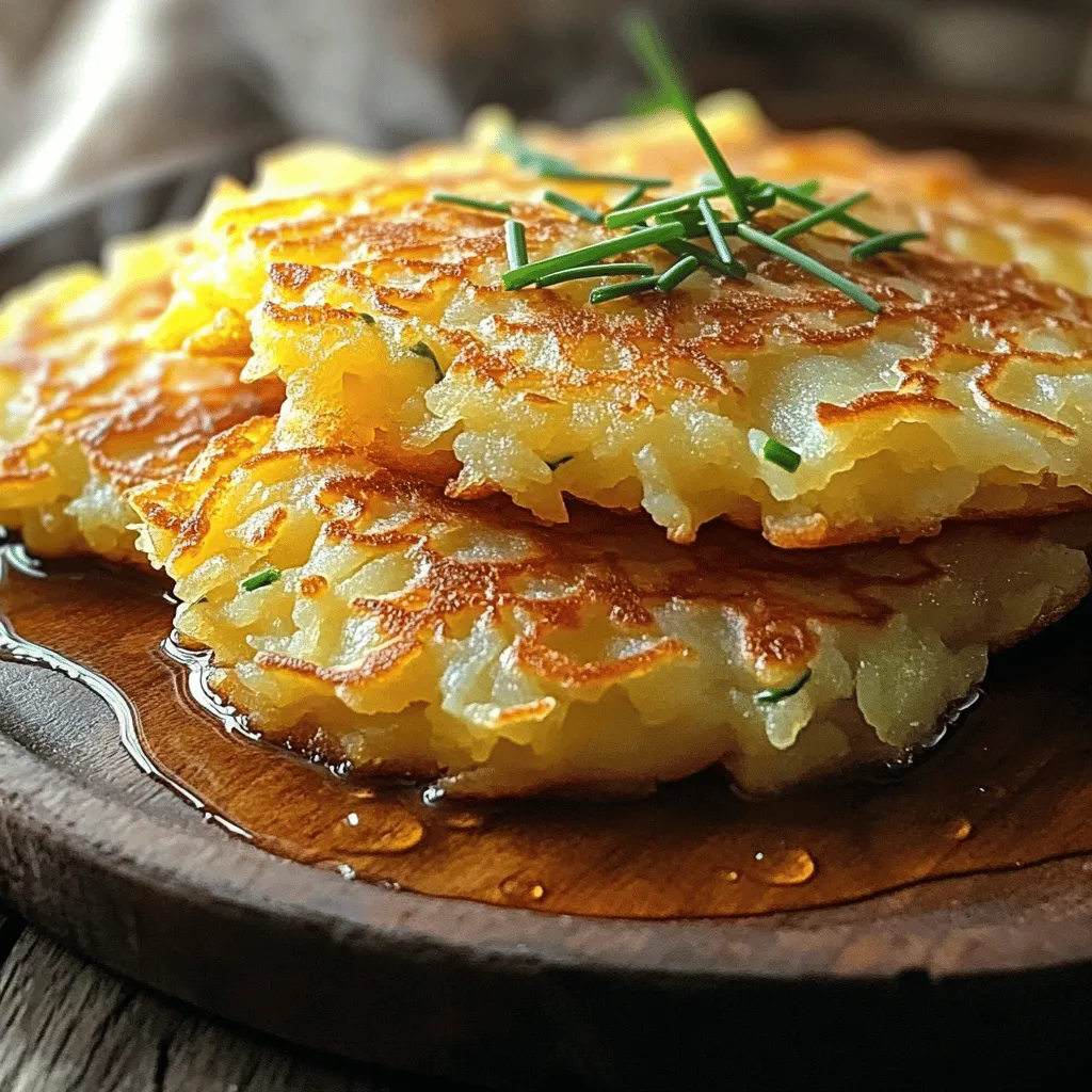 To make crispy potato pancakes, you need the right ingredients. Here’s what you’ll need: - 3 large russet potatoes, peeled and grated - 1 small onion, finely chopped - 2 large eggs - 1/3 cup all-purpose flour - 1 teaspoon baking powder - 1 teaspoon garlic powder - 1/2 teaspoon salt - 1/4 teaspoon black pepper - 1/2 teaspoon smoked paprika (for a unique flavor) - Vegetable oil for frying Each ingredient plays a key role. The russet potatoes give a fluffy inside, while the egg helps bind the mixture. Flour adds structure, and the spices create depth. You can make your pancakes even better with garnishes and dips. Consider these options: - Fresh herbs like chives or parsley - Suggested accompaniments such as sour cream or applesauce Garnishing with herbs adds color and freshness. Dipping in sour cream or applesauce balances the flavors and enhances the experience. For the full recipe, check out the details above. Start by peeling your russet potatoes. Use a box grater to grate them finely. After grating, place the potatoes in a clean kitchen towel. Squeeze the towel tightly to remove as much moisture as you can. This step is very important. Moisture will make your pancakes soggy. Aim for dry, fluffy potatoes to get that perfect crunch. In a large bowl, combine the grated potatoes with the chopped onion. Now, add the eggs, flour, baking powder, garlic powder, salt, black pepper, and smoked paprika. Mix everything well. You want a thick batter that sticks together but is not too wet. If it feels too loose, add a bit more flour. This mix is where the magic begins. Heat about 1/4 inch of vegetable oil in a large skillet over medium heat. To check if the oil is hot, drop a small spoonful of the potato mix into the oil. It should sizzle right away. Use a 1/4 cup measure to scoop out the mixture. Place it in the hot oil and flatten it slightly. Fry for about 3-4 minutes on each side. Look for a golden brown color and crispy edges. Once done, move them to a plate lined with paper towels to soak up extra oil. Continue until all the mix is cooked. Enjoy your crispy potato pancakes hot! If you want, garnish with fresh herbs for a nice touch. Check out the Full Recipe for more details. For crispy potato pancakes, drying the potatoes is key. After grating, place them in a clean kitchen towel. Squeeze out as much moisture as you can. This step helps remove excess water, giving you that crunch you want. Next, pay attention to oil temperature. Heat your oil in a skillet over medium heat until hot. A good test is to drop a small spoonful of the batter into the oil. If it sizzles right away, the oil is hot enough. This helps the pancakes fry evenly and get that golden color. If your pancakes turn soggy, don’t worry! You can fix this. First, ensure that you dry the potatoes well. If they still feel wet, use a little more flour in the batter. This will absorb moisture and help with crispiness. Adjusting the batter consistency is also important. If your batter is too runny, add a bit more flour. A thicker batter will hold up better while frying. This simple fix can make all the difference in your crispy potato pancakes. For the full recipe, check out the detailed steps to make this dish perfect every time! {{image_2}} You can easily change the taste of your crispy potato pancakes. Adding cheese is a great start. Try mixing in shredded cheddar or feta for a creamy texture. Herbs also add a fresh flavor. I recommend chopped chives or parsley. They brighten each bite. If you want to spice things up, consider adding jalapeños. These peppers give a nice kick. You can also add cooked bacon bits for a smoky flavor. Get creative with your mix-ins! If you need gluten-free options, use alternative flours. Almond flour or rice flour works well in this recipe. They help keep the pancakes crispy too. For a vegan version, skip the eggs. You can use flaxseed meal mixed with water as a substitute. Just mix one tablespoon of flaxseed meal with three tablespoons of water. Let it sit for a few minutes. This mix helps bind the ingredients together. You won’t miss the eggs at all! Explore these options to make the dish your own. For the full recipe, check out the details above! To keep your crispy potato pancakes fresh, use a few simple steps. First, let them cool completely. This helps prevent moisture buildup. After cooling, place the pancakes in a single layer on a plate or tray. Cover them with plastic wrap or aluminum foil. You can store them in the fridge for up to three days. If you want to keep them longer, consider freezing them. In that case, use parchment paper between layers to avoid sticking. When it's time to enjoy your leftovers, reheating is key. You can use either an oven or a skillet. For the oven method, preheat it to 375°F (190°C). Place the pancakes on a baking sheet lined with parchment paper. Bake for about 10-15 minutes, or until they are hot and crispy again. If you prefer the skillet, heat a small amount of oil over medium heat. Add the pancakes and cook for about 3-4 minutes on each side. This helps restore that delicious crunch. For the full recipe, check out the Crispy Potato Pancakes section above! To make potato pancakes crispy, start by removing moisture from the grated potatoes. You can do this by squeezing the grated potatoes in a clean kitchen towel. This step is important. Less moisture means more crunch! Also, use a hot oil for frying. The oil should sizzle when you add the batter. Fry in small batches. This helps keep the oil hot and gives you that golden crust. Yes, you can freeze crispy potato pancakes. Allow them to cool completely first. Then, place them in a single layer on a baking sheet. Freeze until solid. Once frozen, transfer them to a freezer bag or container. To thaw, take them out of the bag and let them sit at room temperature. Reheat them in the oven to regain their crispiness. For the best potato pancakes, use russet potatoes. They have a high starch content, giving you a fluffy inside and a crispy outside. Yukon Gold potatoes are another good choice. They add a creamy texture and great flavor. Avoid waxy potatoes, as they can make the pancakes too moist. For the full recipe, check out the Crispy Potato Pancakes section. You learned how to make crispy potato pancakes with key ingredients like russet potatoes, onions, and seasoning. I shared step-by-step instructions to help you prepare, mix, and cook them perfectly. Tips on achieving crispiness and troubleshooting issues were provided, along with variations and storage info for your convenience. Enjoy experimenting with these ideas. You can make delicious pancakes that suit your taste. Happy cooking!