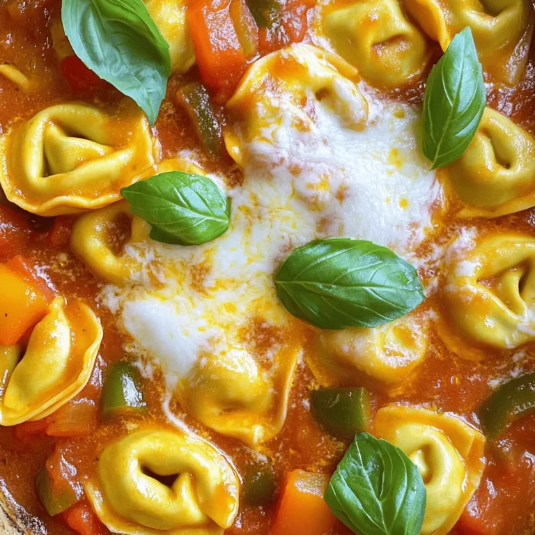 - 1 package (20 oz) cheese tortellini - 1 jar (24 oz) marinara sauce - 4 cups vegetable or chicken broth - 1 cup sliced bell peppers (red, yellow, green) - 1 small onion, diced - 2 cloves garlic, minced - 1 teaspoon Italian seasoning - 1/2 teaspoon red pepper flakes (optional) - 1 cup frozen peas - 1 cup shredded mozzarella cheese - Fresh basil leaves for garnish - Salt and pepper to taste To make this dish, gather the main ingredients first. You need cheese tortellini, marinara sauce, and broth. These create a rich base. Then, add colorful bell peppers, onion, and garlic for flavor. Next, season the dish with Italian seasoning. If you like heat, toss in red pepper flakes. Frozen peas add a pop of color and sweetness. Finally, top it all with mozzarella cheese and fresh basil. These simple ingredients blend to create a comforting meal. It's perfect for busy weeknights. For a detailed guide, check the full recipe. In a slow cooker, I start by combining the marinara sauce and broth. I add the diced onion, minced garlic, and sliced bell peppers next. Then, I sprinkle in the Italian seasoning and red pepper flakes, if I want some heat. I stir everything well to mix the flavors together. Next, I add the cheese tortellini to the slow cooker. It’s important they get fully submerged in the sauce. After that, I season with salt and pepper to taste. I cover the slow cooker and set it to cook. I choose low for 4 hours or high for 2 hours, depending on my schedule. About 15 minutes before serving, I stir in the frozen peas. I also sprinkle the shredded mozzarella cheese on top. I cover the slow cooker again and let it cook until the cheese is melted and bubbly. Once it's done, I give everything a good stir to mix all the flavors. I like to serve it hot, garnished with fresh basil leaves for a nice finish. This makes for a delightful meal that everyone will love. You can find the Full Recipe [here]. - Opt for fresh tortellini for added flavor. Fresh tortellini has a rich taste and soft texture. It cooks quicker and absorbs the sauce well. - Adjust cook times based on your slow cooker model. Each slow cooker is unique, so check for doneness. If your slow cooker runs hot, reduce the cooking time slightly. - Pair with garlic bread or a side salad for a complete meal. Garlic bread offers a crunchy contrast, while a fresh salad balances the dish. This combo makes your dinner feel special and satisfying. - Experiment with additional herbs or vegetables. Adding spinach can boost nutrition and flavor. You can try fresh oregano or thyme for a fragrant twist. Feel free to mix in your favorite veggies, like zucchini or mushrooms. This customizes the dish to your taste. {{image_2}} You can add cooked chicken or Italian sausage to your slow cooker. This makes the dish heartier. Simply cook the protein ahead of time, then mix it in with the other ingredients. The flavors from the meat blend well with the sauce. It also adds extra protein to your meal, making it more filling. For a vegetarian dish, use vegetable broth instead of chicken broth. You can also add more vegetables for extra taste and nutrients. Think about adding zucchini, spinach, or mushrooms. These veggies will make your meal colorful and healthy. It's a great way to enjoy all the flavors while keeping it meat-free. Different cheeses can change the flavor of your tortellini dish. Try using Parmesan or provolone for a unique twist. Each cheese brings its own taste. For a creamy texture, you can mix in ricotta as well. Feel free to experiment with your favorite cheeses to see what you like best. You can find the full recipe for this delicious meal in the earlier sections. Store any leftovers in an airtight container. You can keep them in the refrigerator for up to 3 days. This way, you’ll have a quick meal ready for lunch or dinner. Just remember to let it cool down before sealing. If you want to save some for later, freeze portions in freezer-safe containers. They will stay fresh for up to 2 months. Make sure to label your containers with the date. This helps you remember when you made it. When you’re ready to eat, reheat on the stove or in the microwave. If it looks a bit dry, just add a splash of broth or water. Stir well to mix everything together. Enjoy your warm, tasty meal! Yes, frozen tortellini can be used, just adjust cooking time accordingly. When using frozen tortellini, they may take a little longer to cook. I recommend checking them around the end of the cooking time. This way, you get perfectly cooked tortellini without overcooking them. You can use alfredo sauce or pesto for different flavor profiles. Each sauce brings its own taste to the dish. Alfredo gives it a creamy texture, while pesto adds a fresh, herby flavor. Feel free to get creative and mix different sauces! Tortellini should be tender and heated through; follow package instructions for cooking times. Most tortellini cook in about 2 to 5 minutes once added to simmering sauce. Keep an eye on them to avoid mushiness. Taste one to check if it's just right! This recipe lets you create a cheesy, comforting meal with ease. We covered all the key ingredients, from tortellini to fresh veggies, to make a delicious dish. You can customize it with proteins or different cheeses, ensuring it fits your taste. Remember, storage options help you enjoy leftovers. By following these simple steps and tips, you’ll impress your family and friends. Cooking should be fun, so don't hesitate to get creative. Enjoy your tasty tortellini dish!