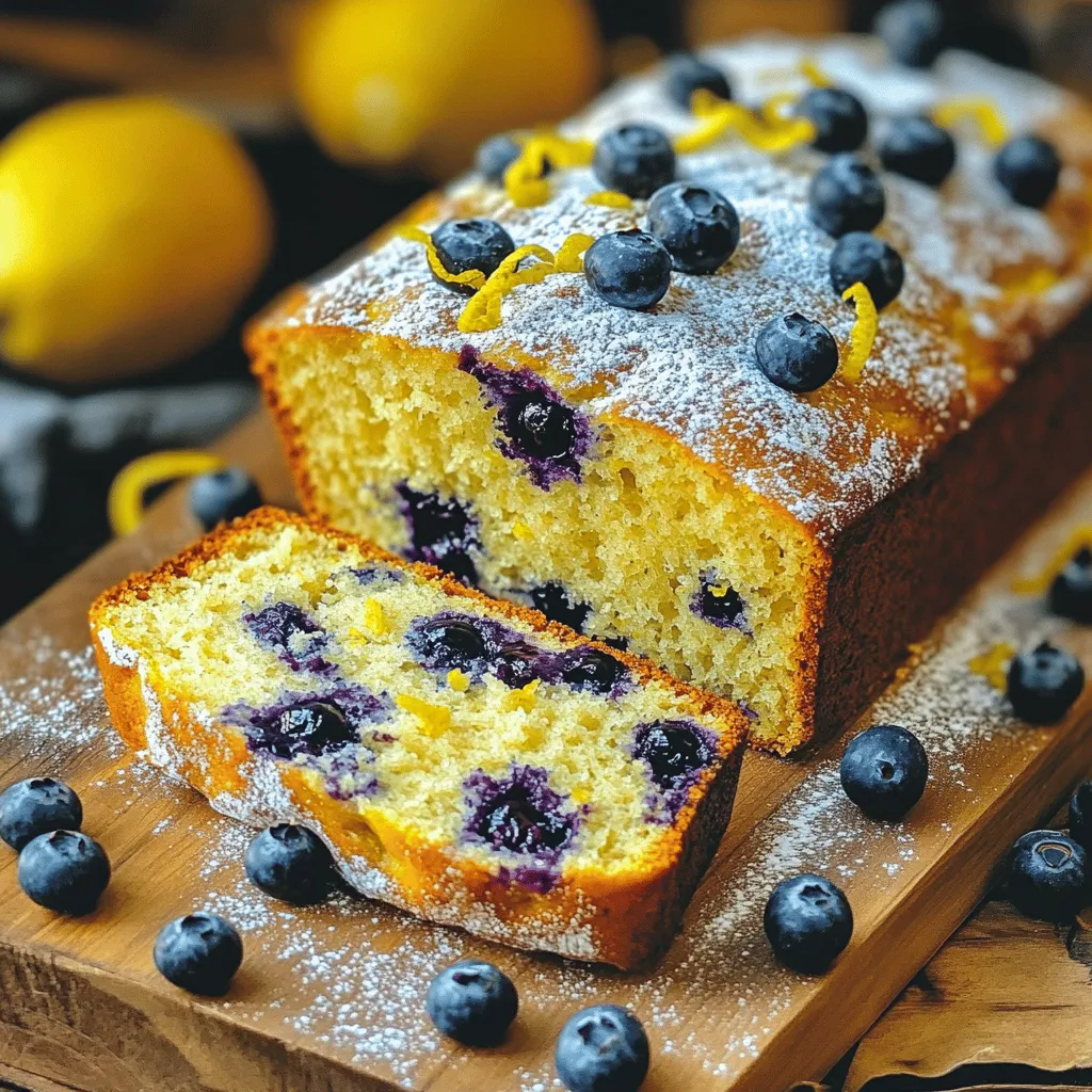 - 2 cups all-purpose flour - 1 cup granulated sugar - 1/2 teaspoon baking soda - 1 teaspoon baking powder - 1/2 teaspoon salt - 1/2 cup unsalted butter, softened - 2 large eggs - 1 teaspoon vanilla extract - 1 cup buttermilk (or substitute with 1 cup milk + 1 tablespoon lemon juice) - Zest of 1 lemon - 1 cup fresh blueberries (or frozen, if out of season) - 1 tablespoon lemon juice (for extra brightness) - Optional: 1 tablespoon coarse sugar for topping Making Lemon Blueberry Bread is simple, but using fresh ingredients is key. The flour gives the bread its structure. Sugar adds sweetness and helps with browning. Baking soda and baking powder provide lift. Salt balances the flavors. Butter makes the bread rich and moist. Eggs bind everything together and add richness. Vanilla extract enhances the flavor. Buttermilk keeps the bread tender and adds a slight tang. Lemon zest and juice brighten the taste and give a fresh burst. Fresh blueberries add a sweet, juicy touch. If blueberries are not in season, frozen ones work well too. The optional coarse sugar topping adds a nice crunch and looks great. - 9x5-inch loaf pan - Mixing bowls - Electric mixer - Whisk - Rubber spatula You’ll need a loaf pan for baking. Mixing bowls help you combine ingredients easily. An electric mixer makes creaming butter and sugar a breeze. A whisk will help mix dry ingredients well. A rubber spatula is great for folding in blueberries without breaking them. This recipe comes together smoothly with these tools. You’ll create a delicious bread that’s fresh and flavorful. For the full recipe, check out the details above! Set your oven to 350°F (175°C). This cooks the bread evenly. Grease and flour a 9x5-inch loaf pan. You can also use parchment paper for easy removal. In a medium bowl, whisk together the flour, baking powder, baking soda, and salt. This mix adds rise and texture to your bread. Set it aside for now. In a large mixing bowl, beat the softened butter and granulated sugar with an electric mixer. Mix for about 3-4 minutes. The mix should look light and fluffy. This step is key for a soft loaf. Now, add the eggs one at a time. Mix well after each egg. Then, stir in the vanilla extract and lemon zest. This adds flavor and richness to your bread. Gradually add the dry mix to the wet mix. Alternate it with the buttermilk. Start and end with the flour mix. Stir until just combined. Overmixing can make your bread tough, so be careful. Gently fold in the blueberries and lemon juice. Use a rubber spatula to avoid breaking the berries. This keeps your bread colorful and juicy. Pour the batter into your prepared loaf pan. If you want, sprinkle the top with coarse sugar for a nice crunch. Bake in the oven for 55-65 minutes. Check doneness with a toothpick; it should come out clean. After baking, let the bread cool in the pan for about 10 minutes. Then transfer it to a wire rack to cool completely. Slice and serve. Enjoy the fresh flavors of lemon and blueberry in every bite. For a beautiful display, serve slices on a wooden board with powdered sugar and fresh berries on the side. To bake the perfect Lemon Blueberry Bread, follow these simple tips: - Use room temperature ingredients: This helps everything mix evenly. - Don't overmix the batter: Stir just until combined to keep the bread light. - Check the oven temperature: An oven thermometer ensures accurate baking. - Let it cool: Cool the bread in the pan for 10 minutes before removing. You can adjust the recipe based on your needs: - Gluten-free flour: Use a gluten-free blend for a gluten-free option. - Dairy-free milk: Substitute buttermilk with almond or oat milk. - Coconut oil: Swap butter with melted coconut oil for a dairy-free choice. - Maple syrup: Replace sugar with maple syrup for a different sweetness. To boost the flavor of your Lemon Blueberry Bread: - Add spices: Try a pinch of cinnamon or nutmeg for warmth. - Use more lemon zest: More zest brings a stronger lemon flavor. - Try different berries: Mix in raspberries or blackberries for a new twist. - Add nuts: Chopped walnuts or pecans add a nice crunch and flavor. These tips can help you create a delightful Lemon Blueberry Bread that stands out. For a complete guide, check the Full Recipe. {{image_2}} To make this lemon blueberry bread gluten-free, you can swap the all-purpose flour with a gluten-free blend. Look for a mix that has xanthan gum in it. This will help the bread hold its shape. Use the same amount of gluten-free flour as the recipe calls for. Keep an eye on the baking time, as gluten-free bread may cook faster. Test the bread with a toothpick to check if it is done. If you enjoy a bit of crunch, consider adding nuts. Chopped walnuts or pecans work well in this recipe. Mix in about half a cup of nuts when you fold in the blueberries. This will add a nice texture and flavor. You can also toast the nuts lightly before adding them for an extra boost of taste. You can easily turn this recipe into muffins. Pour the batter into a muffin tin instead of a loaf pan. Fill each cup about two-thirds full. Bake at the same temperature for 20-25 minutes. Check for doneness with a toothpick. Muffins will cook faster, and you can enjoy a fun and portable version of this delightful treat. For added flair, top them with a sprinkle of coarse sugar before baking. For the full recipe, refer to the earlier section. To keep your lemon blueberry bread fresh for a few days, store it in an airtight container. This helps lock in moisture. You can also wrap it in plastic wrap or aluminum foil. Keep it at room temperature for the best taste. Avoid placing it in the fridge, as cool air can dry it out. If you want, you can add a slice of bread to keep it moist. If you want to save your bread for later, freezing is a great option. First, let the bread cool completely. Wrap it tightly in plastic wrap, then in aluminum foil. This double wrap prevents freezer burn. Label with the date for easy reference. It can stay in the freezer for up to three months. When you are ready to eat, thaw it in the fridge overnight. To warm up slices without drying them out, use a microwave or oven. For the microwave, place a slice on a plate and cover it with a damp paper towel. Heat for about 10 to 15 seconds. If you prefer the oven, preheat to 350°F (175°C). Wrap the slice in foil and heat for about 10 minutes. This keeps the bread soft and tasty. Enjoy your delicious lemon blueberry bread! You will know the bread is done by checking a few signs. First, look for a golden-brown top. The bread should also spring back when you gently press it. Insert a toothpick into the center. If it comes out clean or with a few crumbs, your bread is ready. If it has wet batter on it, bake for a few more minutes. Yes, you can use frozen blueberries. They work well in this recipe. Just remember to add them straight from the freezer. This helps them keep their shape. If they thaw first, they might turn mushy. You may want to coat them lightly in flour before adding them to the batter. This helps keep them from sinking to the bottom. You can serve many things with Lemon Blueberry Bread. A spread of cream cheese or butter makes a tasty addition. A drizzle of honey or maple syrup also pairs well. For a fresh touch, add some sliced strawberries or a dollop of whipped cream. You can enjoy it with tea or coffee as a lovely snack. Lemon Blueberry Bread can last for about 3 to 5 days at room temperature. Keep it in an airtight container to keep it fresh. If you see any mold or if it smells off, it is best to throw it away. For longer storage, you can freeze the bread. It can last up to 3 months in the freezer. Yes, you can make this recipe vegan easily. Replace the eggs with flax eggs or applesauce. For the butter, use coconut oil or any plant-based butter. You can also use almond milk or soy milk instead of buttermilk. These swaps keep the bread moist and tasty without any animal products. You now have all the steps and tips to make Lemon Blueberry Bread. Remember the key ingredients: flour, butter, sugar, and, of course, fresh blueberries. Use the kitchen tools wisely to get the best result. Baking takes patience, so be sure to cool your bread before serving. Experiment with variations like muffins or gluten-free options. Storage tricks will help keep your bread fresh longer. With practice, you will make a treat that everyone loves. Enjoy your baking adventure!
