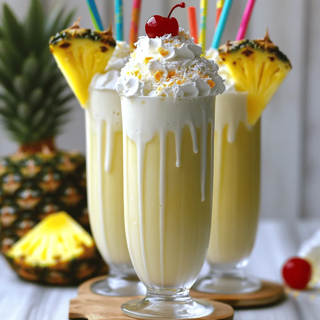 To make a great Pina Colada Milkshake, you need simple ingredients. Here’s what you should gather: - 2 cups vanilla ice cream - 1 cup coconut milk - 1 ripe banana, sliced - 1 cup fresh pineapple chunks (or canned, drained) - 1 tablespoon coconut cream - 1 tablespoon honey or agave syrup (optional) - Whipped cream for topping - Toasted coconut flakes for garnish - Maraschino cherries for garnish These ingredients create a smooth blend of flavors. The ice cream gives a creamy base, while the coconut milk adds richness. Pineapple brings a fresh, fruity punch. You can add your twist to the Pina Colada Milkshake. Here are some fun options: - A splash of rum extract for an extra kick - A scoop of protein powder for a healthy boost - Additional fruits like mango or strawberries for different flavors Feel free to play around with these additions. Each option can give your milkshake a unique taste. Want to make more or fewer milkshakes? Here’s a quick guide: - For 1 serving: Use 2/3 cup ice cream, 1/3 cup coconut milk, and 1/3 banana. - For 4 servings: Use 3 cups ice cream, 1 1/3 cups coconut milk, and 1 1/3 bananas. Adjust the other ingredients in the same way. This way, you can easily scale your recipe. For a full recipe, check the complete details mentioned above. First, gather all your ingredients. You need vanilla ice cream, coconut milk, a ripe banana, fresh pineapple chunks, coconut cream, and honey or agave syrup if you like it sweeter. Also, get whipped cream, toasted coconut flakes, and maraschino cherries for garnish. Once you have everything, slice the banana. If you use fresh pineapple, cut it into chunks. This makes blending easier. If you choose canned pineapple, make sure to drain it well. Now, it’s time to blend! In a blender, add the vanilla ice cream, coconut milk, sliced banana, fresh pineapple chunks, and coconut cream. If you want extra sweetness, add honey or agave syrup. Blend everything on high speed until it’s smooth and creamy. If the mix is too thick, just add a bit more coconut milk. Taste your milkshake and adjust the sweetness if needed. Blend again if you add anything. Pour your creamy milkshake into tall glasses. Top it off with a generous amount of whipped cream. For a fun touch, sprinkle toasted coconut flakes on top. Add a maraschino cherry for that special look. To make it even more festive, serve with colorful straws and a pineapple slice on the rim. Enjoy your Pina Colada Milkshake with friends or family for a tropical treat! For the complete recipe, check out the Full Recipe section. To make your Pina Colada milkshake just right, focus on the texture. Start with cold vanilla ice cream and coconut milk. Blend them well to avoid lumps. If it feels too thick, add more coconut milk slowly. Blend again until smooth. Aim for a creamy shake that flows easily but is still thick. You can boost the flavors in your milkshake with simple tweaks. Use ripe bananas for extra sweetness. Fresh pineapple brings a bright zing. If you want a richer taste, add coconut cream. A touch of honey or agave syrup can sweeten it up even more. Taste as you go to find your perfect mix. A beautiful milkshake is all about presentation. Top your shake with a generous amount of whipped cream. Sprinkle toasted coconut flakes on top for a crunchy twist. Add a maraschino cherry for a fun pop of color. For an added tropical feel, place a slice of pineapple on the rim of the glass. Use colorful straws to make it even more inviting. {{image_2}} You can easily make a non-alcoholic version of the Pina Colada milkshake. Just follow the full recipe, but skip any alcohol. This version is perfect for kids or anyone who prefers not to drink alcohol. The flavors stay rich and creamy. The blend of coconut milk and ice cream still delivers that classic taste. You won't miss the alcohol at all! To make a vegan milkshake, swap the vanilla ice cream for a plant-based option. Look for coconut or almond milk ice cream. Use coconut milk as before, and skip the honey. Instead, try maple syrup or agave for sweetness. This keeps it creamy while staying dairy-free. You’ll still enjoy the tropical flavors. Want to jazz up your milkshake? Add in some tropical fruits! Mango, passion fruit, or even kiwi can make it fun. Just toss in a half cup of your chosen fruit when blending. This adds more flavor and vitamins. It also makes your shake look vibrant and inviting. You can mix and match fruits for new tastes. Experimenting can lead to your new favorite version! If you have any Pina Colada Milkshake left, store it in a container. Make sure the lid is tight. This keeps air out and helps it stay fresh. I recommend using a glass or plastic container. Avoid metal, as it can change the taste. You can also pour the milkshake into ice cube trays. This way, you can use small amounts later. You can freeze your milkshake if you want to save it longer. Pour it into an airtight container. Leave some space at the top for expansion as it freezes. When you want to enjoy it again, let it sit in the fridge for a bit. You can also blend it again after thawing. This helps bring back the creamy texture. You can keep the Pina Colada Milkshake in the fridge for about 1 to 2 days. After that, it may lose some flavor and creaminess. If you notice any separation, just give it a good stir. Always check for any off smells before drinking. For the best taste, enjoy it fresh! To blend a milkshake well, start with the right order. Add soft ingredients first. This helps the blender mix smoothly. I like to use ice cream as my base. Then, add liquids like coconut milk. Blend on high until creamy, stopping to scrape the sides. If it’s too thick, add more liquid. Blend again until you reach your desired consistency. Yes, frozen pineapple works great in a milkshake. It adds a nice chill to the drink. Using frozen fruit can also make the shake thicker. Just remember to let it sit out for a few minutes before blending. This helps your blender mix it better. You don’t want any chunks! To cut down the sweetness, try these tips. First, reduce or skip the honey or agave syrup. You can also add more coconut milk. This will balance out the flavor. Mixing in some plain yogurt can add a nice tang. Taste as you go to find your perfect balance. You can find the best Pina Colada Milkshakes at tropical-themed restaurants or beach bars. Many ice cream shops have their unique versions too. For a fun twist, check out local cafes that offer seasonal drinks. If you want to create your own, check out the Full Recipe above. You can enjoy this creamy treat right at home! In this post, we explored making delicious Pina Colada Milkshakes. We covered key ingredients, optional tweaks, and how to adjust serving sizes. You learned step-by-step how to prepare and blend, with tips for perfect consistency and flavor. We also shared yummy variations and best storage practices. These milkshakes are fun and easy to make. Feel free to try your own ideas. Enjoy crafting your perfect Pina Colada Milkshake experience!