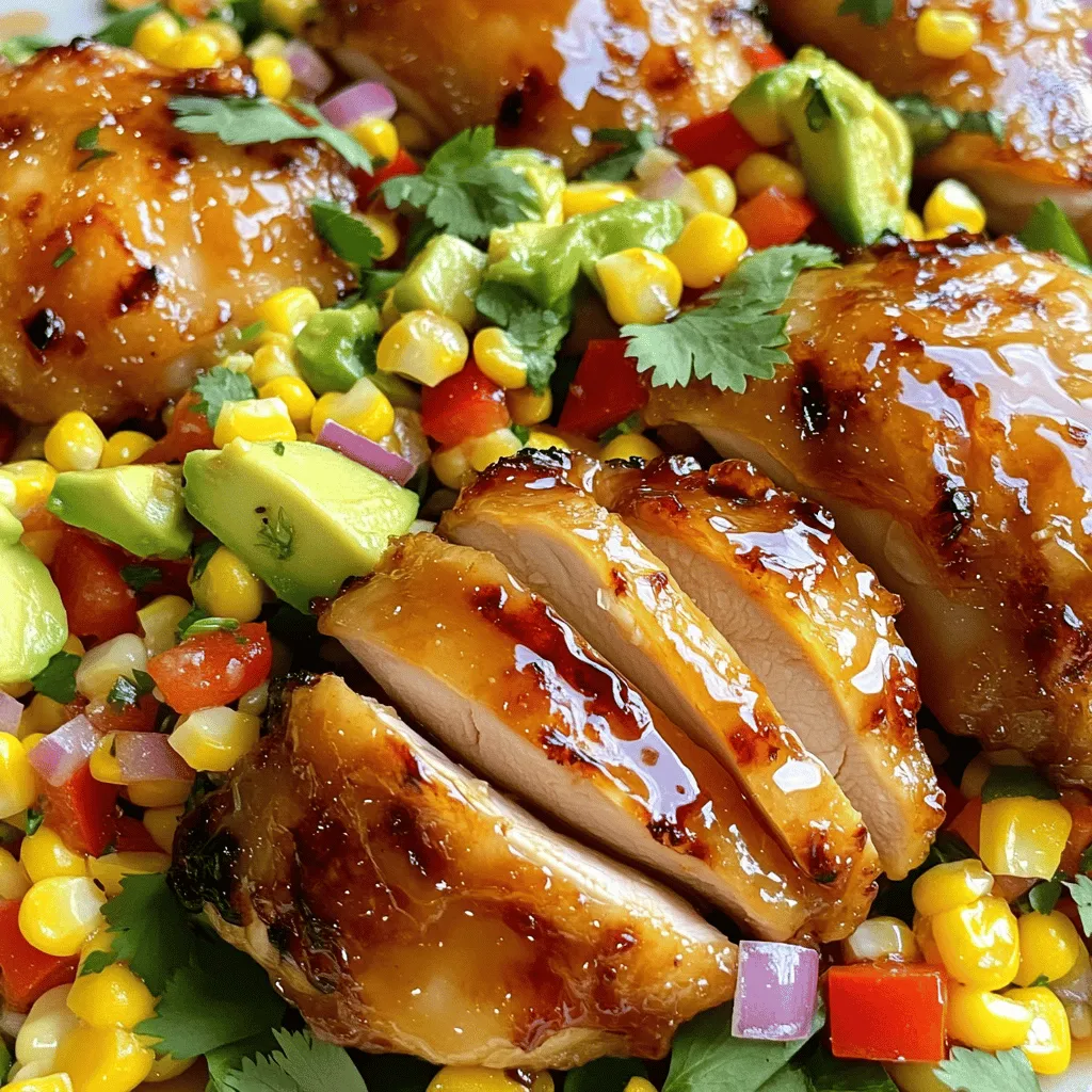 - 4 boneless, skinless chicken thighs - 1/4 cup hot honey - 2 tablespoons olive oil - 2 cups sweet corn (fresh, frozen, or canned) - 1 red bell pepper, diced - 1/2 cup red onion, finely chopped - 1 avocado, diced - 1/4 cup cilantro, chopped - Juice of 1 lime - 1/4 teaspoon cumin - 1 teaspoon smoked paprika - 1 teaspoon garlic powder - Salt and pepper to taste When I make this dish, I love using chicken thighs. They stay juicy and tender. The hot honey adds a sweet and spicy kick. While the chicken marinates, I prepare the sweet corn salad. This salad is fresh and bright, perfect for summer meals. Each ingredient plays a role in this dish. The sweet corn gives a nice crunch. The red bell pepper adds color and sweetness. The lime juice brightens everything up. I also like to add cilantro for a fresh taste. For the seasoning, smoked paprika and garlic powder give depth to the chicken. Salt and pepper enhance the overall flavor. Follow the Full Recipe for exact amounts and steps. You’ll see how these simple ingredients create a vibrant meal that everyone will love. To start, I mix hot honey, olive oil, smoked paprika, garlic powder, salt, and pepper in a bowl. This blend gives the chicken great flavor. I take my chicken thighs and coat them well in the marinade. Then, I cover the bowl and place it in the fridge for at least 30 minutes. If I want even more flavor, I let it marinate for up to 2 hours. Next, I preheat the grill to medium-high heat, around 400°F or 200°C. This heat is perfect for getting that nice char on the chicken. Once the grill is hot, I grease the grill grates with a little oil. This step helps keep the chicken from sticking. Now comes the fun part: grilling! I take the chicken out of the marinade and place it on the hot grill. I grill each piece for 6-7 minutes on one side. Then, I flip it over and grill for another 6-7 minutes. To add extra sweetness, I brush the chicken with more hot honey in the last few minutes of grilling. The chicken should reach an internal temperature of 165°F (75°C) to be safe to eat. While the chicken grills, I prepare the sweet corn salad. In a large bowl, I combine sweet corn, diced red bell pepper, red onion, and chopped cilantro. Then, I squeeze fresh lime juice over the mix and sprinkle in some cumin. I mix everything thoroughly, making sure the flavors meld well. Just before serving, I gently fold in diced avocado to keep it fresh and intact. For the full recipe, make sure to check the detailed instructions provided earlier. Enjoy your cooking! To keep your chicken juicy, marinate it for at least 30 minutes. If you have more time, aim for up to 2 hours. This helps the flavors sink in. Grill your chicken at a medium-high temperature, around 400°F. This heat seals in the juices. Avoid flipping too often; let the chicken cook for 6-7 minutes on each side. Use a meat thermometer to check for doneness. Aim for an internal temperature of 165°F. For a pretty dish, plate the sweet corn salad first. Then, place the sliced chicken on top. Drizzle some extra hot honey for shine. Sprinkle fresh cilantro for a pop of color. Pair this dish with light beverages, like lemonade or iced tea. A crisp white wine also works well. You can serve it with crusty bread or a simple green salad to round out the meal. Want to jazz it up further? Try adding a dollop of sour cream or Greek yogurt on the chicken. A sprinkle of feta cheese can add a nice tang. You can also experiment with spices. Try adding cayenne for extra heat or smoked paprika for a deeper flavor. Different marinades, like teriyaki or barbecue, can bring unique twists to this dish. For the full recipe, check the section above. {{image_2}} You can switch up the protein for this dish. Grilled chicken breast is a great choice. It cooks quickly and tastes delicious with hot honey. You can also try shrimp. Shrimp cooks fast and absorbs flavors well. If you want a plant-based option, tofu works nicely. Just press the tofu to remove extra water. Then marinate it like the chicken. The salad is flexible. You can add different veggies to it. Cucumber adds crunch, while tomatoes bring sweetness. Think about adding roasted peppers for a smoky flavor. You can also mix in grains, like quinoa or farro. They make the salad heartier and add nutrients. Adjust the heat to your liking. You can increase hot honey for more kick. If you want it milder, use less hot honey. Another option is to use different hot sauces. Each sauce has a unique flavor, so explore until you find your favorite! After enjoying your Grilled Hot Honey Chicken with Sweet Corn Salad, store any leftovers safely. Place the chicken and salad in separate containers. This keeps flavors fresh. Use airtight containers for the best results. Label and date the containers to track freshness. Store in the fridge for up to three days. To reheat the chicken, use the oven for the best results. Preheat the oven to 350°F (175°C). Place the chicken on a baking tray and cover it with foil. This keeps it tender. Heat for about 15 to 20 minutes or until warm. For the salad, warm it gently in the microwave. Do this for a few seconds at a time. Stir and check often to avoid overcooking. You can freeze grilled chicken for later use. Wrap it tightly in plastic wrap or foil. Place it in a freezer-safe bag to prevent freezer burn. It will stay fresh for up to three months. When you’re ready to enjoy, thaw it in the fridge overnight. Reheat as mentioned above for the best taste. Yes, you can use different types of honey! Plain honey works well, but you can also try flavored options. Flavored honey adds a unique twist. For example, you could use a spicy honey for extra heat or a citrus-infused honey for brightness. Just keep in mind that flavors may change your dish's taste. To check if the chicken is done, use a meat thermometer. The internal temperature should reach 165°F (75°C). Insert the thermometer into the thickest part of the chicken. If it reads 165°F, your chicken is safe to eat. If not, grill for a few more minutes and check again. Yes, you can prepare this recipe ahead of time! Marinate the chicken and store it in the fridge for up to 2 hours. You can also make the sweet corn salad in advance. Just mix all the salad ingredients and keep it in an airtight container. Store it in the fridge for up to a day. That way, you can enjoy a flavorful meal with less work later! For the complete steps, check the Full Recipe. This blog post outlined a delicious recipe featuring grilled chicken and a fresh corn salad. You learned how to marinate the chicken and prepare the salad step-by-step. The key ingredients bring great flavors together. In conclusion, this meal is easy to make and satisfies many tastes. Feel free to experiment with proteins or spices to make it your own. Enjoy grilling and serving this tasty dish!