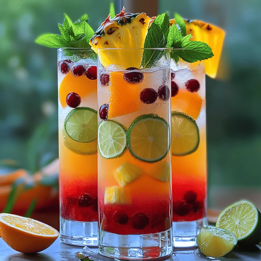 To make a tasty Sunset Splash Mocktail, gather these fresh ingredients: - 1 cup orange juice - 1/2 cup cranberry juice - 1/2 cup pineapple juice - 1 tablespoon lime juice - Sparkling water (to top) - Fresh fruit slices (orange, lime, and pineapple) for garnish - Fresh mint leaves (for garnish) - Ice cubes You can swap some juices if you like. For example: - Use mango juice instead of pineapple juice. - Add a splash of coconut water for a tropical twist. - Try lemon juice if you want more tang. These changes can give your mocktail a unique flair. When picking fruits and juices, freshness matters a lot. Here are some tips: - Choose 100% juice with no added sugar. - Look for vibrant colors in fruits; they often taste better. - Smell the fruits; a sweet scent shows ripeness. Using fresh ingredients makes your Sunset Splash Mocktail even more delightful. Enjoy making this fun drink! For the complete recipe, check out the Full Recipe section. Start by gathering your ingredients. You need orange juice, cranberry juice, pineapple juice, and lime juice. Take a large pitcher and pour in the orange juice first. Next, add the cranberry juice and pineapple juice. Finally, stir in the lime juice. Mix all the juices well until they blend into a beautiful color. This juice mixture is the base of your Sunset Splash Mocktail. Now, it’s time to serve! Grab tall glasses and fill them halfway with ice cubes. Pour the juice mixture into each glass, filling them about two-thirds full. This way, there is room for the next step. Top off each glass with sparkling water. The fizz will make your drink lively and fun. Gently stir the drink in each glass. This helps mix the juices and sparkling water. Garnishing adds a special touch. Use fresh fruit slices for decoration. Slice oranges, limes, and pineapples. Place a slice on the rim of each glass. You can also add a sprig of fresh mint for a pop of color. This small detail makes your mocktail look great and taste even better. Enjoy your tasty Sunset Splash Mocktail! For full instructions, check the Full Recipe. To craft the best Sunset Splash Mocktail, follow these steps: - Use fresh juices. Fresh orange, cranberry, and pineapple juices taste better. - Mix juices well before pouring. This ensures each sip has balanced flavor. - Chill your glasses. Cold glasses keep your drink refreshing longer. - Top with sparkling water just before serving. This adds fizz and keeps it bubbly. Many people make simple mistakes when making this mocktail: - Overfilling glasses with juice. Leave space for sparkling water to avoid spills. - Skipping garnishes. Fresh fruit slices and mint make the drink look great. - Not tasting before serving. Adjust the lime juice for a perfect balance of tartness. You can make this drink even tastier with these tips: - Add herbs. Fresh basil or rosemary can give a unique twist. - Use flavored sparkling water. Try lime or berry-infused water for extra flavor. - Experiment with spices. A pinch of cinnamon or ginger can add warmth. This mocktail is versatile. You can adjust it to fit any occasion. For the full recipe, check out the details above! {{image_2}} The Sunset Splash Mocktail shines in both summer and winter, but it feels different in each season. In summer, the bright flavors of orange, cranberry, and pineapple juice feel refreshing. This drink cools you down on hot days. You might add more ice and use fresh, juicy fruits. In winter, you can swap out some juices for warmer flavors, like apple or pomegranate. This gives a cozy twist. Try adding a hint of cinnamon for a holiday touch. You can change the fruits in the Sunset Splash Mocktail to match your taste. Instead of orange juice, use mango juice for a tropical vibe. Swap cranberry for tart cherry juice for a deeper flavor. If you want a sweeter drink, try peach juice instead of pineapple juice. Each change brings a new taste. Experiment with different fruits to find your favorite mix. Don't be afraid to play with flavors! Making a frozen version of the Sunset Splash Mocktail is simple and fun. Start by blending the juice mixture with ice until smooth. You can use the same juices from the original recipe. Pour this slushy mix into tall glasses for a frosty treat. If you want more texture, add chunks of fresh fruit into the blender. This adds a nice crunch. Serve it with a straw or spoon for easy eating. Enjoy this cool treat on hot days! For the full recipe, check out the details above. If you have leftover Sunset Splash Mocktail, store it in the fridge. Use a sealed container to keep it fresh. It will stay good for about 2 days. Just remember, the fizz from the sparkling water will fade over time. You can make the juice mixture ahead of time. Mix the orange juice, cranberry juice, pineapple juice, and lime juice. Store it in the fridge for up to 2 days. When you're ready to serve, add ice and top with sparkling water. This keeps it fresh and fizzy for your guests! Freezing the mocktail is not the best idea. The juices can separate when thawed. Instead, freeze fresh fruit slices. These can add a chill to your drink later. Just pop them into your glass for a fun twist! If you want a slushy version, blend the juice mixture with ice instead. Enjoy the cool, fruity flavor! The Sunset Splash Mocktail is a fun, non-alcoholic drink. It blends orange juice, cranberry juice, pineapple juice, and lime juice. The result is a bright and refreshing drink. This mocktail is perfect for parties or a sunny day. You can enjoy it with friends or family. It looks beautiful with fruit slices and mint leaves. This drink makes you feel like you're at the beach! Yes, you can swap juices for your favorites. For example, you could use apple juice instead of cranberry juice. You can also try mango or peach juice for a tropical twist. The key is to mix sweet and tart flavors. This way, the drink stays balanced and tasty. Don't be afraid to experiment with your juice choices! Absolutely! You can add some fun elements to your mocktail. Try adding a splash of grenadine for a bright red layer. You can also rim your glasses with sugar for a sweet touch. Adding colorful fruit skewers makes the drink pop. For a party, you could serve it in a punch bowl. This makes it easy for guests to refill their glasses. To change the sweetness, you can adjust the juice amounts. If you want a sweeter drink, add more pineapple juice. If you prefer less sweetness, increase the lime juice. Tasting as you mix is key. You can also add a little honey or agave syrup if you like. Just remember to mix well so the flavors blend perfectly. The Sunset Splash Mocktail offers refreshing flavors with simple steps. We covered essential ingredients and how to prep the juice mix. I shared tips for serving that enhance the drink's appeal. Exploring variations lets you customize this drink for any season or taste. Remember to store any leftovers wisely for next time. This mocktail is perfect for any occasion and sure to impress. Enjoy making your own Sunset Splash and let your creativity shine!