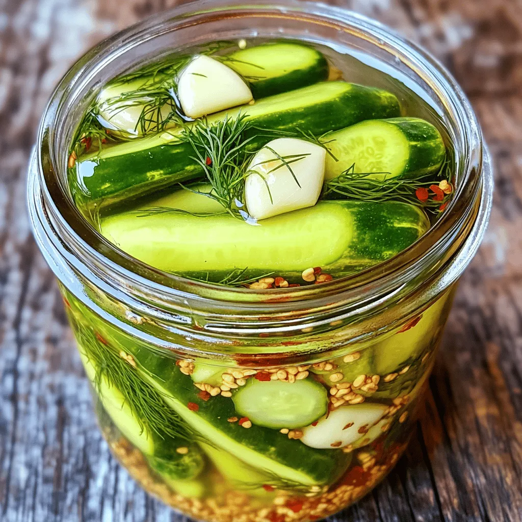 When making Zesty Garlic Dill Refrigerator Pickles, you need fresh ingredients. Here’s what you’ll need to gather: - 4 medium cucumbers - 4 cloves garlic - 1 tablespoon dill seeds or 1/4 cup fresh dill - 1 cup water - 1 cup white vinegar - 1 tablespoon sugar - 1 tablespoon sea salt - 1/2 teaspoon red pepper flakes (optional) - 1/2 teaspoon mustard seeds (optional) Each ingredient plays a key role in flavor and texture. The cucumbers offer crunch. Garlic adds a punchy taste. Dill brings that classic pickle flavor. The vinegar creates the tang, while sugar and salt balance everything. Optional spices can kick up the heat or add depth. Using the freshest cucumbers leads to the best pickles. Look for firm, bright ones at your store or farmer’s market. Fresh dill also shines in this recipe. If you can, opt for it over dried. It makes a big difference! For the brine, a mix of vinegar, water, sugar, and salt creates that tangy flavor. The balance of these ingredients is key. You can adjust the sugar or salt to fit your taste. Just remember, the brine should taste good before pouring it over the cucumbers. For the full recipe, check the details for step-by-step guidance. - Wash cucumbers and soak in ice water. - Smash garlic cloves. Start by washing the cucumbers. This step ensures they are clean. If you want crisp pickles, soak the cucumbers in ice water. Let them sit for about one hour. This soaking helps to keep them crunchy. After soaking, drain the cucumbers and slice them into spears or rounds. Next, take your garlic cloves. Use the flat side of a knife to smash them. This releases their flavor, making your pickles tasty and zesty. - Combine water, vinegar, sugar, and salt. - Bring to a boil and dissolve ingredients. Now, let’s make the brine. In a saucepan, mix one cup of water, one cup of white vinegar, one tablespoon of sugar, and one tablespoon of sea salt. Stir these ingredients together. Heat the mixture over medium heat until it boils. Keep stirring until the salt and sugar dissolve. When it boils, remove the pan from heat. Let the brine cool slightly before using it. - Layer garlic and dill in the jar. - Pack sliced cucumbers. - Pour cooled brine over cucumbers. Grab a clean, quart-sized glass jar. Start by adding the smashed garlic cloves and dill seeds or fresh dill. Then, pack the sliced cucumbers tightly into the jar. Layer them over the garlic and dill for the best flavor. After packing the cucumbers, carefully pour the cooled brine over them. Make sure the cucumbers are fully submerged. Leave about half an inch of space at the top of the jar. Seal the jar tightly with a lid. Let it sit at room temperature for about 30 minutes. This allows the pickles to cool down. After that, place the jar in the refrigerator. For the best taste, allow the pickles to chill for at least 24 hours. The flavors will get even better after a few days. For the complete process, check the Full Recipe. To make pickles that crunch with every bite, I suggest a few tricks. First, soak your cucumbers in ice water for about an hour. This helps them stay crisp. After soaking, drain and slice them. Next, pick the right cucumbers. Look for firm, fresh cucumbers. Pickling cucumbers often work best. They have fewer seeds and a thicker skin, which improves crispness. Want to boost the flavor? Try adding spices like mustard seeds. They offer a nice zing and pair well with dill. You can also use fresh herbs. Thyme or tarragon can add a unique twist to your pickles. Another option is to add red pepper flakes for heat. Adjust the amount to your taste. Just a pinch can make a big difference. When serving your zesty pickles, presentation matters. Use a colorful bowl to show them off. You can also add a sprig of fresh dill on top. This adds a nice touch. These pickles pair well with sandwiches or burgers. They bring a bright flavor that cuts through rich foods. For a fun twist, serve them with a cheese platter. They will stand out and delight your guests. Try these tips for a batch of Zesty Garlic Dill Refrigerator Pickles that are tasty and eye-catching. For the full recipe, check the earlier sections. {{image_2}} You can change the taste of your Zesty Garlic Dill Refrigerator Pickles. For a spicy kick, add more red pepper flakes. This will give your pickles a nice heat. If you prefer sweet and tangy pickles, simply add more sugar to your brine. This balance can create a delightful contrast to the tart vinegar. Both options let you customize your pickles to your taste. You can also switch up the ingredients for your pickles. Try using apple cider vinegar instead of white vinegar. This will add a fruity note to your brine. If you want to experiment with cucumbers, consider different types like Kirby or Persian cucumbers. Each type brings its own crunch and flavor to the pickles. For the full recipe, check out the details above. Enjoy exploring these variations! For the best storage, I recommend using clean glass jars. Quart-sized jars work well for this recipe. Glass helps keep the pickles fresh and crisp. Make sure the lids fit tightly. This will keep air out and maintain the taste. To maintain freshness in the refrigerator, always store your pickles in the coldest part. Avoid opening the jar too often. Each time you open it, air enters and may spoil the pickles faster. Zesty Garlic Dill Refrigerator Pickles last for about 2 to 4 weeks in the fridge. The taste will become stronger over time. You might find them even more delicious after a few days. Watch out for signs of spoilage. If you see any mold or if the pickles become soft, it's time to toss them. A bad smell is also a sign that they are no longer good to eat. Keeping an eye on your pickles will help you enjoy them at their best. For the full recipe, check the earlier section. I recommend chilling your pickles for at least 24 hours. This time allows the flavors to blend. If you can wait, the taste improves after a few days. The longer they chill, the zestier they become. Yes, you can! While I like using medium cucumbers, other varieties work too. For example, Kirby cucumbers are crisp and ideal for pickling. English cucumbers are also great if you prefer fewer seeds. Each type adds its own touch to the pickles. These pickles shine as a snack or side. Serve them with sandwiches for a crunchy contrast. They also pair well with burgers or salads. Try adding a sprig of fresh dill on top for a nice touch. You can even chop them and mix them into potato salad for a tangy twist. Absolutely! To make more, just double or triple the ingredients. Keep the same ratios for brine and spices. Use larger jars to hold the extra pickles. Just remember, the longer you let them chill, the more flavor they develop. Check out the Full Recipe for all the details. In this blog post, we explored making Zesty Garlic Dill Refrigerator Pickles. You learned about the key ingredients, step-by-step instructions, and helpful tips. The right cucumbers and soaking techniques can enhance crispness. We also covered fun variations for flavor and how to store your pickles for freshness. Remember, making pickles is both easy and fun. Enjoy your pickling journey and share your creations!