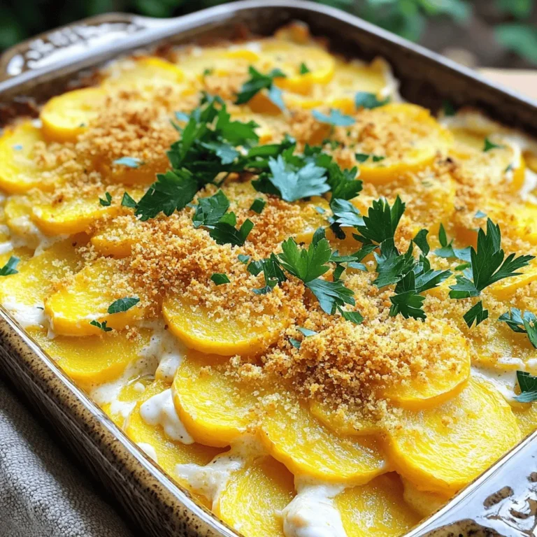 To make a tasty yellow squash casserole, you need the following ingredients: - 4 medium yellow squashes, sliced - 1 cup onion, diced - 2 cloves garlic, minced - 2 cups sharp cheddar cheese, shredded - 1 cup sour cream - 1/2 cup mayonnaise - 1 cup breadcrumbs - 1 teaspoon thyme - 1/2 teaspoon paprika - Salt and pepper to taste - 2 tablespoons olive oil - Fresh parsley for garnish Gathering the right ingredients is key. Fresh yellow squash adds a sweet flavor and bright color. Onions and garlic provide a savory depth. The sharp cheddar cheese gives a rich creaminess that blends well with sour cream and mayonnaise. When you mix these ingredients, the thyme and paprika elevate the dish with herbal and smoky notes. Salt and pepper enhance all the flavors. The breadcrumbs on top create a delightful crunch. I always recommend using fresh herbs and spices. They add a vibrancy that dried versions can’t match. This dish is simple yet delicious, a perfect side for any meal. For the full recipe, check out the details on how to prepare this delightful casserole! - Slice the yellow squashes into thin rounds. - Dice the onion into small pieces and mince the garlic finely. Preparing your ingredients makes cooking easy and fun. As you slice the squashes, enjoy the bright color. The fresh smell of onion and garlic adds a nice touch. - Heat olive oil in a skillet over medium heat. - Sauté the onion, garlic, and squash together. In a large skillet, warm the olive oil. Add the diced onion first. Sauté for about 3-4 minutes until it's clear. Then, stir in the minced garlic. Cook for another minute. Next, add the sliced squash, salt, pepper, and thyme. Cook for 8-10 minutes until the squash is soft. - Combine the squash mixture with other ingredients. - Prepare the baking dish by greasing it. In a mixing bowl, combine the cooked squash blend. Add sour cream, mayonnaise, half of the cheddar cheese, and paprika. Mix well until everything is smooth. Transfer this mixture to a greased 9x13-inch baking dish, spreading it out evenly. - Transfer the mixture and prepare the cheese topping. - Bake and monitor for doneness. Sprinkle the remaining cheddar cheese and breadcrumbs on top of the casserole. Bake in your preheated oven for 25-30 minutes. Watch for the top to turn golden and bubbly. Once done, let it cool for a few minutes. Garnish with fresh parsley before serving. This dish is colorful and tasty! For a complete guide, check the Full Recipe. To make the best yellow squash casserole, use fresh ingredients. Fresh squashes taste great and add color. Fresh herbs also boost flavor. Try to adjust seasonings to fit your taste. Do you like it spicy? Add more pepper or paprika. If you love cheese, feel free to add more cheddar. This casserole pairs well with a side salad or some warm bread. A crisp green salad adds a nice crunch. For a pop of color, try garnishing with fresh parsley. It makes the dish look fancy and bright. You will need some essential kitchen tools for this dish. A sharp knife helps slice the squashes. Use a good cutting board for safety. A large skillet cooks the squash mixture evenly. A mixing bowl is perfect for combining all the ingredients. For baking, I recommend using a 9x13-inch dish. This size fits perfectly and helps the casserole cook well. For the Full Recipe, check out the detailed instructions and ingredient list to get started! {{image_2}} To kick up the flavor, try other cheese options. You can use mozzarella, feta, or even cream cheese. Each brings a unique taste to the dish. For those avoiding dairy, consider nut-based cheeses or tofu cream. These options mimic the creamy texture while keeping the dish delicious. If you want a change from breadcrumbs, crushed crackers work great. They add crunch and flavor. You can also use nuts, like almonds or walnuts, for a nutty twist. For gluten-free options, seek gluten-free breadcrumbs or crushed cornflakes. Both provide a nice topping without the gluten. Want to add some protein? Chicken, sausage, or even ground turkey can make this casserole heartier. Just cook the meat before mixing it in. For a flavor boost, try different herbs and spices. Basil, oregano, or even a pinch of chili powder can add depth to your dish. To store your yellow squash casserole, let it cool first. Place leftovers in an airtight container. Store them in the fridge. They will stay fresh for about three to five days. If you want to save more for later, freezing is a great option. For freezing, first, let it cool completely. Then, use a freezer-safe container. You can also use aluminum foil or plastic wrap to cover it tightly. It can last up to three months in the freezer. When you're ready to eat, just thaw it overnight in the fridge before reheating. Reheating your casserole can be easy. The best method is to use the oven. Preheat your oven to 350°F (175°C). Place the casserole in an oven-safe dish. Cover it with foil to keep moisture. Heat it for about 20-25 minutes. Check it to ensure it’s warm all the way through. If you're short on time, you can use the microwave. Place a portion in a microwave-safe bowl. Heat it for about 2-3 minutes. Stir halfway through for even warming. Keep an eye on it to avoid overcooking. This way, your casserole will stay soft and tasty. Yes, you can make Yellow Squash Casserole ahead of time. Prepare it, then store it in the fridge for up to 24 hours before baking. To keep it fresh, cover it tightly with plastic wrap or foil. When you are ready, just bake it without defrosting. It may take a few extra minutes to cook fully. This way, you can save time on busy days and still enjoy a delicious meal. Yellow Squash Casserole can be healthy. It includes fresh vegetables, dairy, and optional protein. Here’s a quick breakdown: - Yellow Squash: Low in calories and high in vitamins A and C. - Onions and Garlic: Great for flavor and health benefits. - Cheddar Cheese: Provides calcium but can be high in fat. - Sour Cream and Mayonnaise: Add creaminess but choose low-fat options for fewer calories. Overall, it can fit a balanced diet if you watch portions. If you need a substitute for sour cream, here are a few options: - Greek Yogurt: It is thicker and adds a nice tang. - Cottage Cheese: Blend it for a smooth texture. - Silken Tofu: Great for vegan diets, just blend it well. - Cream Cheese: Mix with a bit of milk for a creamy texture. These alternatives can help keep the dish tasty while catering to different diets. Yellow Squash Casserole lasts about 3 to 4 days in the fridge. Store it in an airtight container to keep it fresh. Always check for signs of spoilage, like an off smell or visible mold. If you know you won’t eat it in time, consider freezing it for up to 3 months. Just let it cool before freezing and wrap it tightly. Yes, you can use zucchini instead of yellow squash. The flavors are similar, and the texture works well. When using zucchini, consider these tips: - Cut them the same size as yellow squash for even cooking. - Squeeze out excess water before mixing to prevent a watery casserole. - Adjust cooking time slightly, as zucchini may cook faster. Feel free to mix both for added color and flavor! For the full recipe, check out the link provided. This blog post gave you a clear recipe for yellow squash casserole. We covered the ingredients, step-by-step instructions, and helpful tips. You learned ways to vary the dish and store leftovers. Remember, using fresh items makes a big difference in taste. Try out different cheeses or add protein for a twist. Enjoy your cooking journey and make it your own!