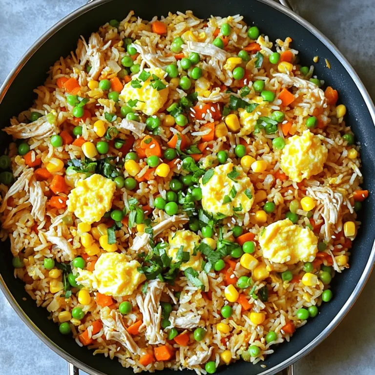 - 2 cups cooked jasmine rice (preferably day-old) - 1 cup cooked chicken, shredded or diced - 2 cups mixed vegetables (peas, carrots, corn) - 3 green onions, chopped - 2 eggs, lightly beaten - 3 tablespoons soy sauce - 1 tablespoon sesame oil - 2 cloves garlic, minced - Salt and pepper to taste - Optional: Sriracha for serving To make easy chicken fried rice, you need simple, fresh ingredients. Using day-old rice helps keep the dish from getting mushy. Fresh vegetables add color and crunch. Chicken provides protein and makes the meal filling. You can use leftover chicken for quick prep. The green onions give a nice crunch and fresh flavor. Eggs add richness and help bind everything together. Soy sauce brings in a savory taste, while sesame oil adds a nice nutty aroma. Garlic gives a lovely depth of flavor, making your fried rice even better. Feel free to add Sriracha for a spicy kick! The balance of these ingredients is what makes this dish a favorite for weeknight dinners. If you want the full recipe, check the section below. First, make sure your rice is cold. Cold rice prevents mushiness when cooked. Next, chop the green onions and get all your ingredients ready. You want everything at hand when you start cooking. In a large skillet, heat one tablespoon of sesame oil over medium heat. Add the beaten eggs. Scramble the eggs until they are fully cooked. Once done, set the eggs aside for later use. Now, add minced garlic to the same skillet. Sauté the garlic for about 30 seconds. You want it to be fragrant, but not burnt. Mix in your cooked chicken and the mixed vegetables. Cook this for about 3 to 4 minutes. You want the vegetables warmed through and the chicken heated. Add the cold rice to the skillet next. Make sure to break up any clumps as you stir-fry. Cook it for 4 to 5 minutes, mixing well with the chicken and vegetables. Pour soy sauce over the rice mixture. Stir it well so the soy sauce coats everything evenly. Add salt and pepper to your taste. Finally, fold in the scrambled eggs and the chopped green onions. Heat everything briefly to blend the flavors. Your easy chicken fried rice is now ready to serve! Don't forget to check out the Full Recipe for more details. Using day-old jasmine rice is key. It has the right texture. Freshly cooked rice can be too soft. Day-old rice is firmer and less sticky. This helps your fried rice stay separate and fluffy. Soy sauce is a must for rich flavor. It adds umami that enhances the dish. You can also add garlic, ginger, or sesame oil. These ingredients boost the taste even more. Feel free to experiment with spices. Each small change can create a new flavor. To avoid sticky rice, chill or steam it first. Cold rice breaks apart easily. If you use warm rice, it clumps together. This can ruin your fried rice. Make sure to follow this step for the best results. {{image_2}} You can switch up the protein in your fried rice. Shrimp, tofu, or pork work well. Each option brings its own taste and texture. If you like seafood, shrimp adds a sweet touch. Tofu is great for a plant-based meal. Just cube it and cook it until golden. For pork, try diced ham or cooked pulled pork. Each choice keeps the dish exciting and new. You can customize the veggies in your fried rice. Options like bell peppers, broccoli, or snap peas add color and flavor. You can use what you have on hand. Just chop them small so they cook evenly. Mixing in different vegetables adds nutrients and makes the dish fun. Try adding spinach for a pop of green or mushrooms for earthiness. If you like heat, add chili paste or fresh peppers. Sriracha is a great choice for a kick. Mix it in while cooking for a warm flavor. You can also add diced jalapeños for fresh spice. Adjust the amount to suit your taste. A little spice can wake up the whole dish and make it even better. For more details, check out the Full Recipe. Store your chicken fried rice in airtight containers. This keeps it fresh and tasty. Make sure it cools before sealing. You can keep it in the fridge for up to three days. When you store it well, it helps keep the flavors strong. You can freeze chicken fried rice for later use. First, let it cool completely. Then, pack it in freezer-safe bags. Remove as much air as you can to prevent freezer burn. It can stay in the freezer for up to three months. When you’re ready to eat, simply thaw it in the fridge overnight. To reheat without losing texture, use a skillet. Heat it on medium-low and add a splash of water. This adds moisture and helps the rice warm evenly. Stir it often for about five to seven minutes. You can also use the microwave. Just cover it with a damp paper towel. This keeps it from drying out. Enjoy your meal as if it’s freshly made! If you want to make this dish, check out the Full Recipe. Yes, you can use other rice types. Brown rice adds a nutty flavor. Basmati rice gives a fragrant touch. Both options can work well in this dish. Just make sure they are cooked properly. To make this dish gluten-free, use gluten-free soy sauce. Many brands offer great options. Check labels to find one that tastes good. This small swap keeps the flavor intact. You can easily make this fried rice vegetarian. Swap out chicken for tofu or tempeh. Add extra veggies like bell peppers, broccoli, or mushrooms. This adds flavor and texture to your meal. This chicken fried rice is a balanced meal. A serving has about 400 calories. It offers around 20 grams of protein. You also get essential vitamins from vegetables. It’s filling and nutritious. No wok? No problem! You can use a large skillet or frying pan. Just ensure it’s big enough to hold all the ingredients. Stir well to avoid burning and stickiness. For the complete recipe, check out the [Full Recipe]. Enjoy making this easy chicken fried rice! This blog post covered how to make simple chicken fried rice. You learned about key ingredients like jasmine rice and mixed vegetables. The steps to prepare and cook were laid out clearly. I shared tips to improve flavor and texture and offered some fun variations. Finally, you discovered storage and reheating methods. With this guide, you can enjoy a tasty meal or use leftovers wisely. Happy cooking!