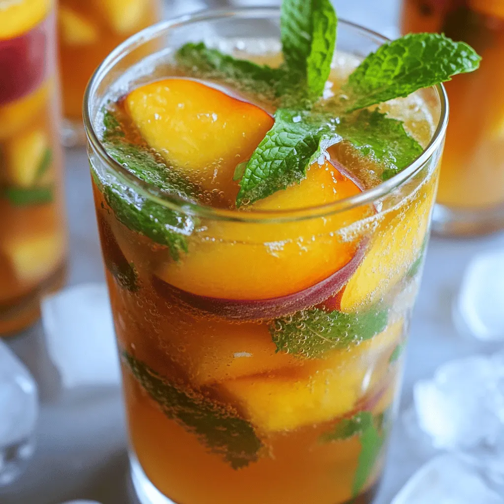 - 4 cups brewed peach kombucha - 1 medium ripe peach - 2 tablespoons fresh ginger - 2 tablespoons honey or agave syrup - Juice of 1 lime - Fresh mint leaves for garnish - Ice cubes For a great Ginger Peach Kombucha Cooler, you need fresh and simple ingredients. I like using brewed peach kombucha as the base. You can buy it or make your own. The peach flavor makes this drink fruity and sweet. Next, pick a medium ripe peach. The riper the peach, the better the taste. Slice it thinly for easy mixing. Fresh ginger adds a nice kick. Grate it to release its strong flavor. To sweeten it up, use honey or agave syrup. You can adjust the amount to your liking. A bit of lime juice gives the drink a zesty twist. Don’t forget the fresh mint leaves! They add a pop of color and a refreshing aroma. Finally, ice cubes are a must. They keep your drink cold and refreshing. You can find all these ingredients at your local grocery store. Ready to mix? Check out the Full Recipe. - Step 1: Combine main ingredients Start by taking a large pitcher. Pour in 4 cups of peach kombucha. Add 2 tablespoons of grated ginger, 2 tablespoons of honey or agave syrup, and the juice of 1 lime. Stir the mixture well until the honey dissolves completely. This step is key to blending the flavors. - Step 2: Prepare peach slices Next, take your medium ripe peach and slice it. Add the peach slices to the pitcher. Gently mash a few slices with a spoon. This releases their juices, boosting the drink's flavor. - Step 3: Assemble drink with ice Grab some tall glasses and fill each with ice cubes. Carefully pour the ginger peach kombucha mixture over the ice. Make sure each glass gets a nice amount of the fruity mix. - Step 4: Chill and serve Stir the drink gently to mix the flavors. Let it chill for a few minutes. Serve immediately and top each glass with fresh mint leaves. These add a nice touch to your drink. Enjoy your refreshing Ginger Peach Kombucha Cooler! For the full recipe, check the earlier section. - Use ripe peaches for sweetness: Ripe peaches taste better. Look for fruit that is soft and fragrant. They add natural sweetness to your drink. - Fresh ginger vs. powdered ginger: Fresh ginger gives a stronger flavor. It has a bright and spicy kick that powdered ginger lacks. Use fresh ginger for the best taste. - Adjusting sweetness with honey or agave: Honey and agave add sweetness. Start with two tablespoons, then taste. Add more if you like it sweeter. - Ideal glassware for serving: Use clear glasses. They show off the pretty colors of the drink. A tall glass works great for this cooler. - Pairing with snacks or appetizers: This drink pairs well with light snacks. Try it with fresh fruit, cheese, or crackers. These snacks enhance the drink's flavors. {{image_2}} You can switch up the fruits in this drink. Try adding strawberries, mangoes, or even blueberries. Each fruit gives a unique taste. You can also use frozen fruit for extra chill. When it comes to options, you can make this drink non-alcoholic or alcoholic. If you want an alcoholic version, add a splash of vodka or rum to your glass. It gives your drink a fun twist for summer parties. Herbs and spices can really boost flavor. Fresh mint or basil adds a nice touch. Just muddle them gently before adding the kombucha for the best flavor. You can also try adding a pinch of cinnamon or a dash of cayenne for some heat. Infusing with different flavors is another fun way to mix it up. You can add a slice of jalapeño for a spicy kick or some lavender for a floral note. Get creative! This drink can match your mood or the season with just a few simple changes. To keep your ginger peach kombucha cooler fresh, use a tight lid. Pour any leftovers into a clean glass jar. This way, you avoid extra air exposure. Store it in the fridge for up to three days. The longer it sits, the more sour it may taste. I recommend drinking it within two days for the best flavor. If you have leftover peaches, use them in smoothies or oatmeal. You can also chop them for fruit salads. For extra ginger, it works well in stir-fries or teas. If you want to save time, make a double batch of the kombucha drink. This way, you can enjoy it later. Just remember to store it properly. Check out the Full Recipe for more details on making this delicious drink! How is kombucha made? Kombucha is made by fermenting sweet tea. You need tea, sugar, and a SCOBY. The SCOBY is a culture of bacteria and yeast. It eats the sugar and makes the tea fizzy and tangy. You can find kombucha at stores or make it at home. What are the health benefits of kombucha? Kombucha has many health benefits. It may aid digestion because of probiotics. It can boost your immune system too. Some people say it gives them more energy. Kombucha also contains antioxidants that help fight free radicals. Can this recipe be made in advance? Yes, you can make this drink in advance. Just mix the kombucha, ginger, honey, and lime juice. Store it in the fridge. Add peach slices and ice just before serving. This keeps it fresh and tasty. What to do if it tastes too sour/sweet? If your drink is too sour, add more honey or agave syrup. This will balance the flavors. If it’s too sweet, add more lime juice or kombucha. Taste as you go to find the right mix. Fixing separation or muddling issues If your drink separates, give it a gentle stir before serving. This helps mix the flavors. If muddling occurs, try using a fine strainer. This will remove any large pieces of fruit or ginger. Calories per serving Each serving of the Ginger Peach Kombucha Cooler has about 80 calories. This can vary based on the honey or agave you use. Breakdown of ingredients' health benefits - Kombucha: Provides probiotics for gut health. - Peach: Offers vitamins A and C, which boost skin health. - Ginger: Aids digestion and may reduce inflammation. - Honey or agave: Adds natural sweetness and energy. - Lime: High in vitamin C and helps with hydration. - Mint leaves: Freshen breath and add flavor without calories. Enjoy making your Ginger Peach Kombucha Cooler with the Full Recipe! In this blog post, we explored a refreshing peach kombucha drink. We listed key ingredients, detailed steps, and shared helpful tips for optimal flavor. You learned how to customize the recipe and store leftovers effectively. Remember, fresh ingredients can make all the difference. Enjoy experimenting with flavors and variations that suit your taste. This drink is not just tasty but also packed with health benefits. Dive in and enjoy your delicious creation!