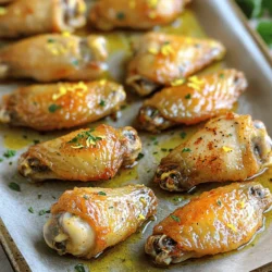 To make baked lemon garlic chicken wings, gather these items: - 2 pounds chicken wings - 1/4 cup olive oil - 1/4 cup lemon juice (freshly squeezed) - 4 cloves garlic, minced - 1 tablespoon lemon zest - 1 teaspoon dried oregano - 1 teaspoon smoked paprika - Salt and pepper to taste - Fresh parsley, chopped (for garnish) You will need a few tools for this recipe: - A large mixing bowl - A baking sheet - Parchment paper or aluminum foil - A sharp knife for chopping - A measuring cup and spoons These tools help you mix and bake the wings easily. I love using fresh ingredients for this recipe. Fresh lemon juice adds brightness. Fresh garlic gives a strong, vibrant flavor. Fresh parsley makes a lovely garnish. Dried herbs, like oregano, are great too. They are convenient and still tasty. Use dried if fresh is not available. Just remember, fresh often shines brighter in flavors. For the best taste, use fresh lemon juice and garlic when you can. It makes a big difference in your baked lemon garlic chicken wings. You can check the Full Recipe for more tips! First, gather all your ingredients. You need chicken wings, olive oil, lemon juice, garlic, lemon zest, oregano, smoked paprika, salt, and pepper. This mix makes a tasty marinade. Start by preheating your oven to 425°F (220°C). Line a big baking sheet with parchment paper. This helps with cleanup later. In a large bowl, mix olive oil, lemon juice, minced garlic, lemon zest, oregano, smoked paprika, salt, and pepper. Stir until well combined. Next, add the chicken wings to the bowl. Toss them until each wing is covered with the marinade. This step is key for flavor. Lay the wings in a single layer on the baking sheet. Make sure they are not crowded. Bake them for 35-40 minutes. Flip them halfway for even cooking. If you want extra crispiness, broil them for 2-3 minutes at the end. Watch closely to prevent burning. When done, let them rest for a few minutes and garnish with parsley. To get crispy wings, use a high oven temperature. Don’t skip the broiling step for crunch. Make sure to spread the wings out on the pan. Overcrowding leads to soggy skin. If you want to add flavor, try marinating overnight. This allows the wings to soak in the taste. Lastly, always check for doneness. The wings should be golden and juicy. For the full recipe, you can refer to the earlier section. To make your wings crispy, start with a dry surface. Pat the chicken wings dry with paper towels. This helps remove extra moisture. Use a high oven temperature of 425°F (220°C) for the best results. Flip the wings halfway through cooking. This ensures even crispiness on both sides. For extra crunch, broil them for a few minutes at the end. Watch them closely to avoid burning! For tasty wings, a good marinade is key. Mix olive oil, lemon juice, and minced garlic well. The acid from the lemon juice helps tenderize the meat. Let the wings marinate for at least 30 minutes. For more flavor, try marinating overnight in the fridge. Just remember to bring them to room temperature before baking for even cooking. Avoid overcrowding your baking sheet. This traps steam and makes the wings soggy. Ensure they have space to crisp up. Do not skip the drying step before marinating. Wet wings will not get crispy. Lastly, do not forget to flip them halfway through cooking. This simple step changes everything! For the full recipe, check out the baking instructions and ingredients list. Enjoy making these juicy, flavorful wings! {{image_2}} If you like heat, try adding hot sauce to your marinade. A tablespoon of your favorite hot sauce will add a nice kick. You could also mix in cayenne pepper. This spice will boost the flavor and heat. Adjust the amount to fit your taste. These spicy wings pack a punch and are great for game day. For a touch of sweetness, mix in honey. Add about two tablespoons of honey to your marinade. This will balance the tangy lemon and the strong garlic. It gives the wings a sticky, caramelized finish. These wings are perfect for those who enjoy sweet and savory flavors. Experiment with fresh herbs for more flavors. Add chopped rosemary or thyme to the marinade. These herbs pair well with lemon and garlic. You can also mix in citrus zest like lime or orange. This will add depth and a bright twist to your wings. Try these herb and citrus additions to elevate your dish. For all these variations, follow the Full Recipe to keep the base flavors intact. Enjoy creating your perfect baked lemon garlic wings! Once you finish your baked lemon garlic chicken wings, let them cool. Place them in an airtight container. You can keep them in the fridge for about 3 to 4 days. If you want to keep them longer, consider freezing them. This helps maintain their juicy flavor. When you are ready to eat your leftovers, reheating is key. Preheat your oven to 350°F (175°C). Place the wings on a baking sheet. Heat them for about 15 to 20 minutes. This keeps the skin crispy. You can also use a microwave, but it may make the wings less crispy. Just heat them in short bursts. To freeze your chicken wings, first, let them cool completely. Then, place them in a freezer-safe bag or container. Squeeze out as much air as you can before sealing. They will last for up to 3 months in the freezer. When you're ready to eat, thaw them in the fridge overnight. Then, reheat them as mentioned above. Enjoy your tasty wings anytime! For the full recipe, check out the complete guide above. Yes, you can use frozen chicken wings. Just remember to thaw them first. Thawing helps the wings cook evenly. You can leave them in the fridge overnight or use cold water. Once thawed, follow the Full Recipe for the best results. Bake chicken wings at 425°F for about 35-40 minutes. This gives them a nice golden color. Flip them halfway through for even cooking. If you like extra crispiness, broil them for 2-3 minutes at the end. Serve baked lemon garlic chicken wings with a fresh salad or veggie sticks. A side of ranch or blue cheese dressing adds a great touch. You can also pair them with rice or fries for a full meal. To make these wings in an air fryer, first, marinate them as per the recipe. Preheat the air fryer to 400°F. Place the wings in a single layer. Cook for 25-30 minutes, flipping halfway. Check for crispiness and adjust the time as needed. Marinating the wings is not strictly necessary, but it adds great flavor. The lemon and garlic seep into the meat, making them juicy and tasty. If you're short on time, you can skip this step, but marinating is worth it! You now have all the key steps to make delicious chicken wings. We explored the important ingredients, equipment, and tips for perfect baking. Remember to try different flavors and avoid common mistakes to get that extra crisp. Proper storage and reheating will keep your wings tasty for later. Whether spicy or sweet, enjoy experimenting with variations that excite your taste buds. Now, get ready to impress your friends and family with your new cooking skills!