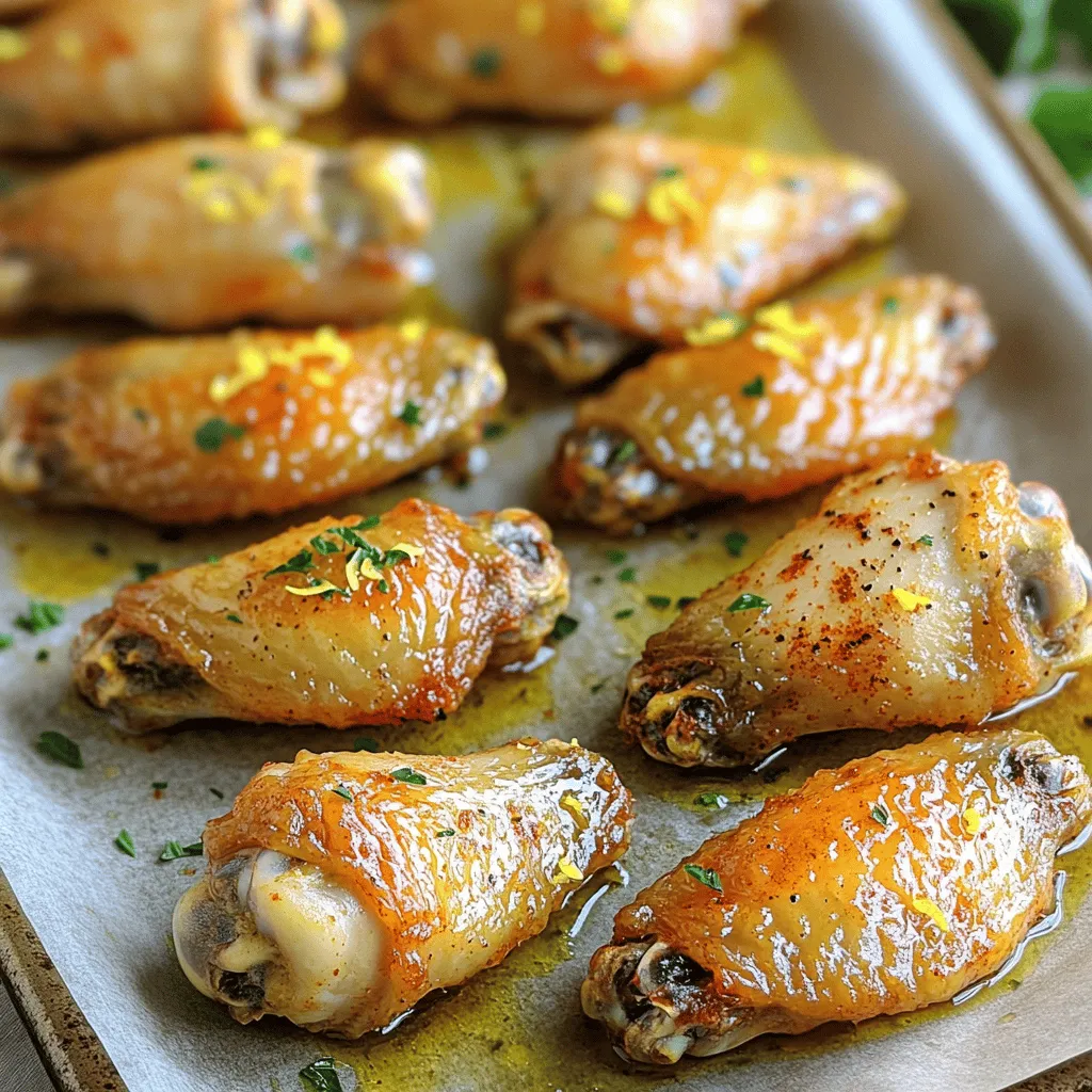 To make baked lemon garlic chicken wings, gather these items: - 2 pounds chicken wings - 1/4 cup olive oil - 1/4 cup lemon juice (freshly squeezed) - 4 cloves garlic, minced - 1 tablespoon lemon zest - 1 teaspoon dried oregano - 1 teaspoon smoked paprika - Salt and pepper to taste - Fresh parsley, chopped (for garnish) You will need a few tools for this recipe: - A large mixing bowl - A baking sheet - Parchment paper or aluminum foil - A sharp knife for chopping - A measuring cup and spoons These tools help you mix and bake the wings easily. I love using fresh ingredients for this recipe. Fresh lemon juice adds brightness. Fresh garlic gives a strong, vibrant flavor. Fresh parsley makes a lovely garnish. Dried herbs, like oregano, are great too. They are convenient and still tasty. Use dried if fresh is not available. Just remember, fresh often shines brighter in flavors. For the best taste, use fresh lemon juice and garlic when you can. It makes a big difference in your baked lemon garlic chicken wings. You can check the Full Recipe for more tips! First, gather all your ingredients. You need chicken wings, olive oil, lemon juice, garlic, lemon zest, oregano, smoked paprika, salt, and pepper. This mix makes a tasty marinade. Start by preheating your oven to 425°F (220°C). Line a big baking sheet with parchment paper. This helps with cleanup later. In a large bowl, mix olive oil, lemon juice, minced garlic, lemon zest, oregano, smoked paprika, salt, and pepper. Stir until well combined. Next, add the chicken wings to the bowl. Toss them until each wing is covered with the marinade. This step is key for flavor. Lay the wings in a single layer on the baking sheet. Make sure they are not crowded. Bake them for 35-40 minutes. Flip them halfway for even cooking. If you want extra crispiness, broil them for 2-3 minutes at the end. Watch closely to prevent burning. When done, let them rest for a few minutes and garnish with parsley. To get crispy wings, use a high oven temperature. Don’t skip the broiling step for crunch. Make sure to spread the wings out on the pan. Overcrowding leads to soggy skin. If you want to add flavor, try marinating overnight. This allows the wings to soak in the taste. Lastly, always check for doneness. The wings should be golden and juicy. For the full recipe, you can refer to the earlier section. To make your wings crispy, start with a dry surface. Pat the chicken wings dry with paper towels. This helps remove extra moisture. Use a high oven temperature of 425°F (220°C) for the best results. Flip the wings halfway through cooking. This ensures even crispiness on both sides. For extra crunch, broil them for a few minutes at the end. Watch them closely to avoid burning! For tasty wings, a good marinade is key. Mix olive oil, lemon juice, and minced garlic well. The acid from the lemon juice helps tenderize the meat. Let the wings marinate for at least 30 minutes. For more flavor, try marinating overnight in the fridge. Just remember to bring them to room temperature before baking for even cooking. Avoid overcrowding your baking sheet. This traps steam and makes the wings soggy. Ensure they have space to crisp up. Do not skip the drying step before marinating. Wet wings will not get crispy. Lastly, do not forget to flip them halfway through cooking. This simple step changes everything! For the full recipe, check out the baking instructions and ingredients list. Enjoy making these juicy, flavorful wings! {{image_2}} If you like heat, try adding hot sauce to your marinade. A tablespoon of your favorite hot sauce will add a nice kick. You could also mix in cayenne pepper. This spice will boost the flavor and heat. Adjust the amount to fit your taste. These spicy wings pack a punch and are great for game day. For a touch of sweetness, mix in honey. Add about two tablespoons of honey to your marinade. This will balance the tangy lemon and the strong garlic. It gives the wings a sticky, caramelized finish. These wings are perfect for those who enjoy sweet and savory flavors. Experiment with fresh herbs for more flavors. Add chopped rosemary or thyme to the marinade. These herbs pair well with lemon and garlic. You can also mix in citrus zest like lime or orange. This will add depth and a bright twist to your wings. Try these herb and citrus additions to elevate your dish. For all these variations, follow the Full Recipe to keep the base flavors intact. Enjoy creating your perfect baked lemon garlic wings! Once you finish your baked lemon garlic chicken wings, let them cool. Place them in an airtight container. You can keep them in the fridge for about 3 to 4 days. If you want to keep them longer, consider freezing them. This helps maintain their juicy flavor. When you are ready to eat your leftovers, reheating is key. Preheat your oven to 350°F (175°C). Place the wings on a baking sheet. Heat them for about 15 to 20 minutes. This keeps the skin crispy. You can also use a microwave, but it may make the wings less crispy. Just heat them in short bursts. To freeze your chicken wings, first, let them cool completely. Then, place them in a freezer-safe bag or container. Squeeze out as much air as you can before sealing. They will last for up to 3 months in the freezer. When you're ready to eat, thaw them in the fridge overnight. Then, reheat them as mentioned above. Enjoy your tasty wings anytime! For the full recipe, check out the complete guide above. Yes, you can use frozen chicken wings. Just remember to thaw them first. Thawing helps the wings cook evenly. You can leave them in the fridge overnight or use cold water. Once thawed, follow the Full Recipe for the best results. Bake chicken wings at 425°F for about 35-40 minutes. This gives them a nice golden color. Flip them halfway through for even cooking. If you like extra crispiness, broil them for 2-3 minutes at the end. Serve baked lemon garlic chicken wings with a fresh salad or veggie sticks. A side of ranch or blue cheese dressing adds a great touch. You can also pair them with rice or fries for a full meal. To make these wings in an air fryer, first, marinate them as per the recipe. Preheat the air fryer to 400°F. Place the wings in a single layer. Cook for 25-30 minutes, flipping halfway. Check for crispiness and adjust the time as needed. Marinating the wings is not strictly necessary, but it adds great flavor. The lemon and garlic seep into the meat, making them juicy and tasty. If you're short on time, you can skip this step, but marinating is worth it! You now have all the key steps to make delicious chicken wings. We explored the important ingredients, equipment, and tips for perfect baking. Remember to try different flavors and avoid common mistakes to get that extra crisp. Proper storage and reheating will keep your wings tasty for later. Whether spicy or sweet, enjoy experimenting with variations that excite your taste buds. Now, get ready to impress your friends and family with your new cooking skills!