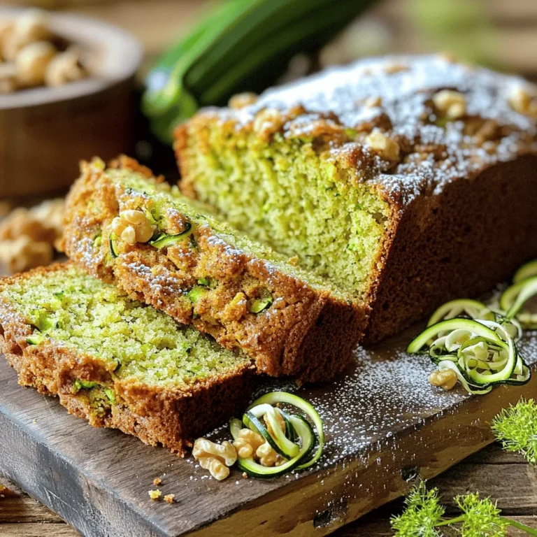 To make the best zucchini bread, you need some key ingredients. Here’s what you will need: - 2 cups grated zucchini (about 2 medium zucchini) - 1 cup all-purpose flour - 1 cup whole wheat flour - 1 teaspoon baking soda - 1/2 teaspoon baking powder - 1 teaspoon ground cinnamon - 1/2 teaspoon ground nutmeg - 1/2 teaspoon salt - 1/2 cup granulated sugar - 1/2 cup brown sugar, packed - 1/2 cup vegetable oil (or unsweetened applesauce for a lighter version) - 3 large eggs - 1 teaspoon vanilla extract These ingredients come together to create a soft and moist bread that is sure to please everyone. You can also add some fun twists to your zucchini bread. Here are some optional ingredients to consider: - 1/2 cup chopped walnuts or pecans - 1/2 cup chocolate chips These extras can add texture and sweetness, making your zucchini bread even more special. Whether you like nuts or chocolate, these options let you customize the bread to your taste. For the full recipe, check out the Ultimate Zucchini Bread. First, you need to grate the zucchini. Start with two medium zucchini, which gives you about two cups when grated. Use the large holes of a box grater for the best texture. After grating, measure the zucchini. Place it in a clean kitchen towel and squeeze out the excess water. This step helps keep the bread from getting soggy. In a large bowl, combine the grated zucchini with the sugars and vegetable oil or applesauce. Stir this mixture well until all the ingredients blend. Next, grab another bowl to whisk together the flours, baking soda, baking powder, cinnamon, nutmeg, and salt. This step ensures even distribution of the dry ingredients. Now, it’s time to combine the wet and dry ingredients. Gradually add the dry mix to the zucchini mixture. Stir gently until just combined; avoid overmixing to keep your bread light and fluffy. In a small bowl, beat the eggs and vanilla extract. Then, fold this into the batter. If you want, you can add nuts or chocolate chips for extra flavor. Pour the batter into a greased 9x5-inch loaf pan. Smooth the top with a spatula. Preheat your oven to 350°F (175°C) and bake for 50-60 minutes. To check for doneness, insert a toothpick in the center. If it comes out clean, your bread is ready. Let it cool in the pan for about 10 minutes before moving it to a wire rack. For the full recipe, check the details above. Enjoy your delicious zucchini bread! To avoid a soggy loaf, make sure to squeeze excess moisture from the grated zucchini. Place the zucchini in a clean kitchen towel and twist it tightly. This helps keep your bread light and fluffy. Another key tip is to avoid overmixing. When you combine the wet and dry ingredients, mix just until you see no dry flour. Overmixing can lead to a dense loaf. You can store zucchini in your fridge for up to a week. Keep it in a plastic bag with air holes. For baking, wash and grate the zucchini just before using. This way, it stays fresh. You can also freeze zucchini for later use. Simply grate and pack it into a freezer bag. It can last for up to three months in the freezer. For serving, slice the zucchini bread into thick pieces. You can serve it warm or let it cool. Dust the top with powdered sugar for a sweet touch. If you want to get fancy, drizzle a simple glaze made from powdered sugar and milk over the top. Add a few walnuts or ribbons of zucchini for decoration. These small touches make your bread look as good as it tastes! For the full recipe, check out the Ultimate Zucchini Bread. {{image_2}} You can make zucchini bread healthier with a few simple swaps. One great option is to use Greek yogurt instead of oil. This adds moisture and protein, making your bread lighter. If you need gluten-free options, you can try almond flour or a gluten-free blend. Both will change the texture a bit, but they will still taste great. Want to add some fun flavors? You can sprinkle in spices like nutmeg or stir in a splash of almond extract. These small tweaks will give your bread a nice twist. You can also mix in other fruits or veggies. Grated carrots or mashed bananas work well. They add extra moisture and flavor to your bread. Using seasonal ingredients can change your zucchini bread each time you make it. In summer, add fresh herbs like basil or mint for a unique taste. In fall, consider mixing in pumpkin or apple for a cozy flavor profile. Each season brings new ideas, so feel free to experiment! For the full recipe, check out the Ultimate Zucchini Bread. To keep your zucchini bread fresh, store it at room temperature. Wrap it tightly in plastic wrap or foil. This keeps it moist and prevents it from drying out. Place it in a bread box or a cool, dry spot. It should stay good for about 2 to 3 days. If you want to keep it longer, refrigerate it. Wrap the bread well to avoid drying. Zucchini bread can last 1 week in the fridge. For even longer storage, freeze it. Slice the bread before freezing for easy serving. Wrap each slice in plastic wrap, then place in a freezer bag. This way, you can take out what you need. When you're ready to enjoy your zucchini bread, reheating is simple. The best method is to use an oven. Preheat the oven to 350°F (175°C). Place the slices on a baking sheet and warm for about 10 minutes. This keeps the bread soft and tasty. You can also use a microwave for quick reheating. Place a slice on a microwave-safe plate. Heat for 15-20 seconds. Be careful not to overheat, as this can make the bread dry. Enjoy your warm zucchini bread with a spread of butter or cream cheese for a delightful treat! This recipe stands out for its balance of flavors and moist texture. The combination of granulated sugar and brown sugar adds depth. The whole wheat flour gives a nutty taste and boosts nutrition. Spices like cinnamon and nutmeg bring warmth. Grating zucchini keeps the bread moist, while the eggs help it rise. You can even add nuts or chocolate chips for extra crunch or sweetness. These features make every bite delicious. Yes, you can replace eggs easily. For each egg, use one of these options: - 1/4 cup unsweetened applesauce - 1/4 cup yogurt - 1/2 banana, mashed These choices keep the bread moist and tasty. They make this recipe vegan-friendly. Just remember, the flavor may change slightly, but it will still be good. Zucchini bread lasts about 3 to 5 days at room temperature. Keep it in an airtight container. You can also refrigerate it for up to a week. For longer storage, freeze it. Wrap the bread tightly in plastic wrap, then in foil. It can last for about 2 to 3 months in the freezer. Yes, you can use frozen zucchini. Thaw it first and drain excess water. This helps keep the bread from being soggy. Fresh zucchini offers a better texture, but frozen works in a pinch. Just remember to measure the zucchini after draining. Zucchini bread is great on its own, but you can serve it with: - Cream cheese for a rich spread - Butter for a classic touch - Jam or fruit preserves for sweetness It also pairs well with coffee or tea for breakfast or snacks. Enjoying it warm adds to the experience. For the full recipe, check out the Ultimate Zucchini Bread. Zucchini bread is a delightful treat you can easily make at home. Use fresh zucchini and the right mix of ingredients for great flavor and texture. Follow the steps provided, from grating zucchini to baking, and you'll achieve the perfect loaf. Remember to experiment with variations, like adding nuts or spices, to make it your own. With proper storage, you can enjoy it longer. Make this simple recipe, and delight in its rich taste today. Your kitchen will smell amazing!