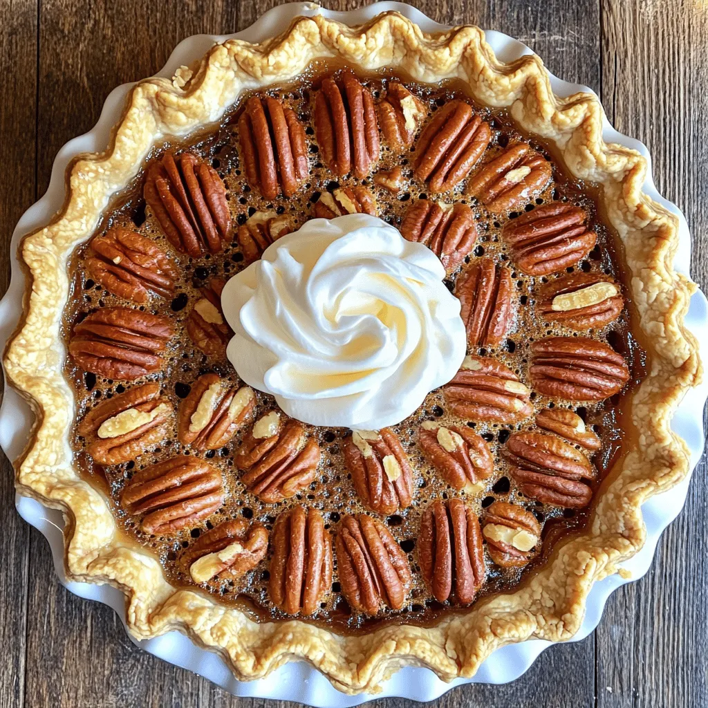 To make a great butter pecan pie, you need a few key ingredients. Here’s what you'll need: - 1 pie crust (store-bought or homemade) - 1 cup pecans, toasted and roughly chopped - 1/2 cup unsalted butter, melted - 1 cup brown sugar - 1/2 cup granulated sugar - 3 large eggs - 1/2 cup corn syrup - 1 teaspoon vanilla extract - 1/4 teaspoon salt These ingredients work together to create a rich and sweet pie. The toasted pecans add a nice crunch and deep flavor. The butter brings richness, while the sugars provide the perfect sweetness. You can add some fun twists to your butter pecan pie. Here are some optional ingredients: - Whipped cream for serving - A pinch of cinnamon for warmth - Dark chocolate chips for a sweet touch - A splash of bourbon for extra depth These options can help you personalize your pie. Experiment and find your favorite mix! Having the right tools makes baking easier. Here are some tools you should consider: - Mixing bowls for combining ingredients - A whisk to mix smoothly - A pie pan to hold your crust - Measuring cups and spoons for accuracy - An oven thermometer to check temperature Using these tools will help you create a perfect pie every time. Enjoy the process! For the full recipe, check out Butter Pecan Pie Delight 🥧. First, you need to get your pie crust ready. You can use a store-bought crust or make one from scratch. If you buy one, check if it needs pre-baking. If you make your own, roll it out flat. Next, press it into a 9-inch pie pan. Trim any extra edges. This gives your pie a nice look and keeps the filling in. Now, let’s make the filling. In a large mixing bowl, pour in the melted butter. Add brown sugar and granulated sugar. Whisk these together until the mix is smooth. Then, crack in the eggs, adding one at a time. Whisk well after each egg. This step helps your filling be light and fluffy. Next, stir in corn syrup, vanilla extract, and salt. Mix until everything is combined. Finally, gently fold in the toasted and chopped pecans. This adds crunch and flavor. You're almost there! Pour the filling into the prepared pie crust. Make sure it spreads evenly. Place the pie in a preheated oven at 350°F (175°C). Bake for about 50 to 55 minutes. The center should be set, and a toothpick should come out clean. It might jiggle a little when you take it out, but that’s okay. It will firm up as it cools. Let the pie cool completely at room temperature. This step is key for the best texture. Once cool, slice it up and enjoy! For an extra touch, serve with whipped cream. For the complete recipe, check out the Full Recipe. Toasting pecans gives them a rich, deep taste. Start by spreading the pecans on a baking sheet. Set your oven to 350°F (175°C). Bake for about 8-10 minutes. Keep an eye on them; nuts can burn quickly. You want them golden brown and fragrant. Let them cool before you chop them. Toasted pecans add a great crunch and flavor to your pie. Every oven is a bit different. If your oven runs hot, check your pie a few minutes early. For a cooler oven, it may need a bit more time. The pie is ready when the center is set, and a toothpick comes out clean. You want a slight jiggle, but not too much. Remember, the pie will firm up as it cools. Slice your pie with a sharp knife for clean cuts. Serve it warm or at room temperature. A dollop of whipped cream makes it even better. For a twist, add a sprinkle of sea salt on top. This contrast enhances the sweetness of the pie. Enjoy your delicious butter pecan pie with friends and family! For the complete recipe, check out the Full Recipe. {{image_2}} You can make a vegan version of butter pecan pie. Use plant-based butter instead of regular butter. For the eggs, use a flaxseed mixture. Mix one tablespoon of ground flaxseed with three tablespoons of water. Let it sit for five minutes to thicken. This mixture works great as a binder. The taste remains rich and sweet, just like the original. For a gluten-free butter pecan pie, choose a gluten-free pie crust. You can find these at many stores. Ensure the filling ingredients are gluten-free too. Most sugars and corn syrup are safe. This way, everyone can enjoy a slice without worry. You can add fun flavors to your pie. For chocolate lovers, mix in half a cup of chocolate chips. They melt and create pockets of gooey chocolate. If you want a hint of warmth, add a tablespoon of bourbon. This gives a nice depth to the pie. Experiment with flavors to make it your own! For the full recipe, check out the detailed instructions above. To keep your pie fresh, store it in the fridge. Place slices in an airtight container. If you have a whole pie, cover it tightly with plastic wrap. This helps keep it moist and tasty. Leftover pie can last about three to four days in the fridge. If you want to keep your pie longer, freezing is a great option. First, let the pie cool completely. Wrap it in plastic wrap, then in aluminum foil. This double wrap prevents freezer burn. You can freeze your pie for up to three months. When you’re ready to eat it, just thaw it in the fridge overnight. To reheat your pie, avoid the microwave if possible. It can make the crust soggy. Instead, use the oven. Preheat your oven to 350°F (175°C). Place the pie on a baking sheet and cover it with foil. Heat for about 15-20 minutes. This keeps the crust crisp and the filling warm. Enjoy your pie just like it was fresh! To make a pie crust from scratch, start with cold ingredients. Use 1 cup of all-purpose flour and 1/4 teaspoon of salt. Cut in 1/2 cup of cold butter until it looks like crumbs. Add 2-3 tablespoons of ice water, one at a time, until the dough holds together. Roll the dough on a floured surface to fit your pie pan. Chill it for 30 minutes before using. This makes a flaky and tasty crust. Yes, you can use different nuts in your butter pecan pie. Walnuts or hazelnuts work well as substitutes. They give a nice crunch and flavor. Just chop them roughly before mixing into the filling. Toasting the nuts first enhances their taste. Always choose nuts that you enjoy for the best results. You can tell when the butter pecan pie is done by checking the center. Insert a toothpick into the filling. If it comes out clean, the pie is ready. The edges should be firm, while the center may have a slight jiggle. This jiggle will set as the pie cools. Allow the pie to cool completely before slicing. Enjoy every slice of this simple and irresistible delight. For more details, check the Full Recipe. You learned about the key ingredients for butter pecan pie and variations to try. We covered how to prep the crust and mix the filling. I shared tips for serving and storing your pie. Remember, you can make this dessert vegan or gluten-free. Try adding chocolate or bourbon for extra flavor. With a few simple steps, you'll create a delicious pie that everyone will love. Enjoy baking your perfect butter pecan pie!