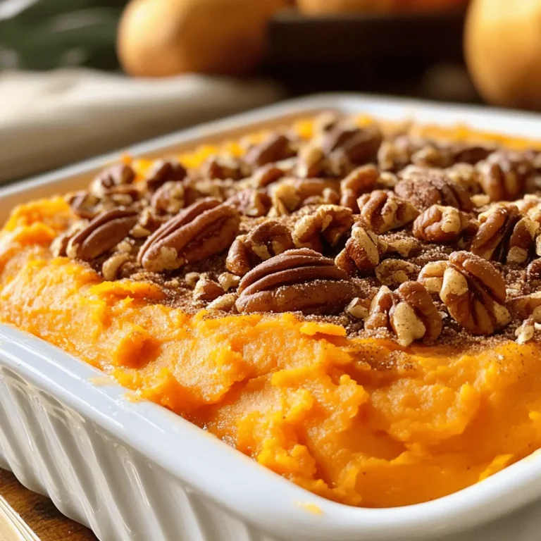 To make a delicious sweet potato casserole with pecan topping, you need to gather a few key ingredients. Each component plays a vital role in creating that comforting and sweet flavor we all love. - Sweet Potatoes: 4 large, peeled and cubed - Sweeteners and Dairy: - 1/2 cup brown sugar - 1/4 cup butter, melted - 1/2 cup whole milk - Eggs and Spices: - 2 large eggs - 1 teaspoon vanilla extract - 1/2 teaspoon ground cinnamon - 1/4 teaspoon nutmeg - 1/4 teaspoon salt - Pecan Topping Ingredients: - 1 cup pecans, chopped - 1/4 cup all-purpose flour - 1/4 cup granulated sugar These ingredients blend together to create the perfect sweet potato casserole. The sweet potatoes give it a creamy base, while the pecans add crunch and flavor. You can find the full recipe to help you through the cooking steps. Boiling and mashing sweet potatoes First, fill a large pot with water and bring it to a boil. Add the cubed sweet potatoes to the water. Cook them for about 15 to 20 minutes. They should be tender when you poke them with a fork. After cooking, drain the sweet potatoes and let them cool for a few minutes. Mixing ingredients for the casserole Next, mash the sweet potatoes in a large mixing bowl. Aim for a smooth texture. Once mashed, add in the brown sugar, melted butter, whole milk, and vanilla extract. Crack the eggs into the bowl, and sprinkle in the ground cinnamon, nutmeg, and salt. Mix everything well until combined. This mixture is the base of your casserole. Making the pecan topping In another bowl, combine the chopped pecans, all-purpose flour, granulated sugar, and a pinch of salt. Mix these ingredients together to create a crumbly texture. This topping adds a crunchy and sweet layer to your casserole. Preheating the oven Before you bake, preheat your oven to 375°F (190°C). This step is crucial to ensure even cooking. Combining casserole and topping After mixing the casserole, transfer it into a greased 9x13 inch baking dish. Spread the sweet potato mixture evenly in the dish. Then, take the pecan topping and sprinkle it over the sweet potato layer. Make sure to cover it well for the best flavor. Baking time and temperature Place the dish in the preheated oven. Bake for 25 to 30 minutes. Look for a golden brown topping and ensure the casserole is heated through. Once done, let it cool for a few minutes before serving. For the full recipe with all the details, check out the [Full Recipe]. How do you tell when sweet potatoes are tender? You can check by poking them with a fork. If the fork slides in easily, they are done. Remember, overcooking can make them too soft. To achieve the perfect consistency, mash the sweet potatoes well. Use a potato masher or a fork. Mix in your other ingredients slowly. This helps to blend everything smoothly. For presentation, serve the casserole warm. Add a sprinkle of cinnamon on top. A few whole pecans make it look fancy. You can also use a pretty dish to serve it. What dishes go well with sweet potato casserole? It pairs nicely with roasted turkey or ham. You can also serve it with green beans or a fresh salad. This adds color and balance to your meal. For the full recipe, check out the [Full Recipe]. {{image_2}} You can easily adapt this sweet potato casserole for different diets. If you want a dairy-free option, consider using almond milk or coconut milk. These choices keep the dish creamy while avoiding dairy. For a vegan version, swap the eggs with flax eggs. Just mix one tablespoon of ground flaxseed with two and a half tablespoons of water and let it sit for five minutes. If you want to change the nuts, you have options too. Walnuts or almonds can replace pecans. Both add a nice crunch and unique flavor. Just chop them to the same size as pecans for even baking. Spices can really enhance your casserole. Try adding a pinch of cayenne pepper for a touch of heat. You can also mix in some ginger for warmth. These small changes can transform the flavor profile. Fruits can add natural sweetness and variety. Chopped apples or pears work well mixed in with the sweet potatoes. If you like a tropical twist, try adding crushed pineapple. This will make your casserole more vibrant and bursting with flavor. Feel free to explore these variations to make your sweet potato casserole uniquely yours. For the complete recipe, check out the Full Recipe. To keep your sweet potato casserole fresh, store it in the fridge. Use an airtight container or cover it tightly with plastic wrap. This will help keep the flavors great for up to four days. If you want to freeze it, let the casserole cool first. Then, place it in a freezer-safe container. You can also wrap it tightly with foil. This will keep it good for up to three months. When you’re ready, just thaw it in the fridge overnight before reheating. To reheat your sweet potato casserole, use the oven. Preheat it to 350°F (175°C). Place the casserole in a baking dish. Add a few drops of milk to keep it moist. Cover with foil to avoid drying out. Heat for about 20 minutes or until it’s warm all the way through. This method keeps the topping nice and crisp. Enjoy the deliciousness of your sweet potato casserole again! For the full recipe, check out the Sweet Potato Casserole with Pecan Topping. Yes, you can prepare this casserole the day before. Just follow the steps in the Full Recipe, but stop before baking. Cover the dish with plastic wrap and place it in the fridge. When you're ready to bake, let it sit at room temperature for 30 minutes. Then, bake it as directed. This saves you time on busy days and lets the flavors blend. The casserole is done when the topping turns golden brown. You can also insert a toothpick into the center. If it comes out clean, the casserole is ready. Keep an eye on it in the last few minutes of baking. This way, you won't overcook it. I often check it a few minutes early just to be safe. Serve the casserole warm for the best taste. You can add a sprinkle of cinnamon or a few whole pecans on top for a nice look. This adds a touch of elegance to your dish. It pairs well with roasted meats or a fresh salad. Enjoy it as a side at holiday dinners or casual gatherings. You now have a complete guide to making sweet potato casserole. We covered all the ingredients, from sweet potatoes to pecans. I shared each step, from boiling to baking, to ensure perfect results. I also included tips for serving and storing your dish. In conclusion, this recipe is easy and fun. With your creativity, you can make it your own. Enjoy making this dish for friends and family. It’s sure to be a crowd-pleaser at any meal!