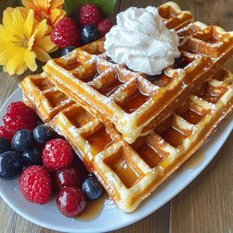 - 4 slices of thick bread (Brioche or Challah) - 2 large eggs - 1 cup milk (dairy or non-dairy) - 1 teaspoon vanilla extract - 1 teaspoon ground cinnamon - 1 tablespoon sugar (optional) - Pinch of salt - Butter or cooking spray for the waffle iron - Maple syrup, fresh berries, or whipped cream for serving For French toast waffles, you want quality ingredients. I love using thick slices of Brioche or Challah bread. They soak up the egg mixture well, giving you a rich and tasty bite. You can use any milk you like, whether dairy or non-dairy. Each option adds its own flavor. Eggs are key for a soft texture. I recommend using two large eggs. The vanilla extract adds a sweet aroma, while cinnamon brings warmth. If you want a little extra sweetness, add sugar. A pinch of salt balances all the flavors. Don’t forget about the butter or cooking spray for your waffle iron. This step helps the waffles not stick. Finally, choose your toppings wisely! Maple syrup, fresh berries, and whipped cream make for a delightful finish. Check out the Full Recipe for all the steps! - Preheat your waffle iron and prepare cooking spray. This helps prevent sticking. - In a large bowl, whisk together the eggs, milk, vanilla, cinnamon, sugar, and salt. Mix until smooth. - Dip each slice of bread into the egg mixture. Make sure both sides get coated. Let excess liquid drip back into the bowl. - Place the soaked bread slices in the waffle iron. You can fit 2-4 slices, depending on size. - Close the waffle iron and cook for 4-5 minutes. You want them golden brown and crispy. - Once cooked, carefully remove the French toast waffles. Keep them warm in an oven on low heat. Repeat with remaining slices. - Serve the waffles warm. Top with maple syrup, fresh berries, or whipped cream. Enjoy your tasty breakfast delight! Choosing the best bread is key to great flavor. I recommend thick slices of Brioche or Challah. They soak up the egg mix well and give a soft center. To keep your French toast waffles crispy, don’t skip the preheating step. A hot waffle iron seals in moisture and gives a nice crunch. Also, use a light coat of butter or cooking spray. To avoid soggy waffles, dip the bread quickly in the egg mix. Let the excess drip off before placing it in the iron. This helps keep the texture just right. A good waffle iron makes a big difference. I suggest a non-stick model with adjustable heat settings. It lets you control how crispy your waffles get. Other kitchen tools can help too. Use a whisk for mixing the egg mixture. A spatula is great for safely lifting waffles out of the iron. A measuring cup ensures you use the right amount of milk. For the full recipe, check out Sunny French Toast Waffles. Enjoy your cooking! {{image_2}} You can easily make your French toast waffles unique. Adding chocolate chips to the batter brings a sweet twist. I love using dark chocolate chips for a rich taste. You can also add fresh fruit like blueberries or sliced bananas. They not only taste great but also add a pop of color. Flavored syrups are another fun way to change things up. Try using maple syrup infused with vanilla or cinnamon. You can even make your own fruit syrup by cooking down berries with a bit of sugar. This adds a fresh, fruity note to your breakfast. Making French toast waffles gluten-free is simple. You can use gluten-free bread instead of regular bread. Many stores offer great options that taste amazing. Just check the ingredients to ensure they suit your diet. For vegan alternatives, swap the eggs with flaxseed meal or chia seeds mixed with water. Use plant-based milk like almond or oat milk instead of dairy. These changes keep your waffles tasty and suitable for everyone, even if they follow a vegan diet. For the full recipe, check out the Sunny French Toast Waffles. To keep your French toast waffles fresh, store them in the fridge. Use an airtight container. Make sure they cool down before sealing the container. This helps keep them from getting soggy. You can store them for up to three days. For freezing, lay the waffles on a baking sheet. Freeze them for about an hour. Then, transfer the frozen waffles to a freezer bag. Remove as much air as possible. These can last up to two months in the freezer. When it’s time to eat your leftovers, you have options. The best way is to use a toaster or an oven. This keeps them crispy. Heat them at 350°F for about 5 to 10 minutes. You can also use a microwave, but this may make them soft. If you choose this method, place a paper towel under the waffles. This helps absorb moisture. For serving, try adding fresh fruit, syrup, or whipped cream. These toppings can make leftovers feel fresh and fun again. How do I make sure my French toast waffles are crispy? To get crispy French toast waffles, use thick bread. Brioche or Challah works best. Make sure your waffle iron is hot. Cook the waffles until they turn golden brown. Avoid adding too much batter. Too much egg mix can make them soggy. Can I prepare the batter in advance? Yes, you can prepare the batter ahead of time. Just mix the eggs, milk, vanilla, cinnamon, and other ingredients. Store the mix in the fridge. Use it within 24 hours for the best taste. Give it a quick stir before using. What's the difference between French toast and French toast waffles? The main difference lies in the cooking method. French toast cooks on a skillet. It’s flat and often softer. French toast waffles use a waffle iron. This makes them crispy and fluffy. The shape differs too, giving you those delightful pockets for syrup! For the full recipe, check out Sunny French Toast Waffles 🥞. You learned how to make delicious French toast waffles using simple ingredients. I shared steps for preparation and cooking. I also provided tips to enhance flavor and avoid soggy waffles. You can even customize these waffles to fit your diet. Remember to store any leftovers properly for best taste. Enjoy your cooking journey and have fun creating your own flavor combos. Try different toppings and variations to make it uniquely yours!