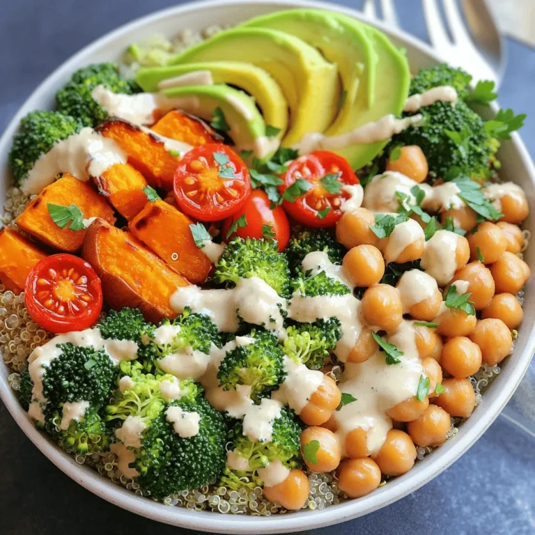 For a tasty Vegan Buddha Bowl, gather these fresh ingredients: - 1 cup quinoa, rinsed - 2 cups vegetable broth - 1 cup chickpeas, drained and rinsed - 1 medium sweet potato, peeled and cubed - 1 cup broccoli florets - 1 cup cherry tomatoes, halved - 1 avocado, sliced - 2 tablespoons tahini - 2 tablespoons lemon juice - 1 tablespoon olive oil - 1 teaspoon garlic powder - Salt and pepper to taste - Fresh parsley, chopped (for garnish) This bowl is packed with nutrients. Quinoa offers protein and fiber. Sweet potatoes add vitamins and minerals. Chickpeas give you more plant-based protein and fiber. Broccoli provides vitamins C and K. Cherry tomatoes add antioxidants. Avocado brings healthy fats. Tahini offers calcium and iron. This meal keeps you full and nourished. You can mix it up based on what you have. Use brown rice or farro instead of quinoa. If you dislike sweet potatoes, try butternut squash or carrots. For a protein boost, add lentils or tofu. Don’t have tahini? Use peanut butter or yogurt instead. Customize it to fit your taste! To make a vegan Buddha bowl, start by gathering your ingredients. You need quinoa, chickpeas, sweet potato, broccoli, cherry tomatoes, and avocado. These ingredients create a colorful and tasty meal. You can also prepare the tahini dressing while you cook. This dressing adds flavor and creaminess to the bowl. Cooking quinoa is simple. Rinse one cup of quinoa under cold water. This removes any bitter taste. In a medium saucepan, combine the rinsed quinoa with two cups of vegetable broth. Bring the mixture to a boil over medium heat. Once boiling, reduce the heat to low. Cover the pan and let it simmer for 15 minutes. After 15 minutes, check if the liquid is absorbed. If it is, remove it from the heat and fluff it with a fork. This fluffy quinoa will be the base of your bowl. Roasting the vegetables adds great flavor. Preheat your oven to 400°F (200°C). On a baking sheet, toss the cubed sweet potato with olive oil, garlic powder, salt, and pepper. Spread them out in a single layer. Roast these for 20-25 minutes until they are tender and slightly caramelized. While the sweet potato roasts, prepare the broccoli. In the last 10 minutes, add the broccoli florets to the baking sheet. Roast them alongside the sweet potato until they are tender. This method keeps the veggies bright and tasty. Now, you can move on to assembling your vibrant vegan Buddha bowl. For the full recipe, check out the instructions above. To make your Vegan Buddha Bowl exciting, blend flavors and textures. Use creamy avocado with crunchy vegetables. Pair sweet roasted sweet potatoes with savory chickpeas. You can also add a tangy dressing to brighten each bite. Think about taste balance as sweet, salty, sour, and bitter. This way, each spoonful brings joy. A colorful bowl makes your meal inviting. Start with a base of quinoa. Then, arrange each component in neat sections. Use bright cherry tomatoes, green broccoli, and golden sweet potatoes. This adds a feast for the eyes. You can drizzle extra tahini on top and sprinkle with sesame seeds for flair. Remember, we eat with our eyes first! Dressings can change the whole meal. For a nutty taste, use tahini mixed with lemon juice. You can try adding maple syrup for sweetness. For a spicy kick, add chili flakes or sriracha. A simple olive oil and vinegar mix works great too. Feel free to experiment until you find your favorite! For the full recipe, check [Full Recipe]. {{image_2}} You can swap chickpeas for other proteins. Try black beans, lentils, or edamame. Each option adds a unique flavor and texture. If you want more protein, use tofu or tempeh. Both can be marinated and grilled for extra taste. You can also use seitan, which has a meat-like texture. These choices keep your meal tasty and satisfying. Using seasonal ingredients makes your bowl fresh and vibrant. In spring, add asparagus or peas for a crisp bite. Summer calls for zucchini and corn, which bring sweetness. Fall is perfect for roasted root veggies like carrots and beets. In winter, try adding kale or Brussels sprouts, which are hearty and filling. This way, your Buddha bowl stays exciting all year round. Boost your bowl's flavor with simple toppings. Sprinkle seeds like pumpkin or sunflower seeds for crunch. Use fresh herbs like basil or cilantro for a burst of freshness. A squeeze of lime or lemon juice brightens the dish. For a kick, add red pepper flakes or a spicy sauce. These tweaks make your meal more delicious and fun. Store your Vegan Buddha Bowl leftovers in a tight container. Use glass or plastic containers with lids. Keep them in the fridge. They stay fresh for about three days. Make sure to keep the dressing separate. This helps the veggies stay crisp. To reheat, use the microwave for quick warming. Heat for one to two minutes. Stir halfway through for even warmth. You can also reheat on the stove. Add a splash of water to the pan. This helps steam the veggies and keeps them tender. You can freeze your Buddha Bowl for longer storage. Pack the quinoa, chickpeas, and roasted veggies in freezer-safe bags. Remove as much air as you can. They keep well for up to three months. When ready to eat, thaw overnight in the fridge. Then reheat as needed. Avoid freezing fresh veggies like avocado or tomatoes, as they can get mushy. A vegan Buddha bowl is a colorful, healthy meal. It typically includes grains, veggies, and protein. You can mix and match ingredients to suit your taste. This dish is fun because it is both tasty and pretty. You can use quinoa, rice, or barley as a base. Add fresh greens, roasted vegetables, and legumes for protein. To make your Buddha bowl more filling, add extra protein and healthy fats. Use chickpeas, beans, or lentils for protein. Nuts and seeds also work great. You can include avocado for healthy fats too. Adding more grains, like brown rice or farro, fills up the bowl. Don't forget to use a tasty dressing to enhance flavors. Yes, you can prep a Buddha bowl in advance. Cook grains and roast your veggies ahead of time. Store them in the fridge for easy access. Keep the dressing separate until you're ready to eat. This way, your bowl stays fresh and tasty. You can enjoy your meal in just a few minutes. For the full recipe, check out the Vibrant Vegan Buddha Bowl. In this article, we explored how to create a delicious Buddha bowl. We covered key ingredients, their nutrition, and helpful substitutions. You learned step-by-step instructions for cooking quinoa and roasting veggies. Our tips improved flavors and made your bowl stand out. Variations offered protein options and seasonal ideas. We also shared storage tips to keep leftovers fresh. Now, you can enjoy making this healthy meal anytime. Go ahead and experiment with different flavors and ingredients to make it your own!